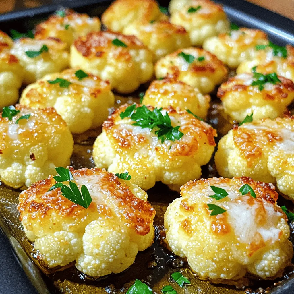 - 1 medium head of cauliflower, cut into bite-sized florets - 3 tablespoons extra virgin olive oil - 4 cloves garlic, finely minced - 1/2 cup freshly grated Parmesan cheese - 1 teaspoon smoked paprika - 1/2 teaspoon dried Italian seasoning - Salt and freshly cracked black pepper - Fresh parsley, chopped When choosing your cauliflower, look for a head that feels heavy and has tight florets. This ensures freshness and great flavor. The olive oil is key for a crispy texture. It helps the cauliflower brown and adds richness. Garlic brings a strong flavor that pairs well with the cheese. I love using freshly minced garlic for the best taste. Smoked paprika adds a subtle depth. It gives a warm, smoky flavor that elevates the bites. The dried Italian seasoning adds a blend of herbs. This gives a nice herbal note without being overpowering. Salt and black pepper enhance all the flavors. Use fresh cracked black pepper for a bit of heat. Finally, fresh parsley not only adds color but also a bright flavor. It is the perfect finishing touch. These ingredients come together for a tasty snack. - Preheat the oven to 425°F (220°C). - Prepare the baking sheet with parchment paper. First, take your medium head of cauliflower and cut it into bite-sized florets. In a large bowl, add 3 tablespoons of extra virgin olive oil. Toss the florets in the oil until they are well coated. Next, add 4 cloves of finely minced garlic, 1 teaspoon of smoked paprika, and 1/2 teaspoon of dried Italian seasoning. Don't forget to add salt and freshly cracked black pepper to taste. Mix everything well to ensure the flavors blend. Now, transfer the seasoned cauliflower to the prepared baking sheet. Spread the florets out in a single layer. This step helps them roast evenly. Roast the cauliflower in the oven for about 20 minutes. Remember to stir them halfway through to make sure they brown well and become tender. After 20 minutes, take the baking sheet out and sprinkle 1/2 cup of freshly grated Parmesan cheese over the hot cauliflower. Return it to the oven for another 5 minutes until the cheese melts and gets bubbly. This step adds a lovely golden crust. Once done, remove it from the oven and garnish with chopped fresh parsley. Enjoy your warm Garlic Parmesan Cauliflower Bites! To make your Garlic Parmesan Cauliflower Bites truly shine, even roasting is key. Spread the florets in a single layer on your baking sheet. This helps them cook evenly and get that nice golden color. If your cauliflower is too wet, it can steam instead of roast. To remove excess moisture, let the florets sit for a while after washing. Pat them dry with a kitchen towel to ensure they roast perfectly. Spicing things up can transform your bites. Besides the garlic and paprika, try adding a pinch of cayenne for some heat. You can also experiment with other spices like cumin or curry powder. To balance the flavors, add a splash of lemon juice or vinegar. This acidity brightens the dish and makes it even more tasty. Serving your Garlic Parmesan Cauliflower Bites in a rustic dish adds charm. A wooden platter or a simple white bowl works well. For garnishes, sprinkle extra parsley on top for color. You can also add some lemon wedges on the side. They add a fresh touch and can enhance the flavor when squeezed over the bites. {{image_4}} You can change the taste of your Garlic Parmesan Cauliflower Bites in fun ways. Adding different cheeses can bring new flavors. Try mixing in sharp cheddar or creamy mozzarella. Each cheese adds its own twist. If you like heat, spice it up with hot sauce. A dash of your favorite hot sauce can kick things up a notch. You can adjust the amount to fit your taste. If you are vegan, there are cheese options that fit your diet. Vegan cheese can replace Parmesan. Look for brands that melt well for the best results. For those who need gluten-free options, this dish is naturally gluten-free. Just check the labels on your seasonings to be safe. Want to try something different? Use an air fryer! Set it to 400°F (200°C) and cook for about 12 minutes. Shake the basket halfway through for even cooking. Grilling is another great option. Toss the seasoned florets in a grill basket. Cook them on medium heat for about 10 to 15 minutes. This adds a nice smoky flavor. Experimenting with these variations can keep your Garlic Parmesan Cauliflower Bites exciting and tasty! Store your Garlic Parmesan Cauliflower Bites in an airtight container. Allow them to cool completely first. You can keep them in the fridge for about 3 to 4 days. This way, you can enjoy them later without losing much flavor! To reheat, use your oven for the best results. Preheat it to 350°F (175°C). Place the bites on a baking sheet and heat for about 10 to 15 minutes. This keeps them crispy. You can also use an air fryer. Set it to 350°F (175°C) for about 5 to 7 minutes. Avoid the microwave, as it can make them soggy. For long-term storage, you can freeze these bites. After cooking, let them cool completely. Place them in a freezer-safe bag or container. They can last up to 3 months in the freezer. When ready to eat, thaw them in the fridge overnight. To reheat, follow the same oven or air fryer methods mentioned earlier. This way, you keep the yummy texture and flavor intact! To make your Garlic Parmesan Cauliflower Bites crispy, follow these tips: - Use high heat: Roasting at 425°F (220°C) gives a great crunch. - Spread out the florets: Lay them in a single layer on the baking sheet. - Don’t overcrowd: Give the cauliflower space to brown and crisp. - Stir halfway: This helps ensure all sides get golden and crispy. - Add cheese at the end: Sprinkle Parmesan near the end for a crunchy top. Yes, you can use frozen cauliflower, but it may need some tweaks. - Thaw and drain: Frozen cauliflower has more water. Thaw and pat it dry. - Roast longer: Frozen florets may take a bit longer to become tender and crispy. Using fresh cauliflower, however, gives the best texture and flavor. These bites pair well with various dips and main dishes. - Dipping sauces: Try ranch, lemon aioli, or spicy sriracha for zest. - Main dishes: Serve them alongside grilled chicken, steak, or as a veggie side for pasta. These options enhance the flavors and create a delightful meal. This blog shared a simple recipe for Garlic Parmesan Cauliflower Bites. We covered the main ingredients, step-by-step cooking instructions, and tips for the best texture. You learned about flavor variations, dietary options, and storage advice. In summary, these bites are versatile and easy to make. Whether you want a tasty snack or a side dish, this recipe fits the bill. Enjoy the crunch and flavor while exploring your own twists!