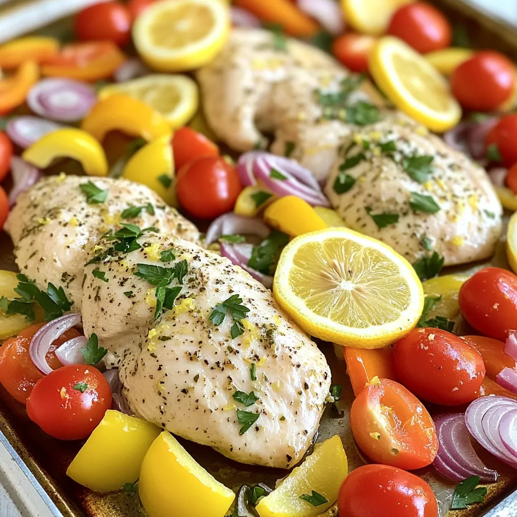 To make Sheet-Pan Lemon Herb Chicken, gather these ingredients: - 4 boneless, skinless chicken breasts - 2 lemons (one for juice and one sliced) - 3 tablespoons extra-virgin olive oil - 4 cloves of garlic, finely minced - 2 teaspoons dried oregano - 2 teaspoons dried thyme - 1 teaspoon smoked paprika - Sea salt and freshly cracked black pepper to taste - 1 cup cherry tomatoes, halved - 1 bell pepper (any color), sliced into thin strips - 1 medium red onion, cut into wedges - A handful of fresh parsley, chopped (for garnish) Both fresh and dried herbs can work well in this recipe. - Fresh Herbs: They offer a bright flavor. Use them if you have them on hand. Just chop them finely and add them in place of dried herbs. - Dried Herbs: They are convenient and have a long shelf life. Use about one-third of the amount of dried herbs compared to fresh ones. They still pack a great flavor punch! Garnishes can add flair to your dish. Consider these options: - Fresh parsley: Sprinkle it on top before serving for a fresh touch. - Lemon slices: Add these for extra zest and color. - Red pepper flakes: If you like a little heat, sprinkle some on. These garnishes not only make the dish look better but also enhance the taste. Enjoy experimenting to find your favorite combinations! First, set your oven to 425°F (220°C). This hot temperature helps the chicken cook fast and brown well. While it heats, gather your ingredients. You will need boneless chicken breasts, fresh lemons, garlic, herbs, and colorful veggies. In a large bowl, mix the olive oil, lemon juice, minced garlic, oregano, thyme, smoked paprika, salt, and pepper. This marinade gives the chicken a tasty kick. Add in the chicken breasts and turn them well in the marinade. Cover the bowl. Let the chicken sit for at least 15 minutes. If you have time, marinate it for up to 1 hour in the fridge. This makes the chicken even better! While the chicken marinates, prepare your veggies. Take another bowl and add halved cherry tomatoes, sliced bell pepper, and red onion wedges. Drizzle a bit of olive oil over them. Season with salt and pepper. Toss gently so all the veggies get coated in oil and seasoning. Grab a large sheet pan. Place the marinated chicken breasts in the center. Surround them with the lemon slices and your seasoned veggies. Spread everything out so it cooks evenly. This way, you get tasty chicken and soft, roasted vegetables. Put the sheet pan in the hot oven. Roast everything for 25-30 minutes. The chicken is done when it reaches 165°F (75°C) inside. The veggies should be tender and slightly charred. This gives them a sweet flavor. When the chicken and veggies are cooked, take the pan out of the oven. Let it rest for 5 minutes. This helps keep the chicken juicy. Before serving, sprinkle chopped parsley on top. It adds color and freshness. Serve directly from the pan or transfer to a platter. Enjoy your meal! To enhance the flavor of your dish, always use fresh herbs when you can. Fresh herbs like parsley add a bright touch. If you use dried herbs, crush them slightly in your hands before adding them. This releases their oils and boosts their flavor. Oregano and thyme are great choices for this recipe. For juicy chicken, use a meat thermometer. The chicken should reach 165°F (75°C). Marinating the chicken is key. Let it soak in the marinade for at least 15 minutes. If you have extra time, let it sit for an hour. This adds depth and helps keep the chicken moist. Cut your vegetables into similar sizes. This ensures they cook evenly. Cherry tomatoes, bell peppers, and red onions work well together. Toss them in olive oil, salt, and pepper to coat them fully. This simple step makes them flavorful and tender after roasting. Presentation matters! You can serve right from the sheet pan for a casual look. If you prefer a more formal touch, transfer everything to a large platter. Garnish with fresh lemon slices and parsley. This adds color and freshness, making your meal visually appealing. {{image_4}} You can change the veggies to suit your taste. Try using broccoli, zucchini, or asparagus. These add great color and flavor. You can also use carrots or green beans for a nice crunch. Just remember to cut them into similar sizes. This helps them cook evenly with the chicken. If you want to switch proteins, chicken isn’t your only option. Salmon works well with this recipe. The lemon and herbs will flavor the fish nicely. You can also use firm tofu for a plant-based meal. Just make sure to press the tofu first. This removes extra water and helps the marinade soak in better. Feel free to get creative with marinades! Try adding honey for some sweetness. A splash of soy sauce makes a savory twist. You can also add mustard for a tangy kick. Mixing different herbs can change the flavor too. Basil or rosemary can work well. Just remember, keep it simple and fun! To keep your lemon herb chicken fresh, store it in an airtight container. Place the chicken and veggies together. Let the meal cool down first. You can keep it in the fridge for up to three days. Be sure to label the container with the date. This helps you track how long it has been stored. Reheating is easy and quick. You can use your oven or microwave. For the oven, preheat it to 350°F (175°C). Place the chicken and veggies on a baking sheet. Heat for about 10-15 minutes. This warms everything evenly. If you use the microwave, cover the dish with a lid or wrap. Heat on high for about 2-3 minutes. Check if it’s hot all the way through. Freezing is a smart way to save extra chicken. Allow the cooked meal to cool completely. Divide it into portions and place them in freezer-safe bags. Squeeze out as much air as you can. Label the bags with the date. You can freeze it for up to three months. When you’re ready to eat, thaw it in the fridge overnight. Reheat as mentioned above. Enjoy your flavorful meal later! You should marinate the chicken for at least 15 minutes. For more flavor, try to marinate it for up to 1 hour. This allows the chicken to soak in all the tasty herbs and lemon juice. It makes each bite juicy and full of flavor. Yes, you can use bone-in chicken. Keep in mind that bone-in chicken will need a longer cooking time. Make sure the chicken reaches an internal temperature of 165°F (75°C) to be safe to eat. Adjust the roasting time to about 35-40 minutes for best results. You can serve this dish with many sides. Some great options include: - Rice or quinoa for a grain base - A fresh green salad for a light touch - Crusty bread to soak up the juices - Roasted potatoes for extra comfort These sides balance the meal and add more flavor. To adjust the spice level, add more or less smoked paprika. If you like heat, try adding a pinch of red pepper flakes. For a milder taste, reduce the amount of paprika. Always taste as you go to find your perfect balance. Yes, this recipe is perfect for meal prep. You can cook a large batch and store leftovers in the fridge. It stays fresh for about 3-4 days. Just reheat in the microwave or oven when you’re ready to eat. Enjoy a flavorful meal anytime! This blog post covered key steps for making sheet-pan lemon herb chicken. We looked at essential ingredients, like fresh or dried herbs. You learned how to marinate chicken and prepare vegetables for the best flavor. I shared tips for perfect cooking and presentation. We explored different variations to keep meals exciting and shared storage tips for leftovers. Incorporating these ideas will make your cooking fun and easy. Enjoy the delicious results!