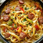 - 8 oz fettuccine or penne pasta - 1 pound spicy Italian sausage - 1 cup heavy cream - 1 cup chicken broth - 1 cup freshly grated Parmesan cheese - 1 bell pepper (red or green) - 1 small onion - 3 cloves garlic - 1 teaspoon Cajun seasoning - Salt and freshly ground pepper - Fresh parsley, chopped - Olive oil for cooking Gather these ingredients to make your creamy Cajun pasta with sausage. The pasta serves as the base, soaking up all the rich sauce. Spicy Italian sausage adds a nice kick, while heavy cream makes the dish creamy and smooth. Chicken broth helps to blend the flavors together, and Parmesan cheese gives it that delicious finish. For veggies, a bell pepper and onion offer sweetness and texture. Garlic brings in a warm aroma. Cajun seasoning gives that distinctive spicy flavor. Salt and pepper season everything to perfection. You can also add fresh parsley for a pop of color and olive oil to sauté your ingredients. With these ingredients ready, you’re set for a flavorful dinner dish that’s fun to make and even better to eat! - Bring salted water to a boil. - Cook pasta until al dente. Start by filling a large pot with water. Add a good amount of salt. This helps enhance the pasta's flavor. Once the water boils, add your choice of fettuccine or penne pasta. Follow the package instructions, usually about 8 to 12 minutes. You want the pasta to be al dente, meaning it should have a slight bite to it. After cooking, drain the pasta in a colander. Save a little pasta water in case you need it later to adjust the sauce. - Heat olive oil in a skillet. - Brown the sausage slices. In a large skillet, pour in olive oil and heat it over medium heat. Once hot, add the sliced spicy Italian sausage. Cook for about 5 to 7 minutes. You'll want the sausage to turn a nice golden brown. This step adds great flavor to the dish. After it's cooked, use a slotted spoon to lift the sausage out and set it aside on a plate. - Sauté vegetables in the sausage drippings. - Add Cajun seasoning, cream, and broth. - Thicken sauce over medium heat. In the same skillet, with all the tasty drippings, add diced bell pepper and chopped onion. Sauté these for about 3 to 4 minutes until they're tender. Then, toss in minced garlic and cook for another 30 seconds. This creates a wonderful aroma. Next, sprinkle in the Cajun seasoning, mixing it well with the veggies. Pour in heavy cream and chicken broth, stirring everything together. Let the sauce simmer gently for 3 to 5 minutes. This step allows the sauce to thicken up nicely. - Stir in Parmesan cheese. - Combine with sausage. - Mix in cooked pasta. Reduce the heat to low and gradually add grated Parmesan cheese. Stir until the cheese melts and makes the sauce creamy. Now, add the cooked sausage back into the skillet. Mix it all together until well combined. Finally, add the cooked pasta to the skillet. Toss everything gently until the pasta is fully coated in the creamy sauce. If the sauce seems too thick, add a splash of the reserved pasta water. Season with salt and freshly ground pepper to taste. Enjoy your flavorful dinner! To make your sauce just right, you can adjust the Cajun seasoning. If you like spice, add more. If you prefer mild, use less. The key is to taste as you go. This helps you find the flavor you love. Using reserved pasta water is another great trick. When you drain your pasta, save a little water. If your sauce gets too thick, add a splash of this water. It helps to make your sauce creamy and smooth. When cooking the sausage, avoid overcooking it. If you cook it too long, it can dry out. Aim for a nice brown color in about 5-7 minutes. Also, ensure your pasta is not mushy. Cook it until al dente, which means it should still have a slight bite. This makes your dish more enjoyable and keeps the texture nice. Garnishing with fresh parsley adds color and flavor. Sprinkle some on top right before serving. It makes your dish look fancy and fresh. For serving, pair this pasta with a simple salad or crusty bread. These sides balance the meal and add a nice crunch. Enjoy your beautiful dinner! {{image_4}} You can switch out the spicy Italian sausage for chicken or shrimp. Chicken adds a mild taste. Shrimp cooks quickly and gives a nice twist. If you want less heat, try non-spicy sausage. It brings the same texture without the kick. For a vegetarian option, replace sausage with mushrooms or a plant-based protein. Mushrooms give a meaty flavor and texture. Adding more vegetables like zucchini or spinach makes the dish colorful and healthy. This keeps the creamy feel while being meat-free. To make this dish dairy-free, use coconut milk or cashew cream instead of heavy cream. Coconut milk adds a hint of sweetness and richness. Nutritional yeast can replace Parmesan cheese. It gives a cheesy taste without dairy, making it perfect for those with lactose intolerance. To keep your creamy Cajun pasta fresh, store leftovers in an airtight container. Make sure it cools down before sealing it. This helps keep the flavors intact. It can last in the fridge for about 3 to 4 days. When ready to eat, check for any signs of spoilage, like off smells or changes in texture. If you want to save it for later, freezing is a great option. To freeze, place the pasta in a freezer-safe container. Leave some space at the top for expansion. This dish can last up to 3 months in the freezer. When you’re ready to enjoy it again, thaw it overnight in the fridge. This way, it stays safe and tasty. To reheat, use a skillet over low heat for the best texture. Add a splash of milk or broth to keep it creamy. Stir often to avoid burning. If you use the microwave, cover it with a lid or a damp paper towel. This helps keep moisture in and prevents it from drying out. Enjoy your delicious creamy Cajun pasta just like when it was fresh! Yes, you can make creamy Cajun pasta ahead of time. Here are some meal prep tips: - Cook the pasta: You can cook the pasta and store it separately. - Prepare the sauce: Make the sauce in advance and store it in the fridge. - Combine before serving: When ready to eat, heat the sauce and mix it with the pasta. This keeps the pasta from getting too soft. If you want to reduce the heat, here are some tips: - Choose mild sausage: Use a mild Italian sausage instead of spicy. - Adjust Cajun seasoning: Start with half a teaspoon of Cajun seasoning and taste it. - Add dairy: Mixing in more cream or cheese can cool down the heat. These changes help balance the flavors while keeping it tasty. Pair creamy Cajun pasta with these sides: - Garlic bread: It’s perfect for soaking up the sauce. - Mixed green salad: Add a light vinaigrette for freshness. - Roasted vegetables: They add color and nutrients to your meal. These sides complement the rich flavors well. To reheat without losing texture, follow these steps: - Use low heat: Heat on the stove over low heat. - Add liquid: Stir in a splash of chicken broth or cream to keep it creamy. - Avoid the microwave: Microwaving can make it dry out. These methods keep your pasta delicious and creamy. This blog post guides you through making a delicious creamy Cajun pasta dish. We covered key ingredients, simple steps, and thoughtful tips. You can customize it with different proteins or even make a vegetarian version. Proper storage and reheating advice ensure your leftovers taste great. Embrace these methods to enjoy a cozy meal that fits your taste. Cooking can be easy and fun, so dive in and make this flavorful dish your own!