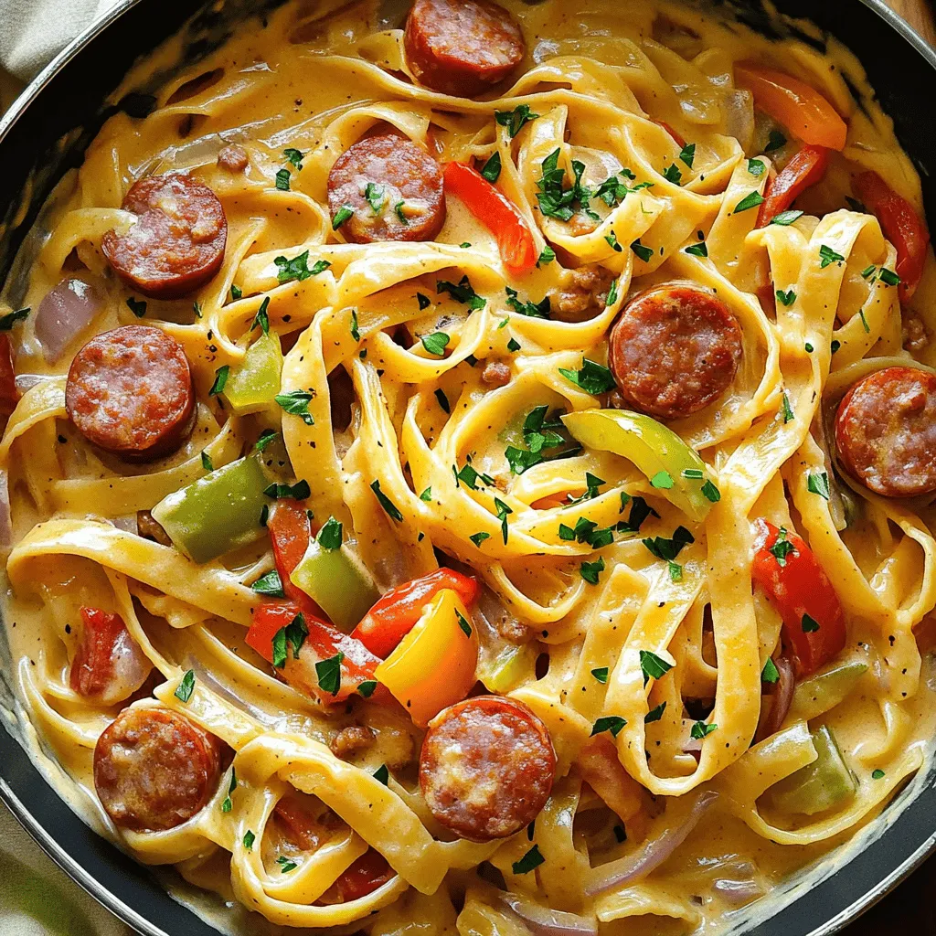 - 8 oz fettuccine or penne pasta - 1 pound spicy Italian sausage - 1 cup heavy cream - 1 cup chicken broth - 1 cup freshly grated Parmesan cheese - 1 bell pepper (red or green) - 1 small onion - 3 cloves garlic - 1 teaspoon Cajun seasoning - Salt and freshly ground pepper - Fresh parsley, chopped - Olive oil for cooking Gather these ingredients to make your creamy Cajun pasta with sausage. The pasta serves as the base, soaking up all the rich sauce. Spicy Italian sausage adds a nice kick, while heavy cream makes the dish creamy and smooth. Chicken broth helps to blend the flavors together, and Parmesan cheese gives it that delicious finish. For veggies, a bell pepper and onion offer sweetness and texture. Garlic brings in a warm aroma. Cajun seasoning gives that distinctive spicy flavor. Salt and pepper season everything to perfection. You can also add fresh parsley for a pop of color and olive oil to sauté your ingredients. With these ingredients ready, you’re set for a flavorful dinner dish that’s fun to make and even better to eat! - Bring salted water to a boil. - Cook pasta until al dente. Start by filling a large pot with water. Add a good amount of salt. This helps enhance the pasta's flavor. Once the water boils, add your choice of fettuccine or penne pasta. Follow the package instructions, usually about 8 to 12 minutes. You want the pasta to be al dente, meaning it should have a slight bite to it. After cooking, drain the pasta in a colander. Save a little pasta water in case you need it later to adjust the sauce. - Heat olive oil in a skillet. - Brown the sausage slices. In a large skillet, pour in olive oil and heat it over medium heat. Once hot, add the sliced spicy Italian sausage. Cook for about 5 to 7 minutes. You'll want the sausage to turn a nice golden brown. This step adds great flavor to the dish. After it's cooked, use a slotted spoon to lift the sausage out and set it aside on a plate. - Sauté vegetables in the sausage drippings. - Add Cajun seasoning, cream, and broth. - Thicken sauce over medium heat. In the same skillet, with all the tasty drippings, add diced bell pepper and chopped onion. Sauté these for about 3 to 4 minutes until they're tender. Then, toss in minced garlic and cook for another 30 seconds. This creates a wonderful aroma. Next, sprinkle in the Cajun seasoning, mixing it well with the veggies. Pour in heavy cream and chicken broth, stirring everything together. Let the sauce simmer gently for 3 to 5 minutes. This step allows the sauce to thicken up nicely. - Stir in Parmesan cheese. - Combine with sausage. - Mix in cooked pasta. Reduce the heat to low and gradually add grated Parmesan cheese. Stir until the cheese melts and makes the sauce creamy. Now, add the cooked sausage back into the skillet. Mix it all together until well combined. Finally, add the cooked pasta to the skillet. Toss everything gently until the pasta is fully coated in the creamy sauce. If the sauce seems too thick, add a splash of the reserved pasta water. Season with salt and freshly ground pepper to taste. Enjoy your flavorful dinner! To make your sauce just right, you can adjust the Cajun seasoning. If you like spice, add more. If you prefer mild, use less. The key is to taste as you go. This helps you find the flavor you love. Using reserved pasta water is another great trick. When you drain your pasta, save a little water. If your sauce gets too thick, add a splash of this water. It helps to make your sauce creamy and smooth. When cooking the sausage, avoid overcooking it. If you cook it too long, it can dry out. Aim for a nice brown color in about 5-7 minutes. Also, ensure your pasta is not mushy. Cook it until al dente, which means it should still have a slight bite. This makes your dish more enjoyable and keeps the texture nice. Garnishing with fresh parsley adds color and flavor. Sprinkle some on top right before serving. It makes your dish look fancy and fresh. For serving, pair this pasta with a simple salad or crusty bread. These sides balance the meal and add a nice crunch. Enjoy your beautiful dinner! {{image_4}} You can switch out the spicy Italian sausage for chicken or shrimp. Chicken adds a mild taste. Shrimp cooks quickly and gives a nice twist. If you want less heat, try non-spicy sausage. It brings the same texture without the kick. For a vegetarian option, replace sausage with mushrooms or a plant-based protein. Mushrooms give a meaty flavor and texture. Adding more vegetables like zucchini or spinach makes the dish colorful and healthy. This keeps the creamy feel while being meat-free. To make this dish dairy-free, use coconut milk or cashew cream instead of heavy cream. Coconut milk adds a hint of sweetness and richness. Nutritional yeast can replace Parmesan cheese. It gives a cheesy taste without dairy, making it perfect for those with lactose intolerance. To keep your creamy Cajun pasta fresh, store leftovers in an airtight container. Make sure it cools down before sealing it. This helps keep the flavors intact. It can last in the fridge for about 3 to 4 days. When ready to eat, check for any signs of spoilage, like off smells or changes in texture. If you want to save it for later, freezing is a great option. To freeze, place the pasta in a freezer-safe container. Leave some space at the top for expansion. This dish can last up to 3 months in the freezer. When you’re ready to enjoy it again, thaw it overnight in the fridge. This way, it stays safe and tasty. To reheat, use a skillet over low heat for the best texture. Add a splash of milk or broth to keep it creamy. Stir often to avoid burning. If you use the microwave, cover it with a lid or a damp paper towel. This helps keep moisture in and prevents it from drying out. Enjoy your delicious creamy Cajun pasta just like when it was fresh! Yes, you can make creamy Cajun pasta ahead of time. Here are some meal prep tips: - Cook the pasta: You can cook the pasta and store it separately. - Prepare the sauce: Make the sauce in advance and store it in the fridge. - Combine before serving: When ready to eat, heat the sauce and mix it with the pasta. This keeps the pasta from getting too soft. If you want to reduce the heat, here are some tips: - Choose mild sausage: Use a mild Italian sausage instead of spicy. - Adjust Cajun seasoning: Start with half a teaspoon of Cajun seasoning and taste it. - Add dairy: Mixing in more cream or cheese can cool down the heat. These changes help balance the flavors while keeping it tasty. Pair creamy Cajun pasta with these sides: - Garlic bread: It’s perfect for soaking up the sauce. - Mixed green salad: Add a light vinaigrette for freshness. - Roasted vegetables: They add color and nutrients to your meal. These sides complement the rich flavors well. To reheat without losing texture, follow these steps: - Use low heat: Heat on the stove over low heat. - Add liquid: Stir in a splash of chicken broth or cream to keep it creamy. - Avoid the microwave: Microwaving can make it dry out. These methods keep your pasta delicious and creamy. This blog post guides you through making a delicious creamy Cajun pasta dish. We covered key ingredients, simple steps, and thoughtful tips. You can customize it with different proteins or even make a vegetarian version. Proper storage and reheating advice ensure your leftovers taste great. Embrace these methods to enjoy a cozy meal that fits your taste. Cooking can be easy and fun, so dive in and make this flavorful dish your own!