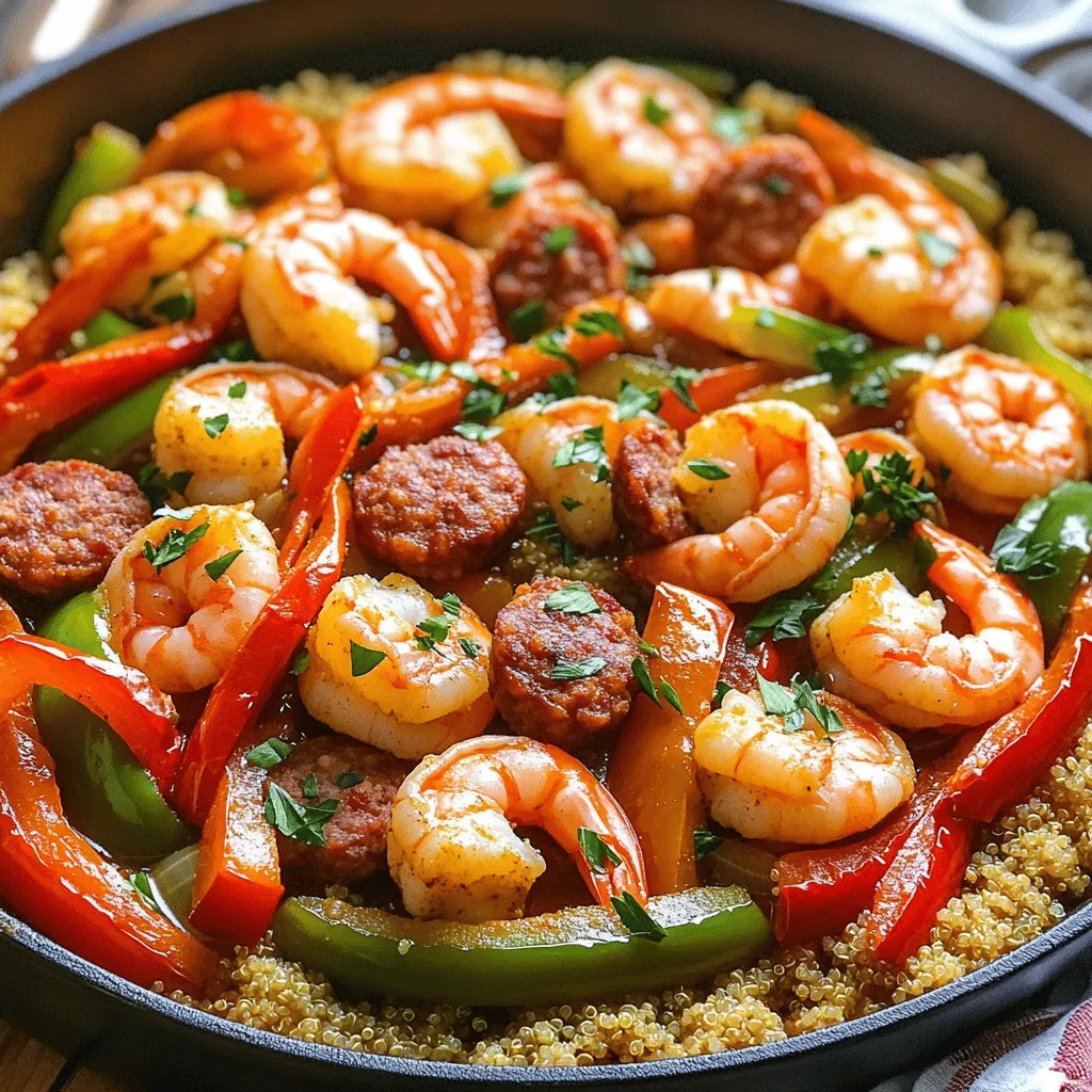 - Shrimp: Use 1 pound of large shrimp. Peel and devein them before cooking. This step makes the shrimp easy to eat and helps them absorb flavors better. - Smoked Sausage: I recommend 1 pound of smoked sausage. Andouille sausage gives an authentic Cajun taste. The smoky flavor pairs well with shrimp and vegetables. - Vegetables: You need 1 red bell pepper and 1 green bell pepper, both diced. Use 1 medium onion, finely chopped, and 3 cloves of minced garlic. These add flavor and texture to the dish. - Cajun Seasoning: This is key to the dish. Use 1 tablespoon of Cajun seasoning for a bold flavor. Feel free to adjust the amount based on your spice preference. - Additional Spices: Adding 1 teaspoon of paprika enhances the color and taste. For heat, use 1/2 teaspoon of cayenne pepper. You can add more or less based on your taste. - Recommended Brands: If you want to save time, use store-bought Cajun seasoning. You can also make your own mix using garlic powder, onion powder, and black pepper. - Types of Broth: For the best taste, use 2 cups of low-sodium chicken broth. This adds depth without making the dish too salty. - Quinoa: Use 1 cup of uncooked quinoa, rinsed well. Quinoa is great because it cooks quickly and absorbs flavors. If you need an alternative, try brown rice or couscous. First, let’s get everything ready. For the shrimp, peel and devein them. This makes the shrimp clean and easy to eat. If you use frozen shrimp, thaw them first. Next, slice the sausage. I recommend andouille sausage for a true Cajun taste. Dice the red and green bell peppers. Chop the onion finely and mince the garlic. Don’t forget the quinoa! Rinse it well to remove any bitter taste. This step is key for a tasty dish. Soaking it is not needed, just rinse it thoroughly under cold water. Now, let’s cook! Heat olive oil in a large oven-safe skillet over medium heat. Once the oil is hot, add the sliced sausage. Sauté for about five to seven minutes. You want it to be nicely browned. Next, add the chopped onion and diced bell peppers. Cook until the onion is soft and clear, about five minutes. This is when the smell starts to fill your kitchen! Add minced garlic, Cajun seasoning, paprika, cayenne pepper, salt, and pepper. Stir this mix for one minute. The spices will become aromatic, filling the air with flavor. Now, fold in the drained diced tomatoes and the rinsed quinoa. Mix everything well, so the flavors blend nicely. Gradually pour in the chicken broth and stir. When it bubbles, remove it from heat. Gently add the shrimp to the skillet. Make sure they are evenly spread for even cooking. Preheat your oven to 400°F (200°C) if you haven’t already done so. Cover the skillet tightly with aluminum foil. If you moved it to another baking dish, make sure to cover that too. Bake it in the oven for 25 to 30 minutes. This step lets the flavors come together and the shrimp cook through. After the time is up, take off the cover. Put it back in the oven for another 10 minutes. This helps the shrimp cook fully and the quinoa soak up remaining broth. Once done, remove it from the oven. Let it rest for a few minutes. This helps the flavors set. Sprinkle with fresh parsley for color and freshness before serving. Enjoy your delightful meal! To get the perfect Cajun flavor, start with the spice levels. You can adjust the Cajun seasoning to match your taste. If you like it hot, add more cayenne pepper. If you prefer mild, use less. Don’t be afraid to experiment until you find your sweet spot. Cooking shrimp requires some care. They cook fast, so avoid overcooking them. This keeps them juicy and tender. Always add the shrimp last in the cooking process. Let them soak up the flavors but cook just right. Using the right tools makes a big difference. An oven-safe skillet or a baking dish works best for this recipe. I recommend using cast iron for even heat distribution. It gives a nice crust to the sausage and shrimp. For prep, use a sharp knife for chopping. A sturdy cutting board makes a solid surface. Having measuring cups and spoons handy helps you get the right amounts quickly. This dish shines when served hot. Pair it with crusty French bread for dipping. The bread soaks up the tasty juices and adds a delightful crunch. For a rustic look, serve the bake right from the skillet. It gives a homey feel. If you want a fancier touch, plate it and garnish with fresh parsley. This adds color and freshness to your meal. {{image_4}} If you want to make the Cajun Shrimp Sausage Bake gluten-free, use gluten-free sausage. You can find many brands that fit this need. For a vegetarian option, swap the shrimp and sausage for hearty veggies or plant-based proteins. Try using mushrooms and chickpeas for a filling dish. Quinoa is already gluten-free, but brown rice or barley can also work well. Feel free to get creative with seasonings! You can try different blends like Creole seasoning or even a mix of garlic and herbs. Adding a splash of hot sauce can boost heat and flavor. You can also toss in seasonal vegetables. Zucchini, corn, or spinach are great choices. If you want more protein, consider adding chicken or even tofu for a plant-based twist. This dish has roots in Southern cooking. You can adapt it further by adding local flair. For example, consider using Cajun boudin sausage instead of andouille for a unique taste. You can also mix in elements from other cuisines. For instance, adding a hint of lime and cilantro offers a fresh, Mexican touch. Each variation gives you a chance to explore new flavors in this tasty bake. - Let the dish cool down before storing it. - Use airtight containers for best results. - Glass or plastic containers work well for storage. - Label containers with the date to track freshness. - Reheat in the oven at 350°F for about 15-20 minutes. - You can also use the microwave; heat in short bursts. - Stir occasionally to keep the flavors fresh. - Consume leftovers within 3-4 days for safety. - Yes, you can freeze it! Portion it into smaller bags. - Remove as much air as possible to prevent freezer burn. - Label bags with the date for easy tracking. - Thaw in the fridge overnight before reheating. - Cook from frozen if needed, but add extra time. You can use several grains in place of quinoa. Good options include: - Brown rice - Couscous - Barley - Farro - Bulgur Each of these grains adds a different texture and flavor. Just cook them according to their package instructions. Make sure to adjust the broth amount as needed. To boost the heat in your dish, try these tips: - Add more cayenne pepper. Start with an extra 1/4 teaspoon and taste. - Mix in some sliced jalapeños or serrano peppers. - Use a spicier Cajun seasoning blend. - Serve with hot sauce on the side for those who want it even hotter. These simple tweaks will give your meal an extra kick. You can definitely use fresh shrimp! Just keep these factors in mind: - Cooking Time: Fresh shrimp cook faster than frozen. Watch them closely. - Quality: Make sure fresh shrimp are firm and smell like the ocean. - Preparation: Peel and devein fresh shrimp before adding them to the dish. Using fresh shrimp can enhance the taste and texture of your bake. Enjoy the fresh flavor! This Cajun Shrimp Sausage Bake blends shrimp, sausage, and vibrant veggies into a tasty dish. We've explored the key ingredients, spices, and cooking steps to create this meal. Remember, you can tweak flavors and make dietary swaps based on your needs. Store leftovers right to keep them fresh, and don’t hesitate to explore variations. Embrace this dish's versatility—it's all about your preferences. Now, get into the kitchen and enjoy your cooking journey with this exciting recipe!