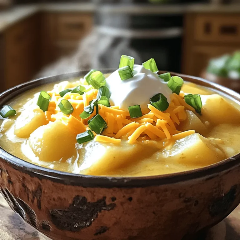 - 6 medium russet potatoes, peeled and diced into 1-inch cubes - 1 medium yellow onion, finely chopped - 3 cloves garlic, minced - 4 cups vegetable broth (low sodium recommended) - 1 cup heavy cream or coconut milk (for a dairy-free alternative) - 1 cup shredded sharp cheddar cheese, with additional for garnishing - 1/2 cup sour cream or Greek yogurt (optional, for added creaminess) - 1/4 cup chopped green onions, plus extra for garnish - Salt and freshly ground black pepper, to taste - 1 teaspoon smoked paprika for a smoky flavor - 1/2 teaspoon dried thyme to enhance aroma - 1 tablespoon olive oil for sautéing These ingredients come together to create a warm and hearty soup. The potatoes form the base, while the broth adds depth. The cream gives it a rich texture. You can add more to enhance your soup's taste. Consider using: - Cooked bacon bits for a savory crunch - A dash of hot sauce for heat - Fresh herbs like chives or parsley for brightness These extras can take your soup from good to great. Feel free to mix and match based on your taste. Toppings make this soup fun and special. Here are some ideas: - A dollop of sour cream or Greek yogurt - Extra shredded cheddar cheese - Chopped green onions for freshness - Crispy bacon bits for added texture - A sprinkle of smoked paprika for color These toppings not only look great but also add layers of flavor. Enjoy customizing each bowl to your liking! - Sautéing onions and garlic Start by heating 1 tablespoon of olive oil in a medium skillet over medium heat. Add the finely chopped yellow onion. Sauté for about 5 minutes until it turns soft and clear. Next, add 3 minced garlic cloves. Cook for 1 to 2 more minutes. Stir constantly so the garlic does not brown. You want that nice garlic smell without burning it. - Preparing the potatoes While the onions and garlic cook, peel and dice 6 medium russet potatoes into 1-inch cubes. Make sure they are all about the same size. This helps them cook evenly. Once ready, set the potatoes aside until the sautéing is done. - Cooking on low vs. high settings After you sauté the onions and garlic, transfer them to the slow cooker. Add the diced potatoes and 4 cups of low-sodium vegetable broth. Sprinkle in 1 teaspoon of smoked paprika, 1/2 teaspoon of dried thyme, and a good pinch of salt and black pepper. Stir well to mix everything. Cover the slow cooker with its lid. Cook on low for 7 hours or on high for 4 hours. Both ways work. Just ensure the potatoes become tender and easy to pierce with a fork. - Mashing potatoes for desired texture When the cooking time is up, take a potato masher and mash a portion of the potatoes. This gives your soup a creamy base while keeping some chunks for heartiness. Adjust how much you mash based on how creamy you want it. - Adding cream and cheese Next, gently stir in 1 cup of heavy cream or coconut milk if you prefer a dairy-free option. Add in 1 cup of shredded sharp cheddar cheese too. Stir until the cheese melts into the soup. Let it cook on low for 20 to 30 more minutes to warm everything through. To get the best texture in your soup, start with good potatoes. Use russet potatoes for creaminess. Dice them into 1-inch cubes for even cooking. After cooking, mash some potatoes with a fork or masher. This gives the soup a nice, creamy feel while keeping some chunks. If you like a thicker soup, mash more potatoes. For a thin soup, add more broth. You can boost the flavor in many ways. Add smoked paprika for a rich taste. A little dried thyme adds a nice aroma. If you want more spice, try adding a pinch of cayenne pepper. For a touch of sweetness, mix in some diced carrots. Always taste your soup and adjust the salt and pepper as needed. You can also switch up the cheese. Try gouda or pepper jack for a twist. If your soup is too thick, simply stir in more broth or water. If it’s too thin, mash more potatoes. If you find it lacks flavor, add a bit of salt or some extra spices. For creaminess, make sure to stir in the cream and cheese well. If they don’t melt right away, let it cook a bit longer on low heat. Always remember to taste and adjust! {{image_4}} You can make this soup vegan by using coconut milk instead of heavy cream. This keeps the soup creamy and rich. Replace the cheddar cheese with a dairy-free cheese or simply skip it for a lighter taste. You can also use vegetable broth to keep it plant-based. This option is great for those who are lactose intolerant or choose a vegan diet. If you want to spice things up, add some diced jalapeños or a dash of hot sauce. You can also mix in fresh herbs like basil or dill for a fresh twist. For a smoky flavor, just add a bit more smoked paprika. Changing the spices can give your soup a whole new feel. Experimenting with flavors can help you find your favorite! Add extra ingredients to make your soup heartier. Consider including bacon bits for a savory crunch. You can also toss in some corn or carrots for added sweetness and texture. If you love greens, stir in some spinach or kale just before serving. These little additions can make your soup even more delightful. Enjoy customizing your bowl! To keep your loaded potato soup fresh, let it cool first. Use a clean, airtight container. Pour the soup into the container, leaving some space at the top. This helps it expand when frozen. Store in the fridge for up to three days. When you're ready to enjoy leftovers, heat the soup on the stove. Use medium heat and stir often. This prevents sticking. If it seems thick, add a splash of broth or water. You can also microwave it in a safe bowl. Heat in short bursts, stirring in between. This keeps it creamy and delicious. If you want to freeze the soup, use freezer-safe containers. Make sure to leave space at the top. Label the containers with the date. You can freeze it for up to three months. To defrost, move the soup to the fridge overnight or use the microwave. Reheat as mentioned, and enjoy your cozy meal! Yes, you can use other potatoes. Yukon Gold or red potatoes work well too. They add a creamy taste and smooth texture. Just make sure to peel and cube them like russet potatoes. Different potatoes will change the soup's flavor slightly. However, each type will still make your soup delicious. To make this soup healthier, you can use low-fat dairy options. Consider using low-fat milk instead of heavy cream. You can also add more veggies. Carrots, celery, or spinach will boost nutrients. Using less cheese or a dairy-free cheese can also cut calories. Swap sour cream for plain yogurt for a healthy twist. You can keep leftovers in the fridge for about 3 to 5 days. Make sure to store the soup in an airtight container. This keeps it fresh and tasty. If you notice any odd smells or colors, it’s best to throw it out. Always trust your senses when it comes to food safety. Yes, you can prepare this soup in advance. You can chop the ingredients a day before. Store them in the fridge to keep them fresh. You can also cook the soup a day ahead. Just let it cool before storing. When you're ready, reheat it on low heat for a warm meal. In this blog post, we covered how to make slow cooker loaded potato soup. We discussed key ingredients, steps for cooking, and tips for perfect texture. You learned about variations, storage tips, and FAQs to help you create your best soup yet. As you enjoy this dish, remember that you can customize it to your taste. Experiment with different flavors and toppings. Slow cooker loaded potato soup is easy to make and always satisfying. Enjoy your next bowl!