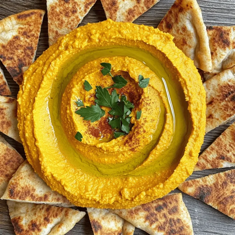 - 1 cup canned pumpkin puree - 1 can (15 oz) chickpeas, drained and rinsed - 2 tablespoons tahini - 2 tablespoons extra virgin olive oil, plus more for drizzling - 1 clove garlic, finely minced - 1 teaspoon ground cumin - 1 teaspoon smoked paprika - 1 tablespoon fresh lemon juice - Salt and black pepper, to taste - 4 whole wheat pita breads, cut into wedges - Fresh parsley, roughly chopped, for garnish - Additional smoked paprika or cumin for garnish To make savory pumpkin hummus, gather these simple ingredients. Start with the pumpkin puree. It adds creaminess and a sweet flavor. Next, grab canned chickpeas. They give the hummus body and protein. Don’t forget tahini. It offers a nutty taste that rounds out the dish. Extra virgin olive oil brings richness. Garlic gives it a strong flavor. Ground cumin and smoked paprika offer warmth and depth. Fresh lemon juice brightens everything up. Season with salt and black pepper to taste. Use whole wheat pita for dipping. It’s hearty and healthy. Lastly, fresh parsley adds color and freshness. This combination of ingredients creates a delightful dip. Each bite is packed with flavor. Plus, it's easy to prepare. Enjoy making this tasty treat! Blending the ingredients Start by adding the canned pumpkin puree, rinsed chickpeas, tahini, and olive oil to a food processor. Next, add minced garlic, ground cumin, smoked paprika, and fresh lemon juice. Blend on high until the mixture is smooth. Pause to scrape down the sides with a spatula as needed. Adjusting flavor and seasoning Once blended, taste the hummus. Add salt and freshly cracked black pepper to your liking. Blend again to mix in the seasoning. This step allows you to personalize the flavor, ensuring it’s just right for you. Presentation tips for the hummus When ready, transfer the smooth hummus to a bowl. Use the back of a spoon to create a swirl on the surface. This simple technique makes your hummus look inviting. Drizzle a bit of olive oil over the top for extra flavor and a beautiful finish. Sprinkle some fresh parsley and a bit of smoked paprika or cumin for a pop of color. Preheating the skillet Heat a non-stick skillet over medium heat. This ensures the pita will toast evenly and get crispy. Toasting the pita wedges Cut the whole wheat pita into wedges. Place them in the hot skillet. Toast for about 2-3 minutes on each side. Look for a golden brown color. This will make the pita crispy and delicious. Plating the dish Arrange the warm pita wedges around the bowl of pumpkin hummus. This not only looks great, but it also makes it easy for dipping. Enjoy your tasty creation! To get a smooth hummus, blending is key. Use your food processor and blend on high. This helps mix all the ingredients well. If you stop blending too soon, your hummus will feel gritty. Scraping down the sides is also important. Stop the processor every now and then. Use a spatula to push the mixture back to the center. This helps all the ingredients blend evenly. A silky texture makes your pumpkin hummus so delightful. Adding seasonings can take your hummus to the next level. Ground cumin and smoked paprika give it warmth. You can play with these flavors to match your taste. Using fresh herbs is another great way to boost flavor. I love adding parsley for a fresh touch. You can also try cilantro or even mint. Fresh herbs make the dish pop and add a lovely aroma. {{image_4}} You can make this hummus even better with a few fun twists. - Adding roasted garlic: Roasting garlic gives it a sweet, rich taste. Wrap a whole garlic bulb in foil and roast it in the oven until soft. Squeeze out the cloves and blend them into your hummus. This change adds depth and flavor that you will love. - Incorporating spices like curry or cayenne: Spices can give your hummus a kick! Try adding a teaspoon of curry powder for a warm flavor. If you like heat, add a pinch of cayenne. These spices will change the flavor and make it exciting. How you serve your hummus can change the whole vibe. - Pairing with different breads: While pita is great, you can try other breads too. Naan bread or flatbreads work well. You can even serve it with crunchy veggies like carrots or cucumbers for a fresh touch. - Ideas for garnishes and dips: Garnishing can make your dish pop! Top your hummus with a sprinkle of fresh herbs like cilantro or dill. You can also drizzle some olive oil for shine. If you want extra crunch, add some toasted seeds or nuts on top. These simple changes can take your savory pumpkin hummus to the next level. Let your creativity shine! To keep your hummus fresh, store it in the refrigerator. Place the hummus in an airtight container. This helps keep out air and moisture. It is best to eat the hummus within three to five days for the best taste. You can also drizzle a bit of olive oil on top before sealing it. This adds flavor and keeps the hummus moist. To keep pita fresh, store it in a sealed bag at room temperature. If you need to reheat it, there are a few easy ways. You can use a skillet or an oven. If using a skillet, heat it on medium. Place the pita in the skillet for about one minute on each side. For the oven, wrap the pita in foil and heat at 350°F for 5-10 minutes. This will make the pita warm and soft again. Enjoy your tasty pumpkin hummus with freshly warmed pita! Can you use fresh pumpkin instead of canned? Yes, you can use fresh pumpkin. You will need to cook and puree it first. This gives a great flavor, but canned pumpkin is more convenient. How long does homemade hummus last? Homemade hummus lasts about 4 to 5 days in the fridge. Store it in an airtight container to keep it fresh. Is pumpkin hummus healthy? Yes, pumpkin hummus is healthy. It has fiber, vitamins, and good fats. The chickpeas add protein, making it a nutritious snack. Can I freeze pumpkin hummus? You can freeze pumpkin hummus. Place it in a freezer-safe container. It lasts about 3 months in the freezer. What can I use instead of tahini? You can use peanut butter or sunflower seed butter as a tahini substitute. Both will add a new twist to the flavor. This guide covered how to make delicious savory pumpkin hummus. We listed all the ingredients you need, presented clear steps for preparation, and shared tips for achieving the perfect texture. Variations and serving suggestions let you customize this dish. Plus, we gave you info on storage and answered common questions. Making pumpkin hummus is easy, fun, and tasty. Enjoy trying different flavors and serving ideas. Your hummus will wow friends and family at any gathering.