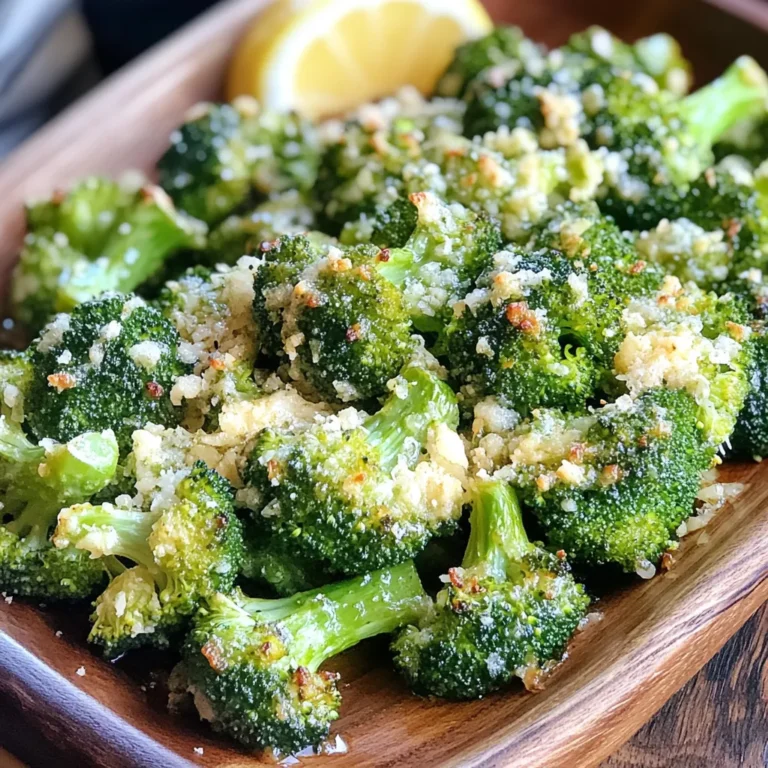 - 2 cups fresh broccoli florets - 3 cloves garlic, finely minced - 1 teaspoon fresh lemon zest - 2 tablespoons extra virgin olive oil - 1/4 cup freshly grated Parmesan cheese - 1/2 teaspoon red pepper flakes (optional, for heat) - Sea salt and freshly cracked black pepper to taste - Preheat your air fryer to 375°F (190°C). This step helps the broccoli cook evenly. - In a large bowl, toss the broccoli with olive oil. - Add the minced garlic, sea salt, and black pepper. Mix well. - Next, add the Parmesan cheese and lemon zest. If you like heat, sprinkle in red pepper flakes. Stir until the broccoli is well coated. - Place the broccoli in the air fryer basket. Arrange them in a single layer. - Cook for 10-12 minutes. Shake the basket halfway through to ensure even cooking. - Your broccoli should be tender, with crispy edges when done. This dish delivers a burst of flavor with every bite! To get that lovely crunch, you must layer the broccoli evenly in the air fryer. If the florets sit on top of each other, they won’t cook well. Make sure they spread out in one layer. If your broccoli pieces are different sizes, adjust the cooking time. Smaller pieces cook faster. Check them at the 8-minute mark for perfect texture. You can boost the flavor of your broccoli by adding spices. Try garlic powder, onion powder, or smoked paprika for a twist. Fresh herbs like thyme or oregano also work great. If you want to mix things up, use different cheese options. Cheddar or feta cheese can add a new flavor profile. Just remember to keep the cheese amount similar to the Parmesan. When serving, arrange your crispy broccoli on a colorful plate. A white platter makes the green pop. For a nice touch, sprinkle more Parmesan on top. Add a lemon wedge on the side for color and extra zest when serving. This not only looks great but also gives a fresh flavor burst. Your guests will love the tasty and pretty dish! You can play with cheese types in this recipe. Cheddar cheese adds a rich, sharp taste. It melts well and gives a different flavor. If you prefer vegan options, try using vegan cheese. Many brands melt nicely and taste great. Want to switch it up? Add fresh lemon juice for brightness. It pairs well with broccoli and cheese. You can also try different spices. Smoked paprika adds a nice depth. Cumin can give it a warm, earthy touch. Mix and match to find your favorite combo. Feel free to swap in other veggies. Cauliflower or Brussels sprouts work well with the same seasonings. If you need a low-sodium option, cut back on the salt. Use herbs like thyme or oregano for added flavor without extra salt. Adjusting ingredients can keep your meal fresh and exciting. {{image_4}} To keep your Air Fryer Parmesan Garlic Broccoli fresh, store leftovers in an airtight container. Make sure it cools completely before sealing. This dish lasts about 3 to 4 days in the fridge. The flavors will meld together, making it even tastier. To maintain crispiness, use the air fryer for reheating. Set it to 375°F (190°C) and heat for about 5 minutes. This method keeps the broccoli crunchy. If you use a microwave, it may turn soft. So, I recommend sticking with the air fryer. Yes, you can freeze this dish! Place the cooled broccoli in a freezer-safe bag. Squeeze out all the air to prevent freezer burn. It can last up to 2 months in the freezer. To thaw, move it to the fridge overnight. For best results, reheat directly from frozen in the air fryer. This keeps it crispy and delicious! Each serving of Air Fryer Parmesan Garlic Broccoli contains about 100 calories. This dish is rich in vitamins and minerals. Broccoli offers vitamin C and fiber, which boost your immune system. Olive oil adds healthy fats that support heart health. Garlic is known for its anti-inflammatory properties. Parmesan cheese provides calcium, which is great for bones. Overall, this dish is a tasty way to nourish your body. This recipe is gluten-free and vegetarian. You can easily adjust it for other diets. If you want a vegan option, swap Parmesan for a vegan cheese. You can also leave out the cheese completely. If you need it low-sodium, use less salt and cheese. This flexibility makes the dish suitable for various eating plans. A good serving size is about half a cup. This portion is great as a side dish. Pair it with grilled chicken or fish for a balanced meal. You can also enjoy it with quinoa or brown rice. This will add protein and make your meal more filling. Enjoying it this way gives you a complete and satisfying dinner. Cooking broccoli in an air fryer takes about 10-12 minutes at 375°F (190°C). The time can vary based on the size of the florets. Small florets may cook faster, while larger ones may take longer. Always check for tenderness. Yes, you can add other vegetables! Carrots, bell peppers, and cauliflower work well. Mix them with the broccoli for a colorful and tasty dish. Just make sure to cut them into similar sizes for even cooking. Yes, this recipe is great for meal prep. You can make it ahead and store it in the fridge. Keep it in an airtight container for up to three days. To reheat, use the air fryer for a quick and crispy option. Your broccoli is done when it is tender and has crispy edges. It should have a nice golden color. You can poke a floret with a fork to check its softness. Always keep an eye on it as it cooks! In this article, we explored how to make delicious air-fried broccoli. We covered fresh ingredients like broccoli and garlic, along with pantry staples. You learned step-by-step instructions for prepping, mixing, and air frying. Plus, we discussed tips for perfect crispiness and flavor boosts. Remember, you can swap ingredients for your taste or diet. Proper storage and reheating keep your leftovers tasty. Air-fried broccoli is not just healthy; it’s easy to make and customize. Enjoy trying these tips for your next meal!