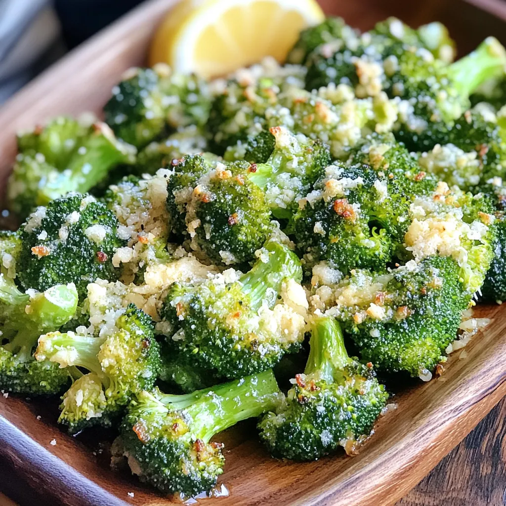 - 2 cups fresh broccoli florets - 3 cloves garlic, finely minced - 1 teaspoon fresh lemon zest - 2 tablespoons extra virgin olive oil - 1/4 cup freshly grated Parmesan cheese - 1/2 teaspoon red pepper flakes (optional, for heat) - Sea salt and freshly cracked black pepper to taste - Preheat your air fryer to 375°F (190°C). This step helps the broccoli cook evenly. - In a large bowl, toss the broccoli with olive oil. - Add the minced garlic, sea salt, and black pepper. Mix well. - Next, add the Parmesan cheese and lemon zest. If you like heat, sprinkle in red pepper flakes. Stir until the broccoli is well coated. - Place the broccoli in the air fryer basket. Arrange them in a single layer. - Cook for 10-12 minutes. Shake the basket halfway through to ensure even cooking. - Your broccoli should be tender, with crispy edges when done. This dish delivers a burst of flavor with every bite! To get that lovely crunch, you must layer the broccoli evenly in the air fryer. If the florets sit on top of each other, they won’t cook well. Make sure they spread out in one layer. If your broccoli pieces are different sizes, adjust the cooking time. Smaller pieces cook faster. Check them at the 8-minute mark for perfect texture. You can boost the flavor of your broccoli by adding spices. Try garlic powder, onion powder, or smoked paprika for a twist. Fresh herbs like thyme or oregano also work great. If you want to mix things up, use different cheese options. Cheddar or feta cheese can add a new flavor profile. Just remember to keep the cheese amount similar to the Parmesan. When serving, arrange your crispy broccoli on a colorful plate. A white platter makes the green pop. For a nice touch, sprinkle more Parmesan on top. Add a lemon wedge on the side for color and extra zest when serving. This not only looks great but also gives a fresh flavor burst. Your guests will love the tasty and pretty dish! You can play with cheese types in this recipe. Cheddar cheese adds a rich, sharp taste. It melts well and gives a different flavor. If you prefer vegan options, try using vegan cheese. Many brands melt nicely and taste great. Want to switch it up? Add fresh lemon juice for brightness. It pairs well with broccoli and cheese. You can also try different spices. Smoked paprika adds a nice depth. Cumin can give it a warm, earthy touch. Mix and match to find your favorite combo. Feel free to swap in other veggies. Cauliflower or Brussels sprouts work well with the same seasonings. If you need a low-sodium option, cut back on the salt. Use herbs like thyme or oregano for added flavor without extra salt. Adjusting ingredients can keep your meal fresh and exciting. {{image_4}} To keep your Air Fryer Parmesan Garlic Broccoli fresh, store leftovers in an airtight container. Make sure it cools completely before sealing. This dish lasts about 3 to 4 days in the fridge. The flavors will meld together, making it even tastier. To maintain crispiness, use the air fryer for reheating. Set it to 375°F (190°C) and heat for about 5 minutes. This method keeps the broccoli crunchy. If you use a microwave, it may turn soft. So, I recommend sticking with the air fryer. Yes, you can freeze this dish! Place the cooled broccoli in a freezer-safe bag. Squeeze out all the air to prevent freezer burn. It can last up to 2 months in the freezer. To thaw, move it to the fridge overnight. For best results, reheat directly from frozen in the air fryer. This keeps it crispy and delicious! Each serving of Air Fryer Parmesan Garlic Broccoli contains about 100 calories. This dish is rich in vitamins and minerals. Broccoli offers vitamin C and fiber, which boost your immune system. Olive oil adds healthy fats that support heart health. Garlic is known for its anti-inflammatory properties. Parmesan cheese provides calcium, which is great for bones. Overall, this dish is a tasty way to nourish your body. This recipe is gluten-free and vegetarian. You can easily adjust it for other diets. If you want a vegan option, swap Parmesan for a vegan cheese. You can also leave out the cheese completely. If you need it low-sodium, use less salt and cheese. This flexibility makes the dish suitable for various eating plans. A good serving size is about half a cup. This portion is great as a side dish. Pair it with grilled chicken or fish for a balanced meal. You can also enjoy it with quinoa or brown rice. This will add protein and make your meal more filling. Enjoying it this way gives you a complete and satisfying dinner. Cooking broccoli in an air fryer takes about 10-12 minutes at 375°F (190°C). The time can vary based on the size of the florets. Small florets may cook faster, while larger ones may take longer. Always check for tenderness. Yes, you can add other vegetables! Carrots, bell peppers, and cauliflower work well. Mix them with the broccoli for a colorful and tasty dish. Just make sure to cut them into similar sizes for even cooking. Yes, this recipe is great for meal prep. You can make it ahead and store it in the fridge. Keep it in an airtight container for up to three days. To reheat, use the air fryer for a quick and crispy option. Your broccoli is done when it is tender and has crispy edges. It should have a nice golden color. You can poke a floret with a fork to check its softness. Always keep an eye on it as it cooks! In this article, we explored how to make delicious air-fried broccoli. We covered fresh ingredients like broccoli and garlic, along with pantry staples. You learned step-by-step instructions for prepping, mixing, and air frying. Plus, we discussed tips for perfect crispiness and flavor boosts. Remember, you can swap ingredients for your taste or diet. Proper storage and reheating keep your leftovers tasty. Air-fried broccoli is not just healthy; it’s easy to make and customize. Enjoy trying these tips for your next meal!