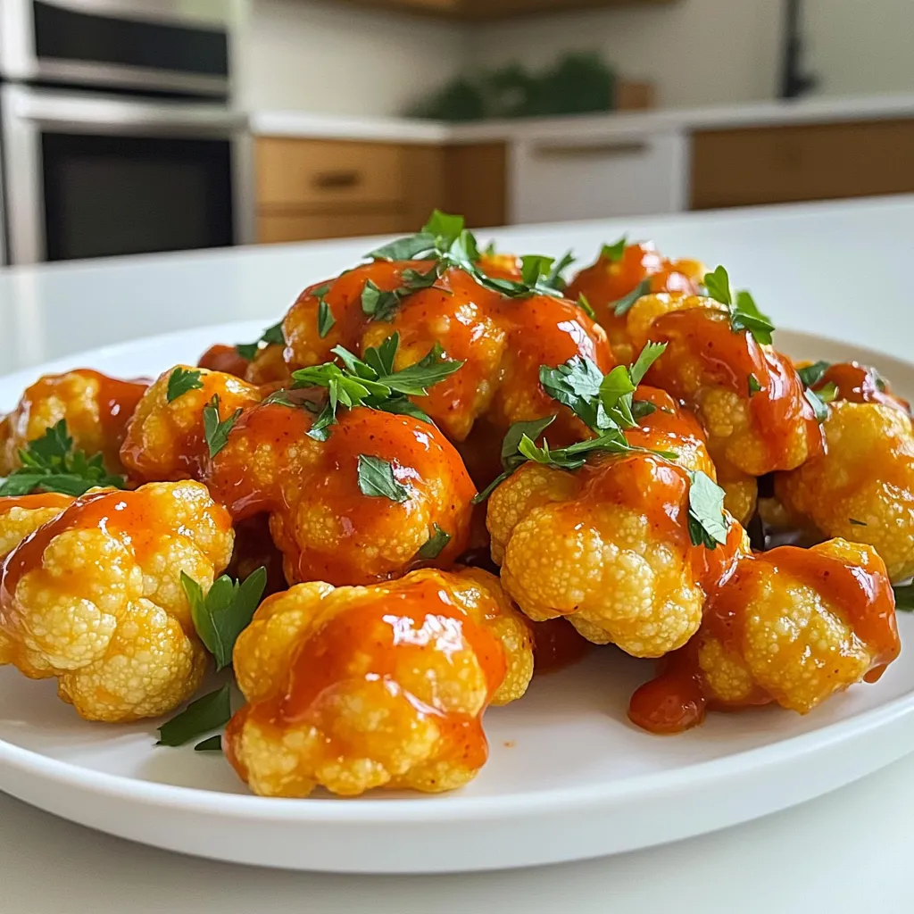 - 1 large head of cauliflower, cut into bite-sized florets - 1 cup all-purpose flour - 1 cup unsweetened almond milk (or milk of choice for creaminess) - 1 teaspoon garlic powder - 1 teaspoon onion powder - 1 teaspoon smoked paprika for a hint of smokiness - ½ teaspoon salt for seasoning - ½ teaspoon black pepper to taste - 1 cup buffalo sauce (your favorite store-bought or homemade variety) - 1 tablespoon olive oil for drizzling - Fresh parsley, finely chopped (for a vibrant garnish) I love using fresh ingredients. They make the flavors pop. The cauliflower is the star here. It gives a great texture and absorbs all the spices. The flour and almond milk mix to create a smooth batter. It clings well to the florets. The garlic and onion powders add depth. Smoked paprika gives a nice smoky hint that you’ll enjoy. Salt and pepper balance the taste. Buffalo sauce is key for that spicy kick. You can use your favorite brand or make your own. Lastly, a drizzle of olive oil adds richness. The fresh parsley not only looks good but also adds a burst of color. Gather these ingredients, and you’re ready to create a snack that everyone will love. Enjoy the process of cooking! - In a large bowl, combine: - 1 cup all-purpose flour - 1 cup unsweetened almond milk - 1 teaspoon garlic powder - 1 teaspoon onion powder - 1 teaspoon smoked paprika - ½ teaspoon salt - ½ teaspoon black pepper - Whisk until smooth. This batter should cling well to the cauliflower. - Take each cauliflower floret and dip it into the batter. - Make sure each piece gets an even coating. Let excess batter drip off gently. - Preheat your air fryer to 400°F (200°C). - Lightly spray the fryer basket with olive oil. - Arrange the battered florets in a single layer, avoiding crowding. - Cook for 12-15 minutes. Shake the basket halfway for even crispiness. - Once cooked, toss the cauliflower in a bowl with 1 cup of buffalo sauce. - Ensure each piece is well-coated. - Return them to the air fryer for 3-5 minutes. This caramelizes the sauce. To make your buffalo cauliflower extra crispy, avoid overcrowding the air fryer. When you pack too many florets in, they steam instead of fry. This leads to soggy bites. Instead, cook in batches if needed. Aim for a single layer for best results. For optimal cooking times, set your air fryer to 400°F (200°C). Cook the cauliflower for 12 to 15 minutes. Shake the basket halfway through to ensure even cooking. You will see the florets turn golden brown and crispy. For a great batter coating, make sure to dip each floret evenly. This helps every piece get that delicious flavor. If the batter seems too thick, add a bit more almond milk. If it’s too thin, sprinkle in some flour. The right consistency helps the batter cling well. Serve your buffalo cauliflower with celery sticks and ranch dressing. These sides add a nice crunch and coolness to the dish. For a pop of color, use a bright platter. Arrange the cauliflower in a fun pattern. A sprinkle of fresh parsley on top makes it look even more appealing. {{image_4}} You can change up the sauce to fit your taste. Try different hot sauces for more heat. Some sauces are mild, while others pack a punch. If you want to make your own buffalo sauce, mix melted butter with hot sauce. You can add garlic powder or spices for more flavor. Homemade sauce allows you to control the heat and taste. If you want a vegan version, swap out the milk for plant-based milk. Almond milk works great, but soy or oat milk are good choices too. You can replace the all-purpose flour with chickpea flour or a gluten-free blend. These swaps keep the dish tasty and friendly for everyone. Don't hesitate to get creative with spices and herbs. Adding cumin or cayenne can enhance the taste. For a cheesy twist, mix in nutritional yeast. This gives a cheesy flavor without dairy. You can even sprinkle fresh herbs like cilantro or basil to brighten up the dish. Each variation can make your buffalo cauliflower unique and exciting. To keep your buffalo cauliflower fresh, store any leftovers in an airtight container. Place the container in the fridge. This way, your snack stays tasty for up to three days. When reheating, use the air fryer at 375°F. This will help regain that crispy texture. Heat for about 5-7 minutes. Yes, you can freeze buffalo cauliflower! First, let it cool completely. Spread the florets on a baking sheet lined with parchment paper. Freeze for about an hour, then transfer to a freezer bag. This prevents sticking. When you want to enjoy it again, no need to thaw. Preheat the air fryer to 400°F and cook for 12-15 minutes. This will keep them crispy and delicious! Yes, you can use frozen cauliflower. Just thaw it first. Pat it dry to remove excess moisture. This helps the batter stick better. However, fresh cauliflower gives a crunchier texture. To add more heat, use extra buffalo sauce. You can mix in cayenne pepper or hot sauce. Taste as you go. Adjust the spice level to your liking. You could also add a sprinkle of crushed red pepper. Buffalo cauliflower pairs well with celery sticks. A side of ranch dressing is a classic choice. You can also serve it with blue cheese sauce for an extra kick. Consider adding other crunchy veggies like carrots or bell peppers. Absolutely! You can air fry broccoli, Brussels sprouts, or zucchini. Just follow the same battering method. Adjust cooking times as needed. The buffalo sauce works well with many veggies. Cooked buffalo cauliflower lasts about 3-5 days in the fridge. Store it in an airtight container. To keep it crispy, reheat it in an air fryer for a few minutes. This helps regain its crunch. This buffalo cauliflower recipe is simple and fun. You learned how to prepare the batter, coat the florets, and air fry them to perfection. I also shared tips for crispiness and suggested ways to serve your dish. You can even try different sauces or make it vegan. With these steps, you can make a tasty snack or side dish everyone will enjoy. Get ready to impress your friends and family with this delicious twist on cauliflower!