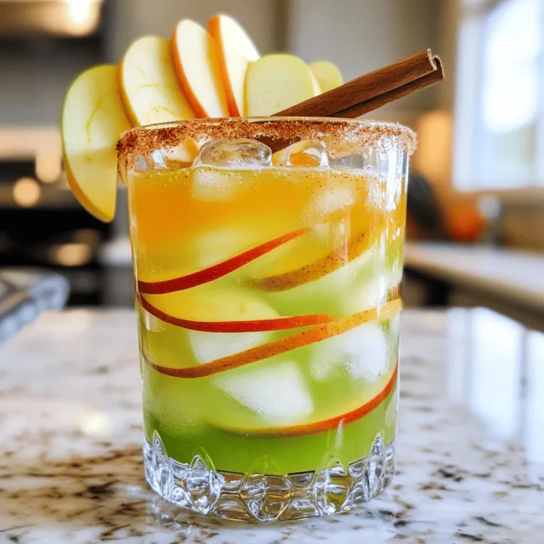 Fresh apple cider is the star of this drink. It gives the margarita a sweet and tart flavor. Choose a high-quality cider without added sugars. This choice brings out the true taste of fall. Lime juice adds a bright, zesty kick. I use freshly squeezed lime juice for the best taste. Orange juice complements the lime and adds sweetness. Together, they balance the flavors perfectly. For sweetness, I like to use agave syrup or honey. Both options blend well and enhance the drink. You can adjust the amount to match your taste. A little sweetness makes the drink smooth. Cinnamon and nutmeg are key spices in this drink. They add warmth and depth of flavor. I use ground cinnamon and ground nutmeg for easy mixing. These spices give it a cozy fall vibe. For garnishes, I recommend thin apple slices and cinnamon sticks. They make the drink look pretty and add aroma. The apple slices sit nicely on the glass rim. The cinnamon stick adds a rustic touch. First, grab your cocktail shaker. Pour in 1 cup of fresh apple cider. Then, add 1/4 cup of freshly squeezed lime juice. Next, add 1/4 cup of freshly squeezed orange juice. Add 2 tablespoons of agave syrup for sweetness. Finally, sprinkle in 1/2 teaspoon of ground cinnamon and 1/4 teaspoon of ground nutmeg. After adding all the ingredients, it’s time to mix. Fill the shaker to the top with ice cubes. This is key for chilling your drink. Close the shaker tightly, so nothing spills out while shaking. Now, shake the mixture vigorously for about 15 seconds. You want to mix everything well and chill it nicely. Feel the cold on the shaker; that’s a good sign! Next, get a glass filled with ice cubes. Use a strainer or the shaker lid for pouring. Pour the mixture into your glass gently. Watch the drink flow; it’s a beautiful sight! To finish, add a thin slice of apple on the rim of your glass. Place a cinnamon stick inside for a lovely touch. This garnish adds both flair and a nice scent. Enjoy your refreshing fall drink! Pick fresh apple cider for the best taste. Look for cider that is unfiltered. This type has rich flavor and a nice texture. If you can, buy it from local farms. It often tastes better than store-bought varieties. Fresh cider brings out the fall vibes in your drink. You may want to tweak the sweetness of your drink. Start with two tablespoons of agave syrup. If you prefer a less sweet taste, reduce it. You can also try honey for a natural option. Remember, you can always add more, but you can't take it away! Select a glass that shows off your drink. A classic margarita glass works great. You can also use a tall glass for a fun look. Make sure your glass is chilled before serving. This keeps your drink cool and refreshing. Chill your ingredients for the best experience. Store your apple cider and juices in the fridge. If you want to cool your glass quickly, fill it with ice water for a few minutes. This will help keep your drink cold longer. Enjoy every sip at the perfect temperature! {{image_4}} To add a kick to your drink, try a spicy apple cider margarita. Simply add a few slices of fresh jalapeño to the shaker with your other ingredients. You can also use chili powder on the rim of the glass for extra heat. This spicy twist gives your drink a bold flavor that pairs well with the sweet apple cider. For a cool treat, make a frozen apple cider margarita. Blend the fresh apple cider, lime juice, orange juice, and sweetener with ice until smooth. This icy version is perfect for warm fall days. Simply pour into a glass and enjoy a refreshing slush that still has all the great flavors of the classic drink. If you want a fun drink without alcohol, make a non-alcoholic apple cider margarita. Just skip the tequila and use extra apple cider instead. You can also add sparkling water for a fizzy touch. This version is great for kids or anyone wanting a lighter drink. Garnish with apple slices and cinnamon sticks for a festive look. If you have leftover fresh apple cider, store it in the fridge. Keep it in a sealed container for up to one week. For lime and orange juice, use small bottles. Seal them tightly and keep them cold. They last about three days. If you have extra spices, store cinnamon and nutmeg in a cool, dark place. They stay fresh for six months. You can prep some drink parts ahead of time. Mix the apple cider, lime juice, orange juice, agave syrup, cinnamon, and nutmeg. Store this blend in the fridge for up to two days. Just shake it well before serving. Cut apple slices and store them in water with a little lemon juice. This keeps them from browning, and you can use them later. To enjoy this drink later, freeze the mixture in ice cube trays. Once frozen, transfer the cubes to a freezer bag. You can use them in future recipes or for quick drinks. For garnishes, slice apples as needed. Always add them fresh for the best taste. These tips help you enjoy your apple cider margarita anytime! The best apple cider is fresh and unfiltered. Look for local options. Organic cider often has deeper flavor. Avoid ciders with added sugars or preservatives. Freshness matters in this drink. Yes, you can make this margarita in batches. Just multiply the ingredients by the number of servings you need. Mix everything in a large pitcher. This way, you can serve many guests easily. To make a non-alcoholic version, skip the tequila. Use more apple cider instead. Add sparkling water for fizz. You can also add extra lime or orange juice for flavor. This drink pairs well with fall foods. Try it with roasted meats, like turkey or chicken. It also goes well with cheese plates or spicy snacks. Think about pumpkin dishes or apple desserts, too. You can store it in the fridge for up to 24 hours. Keep it in an airtight container. However, for the best taste, serve it fresh. The flavors are brightest right after mixing. You learned how to make a delicious Apple Cider Margarita. We covered the best ingredients, like fresh apple cider and spices. I shared step-by-step tips for mixing and serving the drink. Feel free to explore fun variations, like a spicy or frozen version. Remember, you can store extras for later. Enjoy making this easy cocktail at your next gathering! It's a tasty way to impress friends and family.