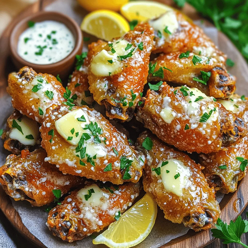- 2 lbs chicken wings, separated into flats and drumettes - 1 teaspoon salt - 1/2 teaspoon black pepper - 1/2 teaspoon smoked paprika - 1/2 teaspoon garlic powder - 1/4 cup unsalted butter, melted - 1/3 cup grated Parmesan cheese - 2 tablespoons fresh parsley, chopped - 4 cloves garlic, minced - Zest of 1 lemon - Juice of 1/2 lemon To make the best Air Fryer Garlic Parmesan Wings, you need simple and fresh ingredients. Start with 2 pounds of chicken wings. Separate them into flats and drumettes for even cooking. For seasoning, you will need salt, black pepper, smoked paprika, and garlic powder. These add great flavor and a little kick. Next, gather the ingredients for the garlic Parmesan sauce. Use unsalted butter, grated Parmesan cheese, fresh parsley, minced garlic, lemon zest, and lemon juice. This sauce brings a bright and savory taste to the wings. With these ingredients ready, you can create a tasty dish everyone will love. Start by drying the chicken wings with paper towels. This step helps them get crispy. In a large bowl, mix the wings with salt, black pepper, smoked paprika, and garlic powder. Toss them well so every wing has some seasoning. Next, set your air fryer to 400°F (200°C) and preheat it for about 5 minutes. Preheating helps the wings cook evenly and get that perfect golden color. Now, place the seasoned wings in the air fryer basket. Make sure they are in a single layer and not crowded. Cook them for 25 to 30 minutes. Halfway through, shake the basket for even cooking. Look for a nice crispy surface on the wings. While the wings are cooking, melt the unsalted butter in a small pan over low heat. Add the minced garlic and stir it for 1 to 2 minutes. You want it to smell great, but don’t let it brown. Once done, take it off the heat. Mix in the Parmesan cheese, lemon zest, and lemon juice. Stir until you have a smooth sauce. Once the wings are cooked, transfer them to a big bowl. Drizzle the garlic Parmesan sauce over the hot wings. Toss them gently so each wing gets coated in the tasty sauce. Finally, sprinkle the chopped fresh parsley on top of the wings. Toss them lightly to mix. This adds flavor and makes the wings look colorful. Serve them on a nice platter with lemon wedges and some ranch or blue cheese dressing for dipping. Enjoy! To get crispy wings, drying is key. Pat the wings with paper towels. This removes moisture. Moisture makes wings soggy, not crispy. Use a mix of salt, pepper, smoked paprika, and garlic powder. This will add flavor while helping with crispiness. Always preheat your air fryer. Set it to 400°F (200°C) for about 5 minutes. This helps the wings cook evenly. Arrange the wings in a single layer. Crowding the basket can lead to uneven cooking. Shake the basket halfway through cooking. This promotes even browning and crisping of the wings. When serving, use a large platter. Arrange the wings neatly. Garnish with fresh parsley for color. Add lemon wedges for brightness. For extra flavor, serve with ranch or blue cheese dressing. This gives a nice dip option for your guests. Enjoy your tasty wings with friends! {{image_4}} To make Spicy Garlic Parmesan Wings, add heat to the mix. You can use cayenne pepper or hot sauce. Start with 1 teaspoon of cayenne for a mild kick. Mix it with the salt and other seasonings. If you want more heat, adjust to your taste. The spicy flavor pairs well with the garlic and Parmesan. It adds a nice zing to every bite. The result is a tasty wing with a spicy twist that everyone will love. For a fresh take, try Lemon Herb Wings. Use the same base recipe but add herbs. Fresh thyme or rosemary works great. Chop 1 tablespoon of each and mix them into your sauce. You can also add more lemon juice for extra zest. This gives the wings a bright flavor. The herbs brighten up the dish and make it feel light. Serve these wings with lemon wedges for an extra burst of flavor. Switch up the cheese for a new flavor. While Parmesan is classic, you can use Pecorino Romano for a sharper taste. Or, try a blend of mozzarella and Parmesan for a gooey texture. Grated cheddar adds a rich and bold flavor. Experiment with these options to find your favorite. Each cheese gives the wings a unique taste. Don't be afraid to mix and match to suit your palate. After enjoying your wings, let them cool. Place the leftover wings in an airtight container. They can stay fresh in the fridge for up to three days. Make sure to keep them well-sealed to avoid any odors. To freeze, first let the wings cool completely. Then, arrange them in a single layer on a baking sheet. Freeze them for about one hour, so they don't stick together. Once they are frozen, transfer the wings to a freezer bag. They can last up to three months in the freezer. Label the bag with the date for easy tracking. Reheating wings is easy. For the best results, use your air fryer. Preheat it to 350°F (175°C). Place the wings in the basket and cook for about 10-15 minutes. This will help them regain their crispy texture. You can also use the oven. Preheat your oven to 350°F (175°C) and bake the wings for 15-20 minutes. Always check the internal temperature to ensure they are heated through. Enjoy your wings just like the first time! Cook chicken wings in an air fryer for 25-30 minutes. Shake the basket halfway through. This helps them cook evenly. Look for a golden color and crispy skin. Yes, you can use frozen wings. Increase the cooking time by 5-10 minutes. Make sure to shake the basket well. This ensures they cook through and get crispy. The best way to season wings is to use a mix of salt, pepper, smoked paprika, and garlic powder. Toss the wings in this blend to coat them evenly. This will enhance the flavor when cooked. You can make the garlic Parmesan sauce in advance. Just store it in the fridge for up to three days. Reheat it gently before using it on the wings. This makes the prep easy on game day. You learned how to make delicious chicken wings in an air fryer. We covered all steps, from prepping the wings to creating a tasty garlic parmesan sauce. I shared tips for extra crispiness and how to customize flavors. Remember, you can save leftovers for later or try different seasonings. The right techniques make a big difference in taste. Make these wings your own, and enjoy every bite. Your air fryer will soon become your best friend in the kitchen!