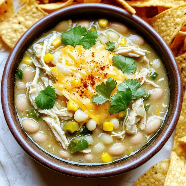 - 2 pounds boneless, skinless chicken breasts - 1 can (15 oz) white beans, drained and rinsed - 1 can (15 oz) corn, drained - 1 can (4 oz) diced green chilies - 1 medium onion, diced - 3 cloves garlic, minced For a great white chicken chili, these main ingredients are key. The chicken forms the heart of the dish. It cooks down, making the chili rich. White beans add creaminess and protein. Corn gives a sweet crunch. Diced green chilies add a mild kick. The onion and garlic bring depth to the flavor. - 1 teaspoon ground cumin - 1 teaspoon chili powder - 1 teaspoon paprika - Salt and pepper, to taste Spices are what make this chili sing. Cumin adds a warm earthiness. Chili powder brings a bit of heat. Paprika adds color and a hint of sweetness. Adjust the salt and pepper to your taste. This balance is key for a flavorful dish. - 1 cup sour cream - 1 cup shredded Monterey Jack cheese - Fresh cilantro, chopped, for garnish The creaminess in this chili comes from sour cream and cheese. They melt into the dish, making it smooth. Fresh cilantro adds a bright touch on top. It enhances the flavor and looks great in the bowl. This garnish is not just for show; it adds freshness. To make this chili, start with the chicken. Place the boneless, skinless chicken breasts at the bottom of your slow cooker. This forms a solid base for your meal. Next, layer in the drained white beans, corn, diced green chilies, diced onion, and minced garlic. Make sure everything is spread out evenly. After layering, pour in the chicken broth. This will keep everything moist while cooking. Sprinkle the ground cumin, chili powder, paprika, salt, and pepper on top. This mix of spices will give your chili great flavor. Now, it's time to slow cook. Cover your slow cooker and choose your setting. If you want it ready sooner, set it on high for 3-4 hours. If you have more time, set it on low for 6-8 hours. The chicken will become very tender. When done, take the chicken out and shred it using two forks. Return the shredded chicken back into the slow cooker. Mix it well with the other ingredients. This ensures every bite is flavorful. Next, stir in the sour cream and shredded Monterey Jack cheese. These add creaminess and richness to your chili. Keep stirring until both are fully melted and the mixture is smooth. Finally, taste your chili. If it needs more flavor, adjust the seasoning by adding more salt or pepper. This simple step makes a big difference in taste. Enjoy your comforting bowl of white chicken chili! Sour cream and cheese make the chili rich and smooth. When you stir in the sour cream, it adds a nice tang. The Monterey Jack cheese melts beautifully, making the chili creamy. Mix them in well to ensure every bite is packed with flavor. Adjusting spices can make a big difference. If you love heat, add more chili powder or cumin. For a milder taste, reduce them. Cooking times matter too. On low, cook for 6-8 hours. On high, it takes 3-4 hours. The chicken should shred easily when done. Presentation can elevate your meal. Serve the chili in deep bowls to show off its creamy texture. Garnish with fresh cilantro and extra cheese for a pop of color. For fun, add tortilla chips on the side. They give a great crunch and are perfect for dipping! {{image_4}} You can change the chicken to suit your taste. If you want a lighter option, use turkey. For a vegetarian dish, try using tofu or tempeh instead of chicken. Both options offer great flavor and texture. When it comes to beans, white beans are classic, but you can switch things up. Black beans or kidney beans work well too. They add a nice color and a different taste. Want more heat? Add some diced jalapeños or a dash of cayenne pepper. You can also mix in hot sauce for extra kick. If you prefer a milder chili, skip the spicy peppers. Use smoked paprika instead of chili powder for a smoky flavor without the heat. Try different seasoning blends too. Taco seasoning or a pinch of cinnamon can add a unique twist to your chili. If you need a gluten-free option, check your broth and use certified gluten-free products. Most ingredients in this recipe are naturally gluten-free. For a dairy-free version, swap sour cream with cashew cream or coconut cream. You can also use dairy-free cheese to keep it creamy and delicious. These substitutes keep the dish rich and satisfying. To store leftovers, let the chili cool first. Then, place it in an airtight container. This keeps it fresh longer. You can store it in the fridge for up to 4 days. If you want to enjoy it later, freezing is a great option. For freezing, use a freezer-safe container. Leave some space at the top, as the chili will expand when frozen. It stays good in the freezer for about 3 months. When you’re ready to eat, transfer it to the fridge overnight to thaw. You can reheat the chili in the microwave or on the stovetop. If you use the microwave, stir it halfway through to heat evenly. For stovetop, warm it in a pot over low heat. Add a splash of chicken broth or water to keep it creamy. This helps restore the smooth texture. Enjoy your warm chili! To thicken your chili, you can use cornstarch. Mix 2 tablespoons of cornstarch with a little water. Stir this mixture into the chili during the last 30 minutes of cooking. This will help create a thicker texture. You can also add more beans. Using a potato masher, mash some of the white beans in the pot. This will make the chili creamier without losing the bean flavor. Yes, you can use frozen chicken breasts in a slow cooker. Just place them at the bottom of the pot. Ensure they are not stuck together. You might need to cook the chili a bit longer, about 8-10 hours on low. Always check that the chicken reaches an internal temperature of 165°F. This ensures your meal is safe to eat and perfectly cooked. There are many great sides for white chicken chili. Tortilla chips are a fun option. They add a nice crunch. You can also serve it with cornbread for a sweet touch. A fresh salad with lime dressing adds brightness. If you want more heat, jalapeños or hot sauce are tasty choices. Each of these sides will enhance your chili experience! In this blog post, we explored the delicious world of Slow Cooker White Chicken Chili. We covered its key ingredients, step-by-step cooking instructions, and helpful tips for making it creamy and flavorful. We also looked at variations and how to store leftovers. This chili is easy to make, tasty, and adaptable. You can enjoy it your way, whether spicy or mild. Don't hesitate to try these ideas and make this dish your own. Happy cooking!