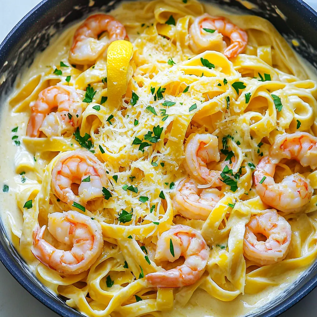 - 8 oz. fettuccine pasta - 1 lb. large shrimp, peeled and deveined - 3 tablespoons unsalted butter - 3 cloves garlic, finely minced - 1 cup heavy cream - Zest and juice of 1 large lemon - 1 teaspoon dried oregano - Salt and freshly cracked black pepper, to taste - Fresh parsley, finely chopped (for garnish) - Freshly grated Parmesan cheese, for serving In this recipe, the main ingredients create a rich and creamy dish. The fettuccine pasta acts as a perfect base. It holds the sauce well and gives a nice texture. The large shrimp provide protein and a sweet flavor. The unsalted butter is essential for that rich, buttery taste. Next, the flavor enhancers elevate the dish. Garlic adds depth and aroma. Heavy cream makes the sauce silky and smooth. The zest and juice of lemon bring freshness and brightness. This zest is key; it gives that pop of flavor you will love. For seasoning and garnish, dried oregano adds warmth. Salt and black pepper will sharpen all the flavors. Fresh parsley not only adds color but also a fresh taste. Lastly, freshly grated Parmesan cheese on top makes everything feel special. This combination of ingredients is what makes the One-Pan Creamy Lemon Butter Shrimp Pasta so delightful and satisfying. First, melt the butter in a large skillet over medium heat. Add the minced garlic and sauté it for about one minute. You want the garlic to smell great but not brown. Next, add the shrimp to the skillet. Season them with salt, pepper, and oregano. Cook the shrimp for 2-3 minutes. Watch for them to turn pink and opaque. Once they are done, take them out and set them aside. In the same skillet, pour in the heavy cream. Then, add the lemon zest and juice. Stir the mixture well. Let it simmer for 2-3 minutes. This helps the sauce thicken slightly. Keep stirring so it doesn’t stick to the pan. While the sauce simmers, boil a big pot of salted water. Add the fettuccine and cook it until it is al dente. Follow the package instructions for the right time. Once the pasta is ready, drain it but save about half a cup of the pasta water. Now, add the drained fettuccine directly into the skillet with the sauce. Toss it gently to coat the pasta. If the sauce is too thick, add a little reserved pasta water to thin it out. After that, fold the cooked shrimp back into the skillet with the pasta and sauce. Toss it all together and heat it for 1-2 minutes. Finally, taste the dish and adjust the seasoning if needed. To cook shrimp just right, aim for a bright pink color. This means they are done! Overcooked shrimp turn tough and rubbery. Season the shrimp with salt and pepper before cooking. If you want more flavor, add some garlic powder or paprika. These simple tweaks can enhance the taste. The secret to a great sauce is the reserved pasta water. When you drain the pasta, save about half a cup. If the sauce seems too thick, add a little pasta water. This helps the sauce cling to the pasta perfectly. Some people like a thicker sauce, while others prefer it lighter. Adjust as you see fit! Serve the pasta in nice bowls or on platters. A sprinkle of fresh parsley on top adds color. You can also add lemon wedges on the side for a zesty touch. For drinks, a crisp white wine pairs well. You can even serve a light salad as a side. This makes for a lovely meal! {{image_4}} You can swap fettuccine for other pasta types. Penne or linguine work well in this dish. If you prefer a gluten-free option, try using rice noodles or gluten-free pasta. Each choice gives a different twist to the dish while keeping it creamy and delicious. Incorporating veggies can enhance the dish. Spinach adds a nice pop of color and nutrients. You can also use cherry tomatoes or bell peppers for sweetness. Simply sauté them with the shrimp to keep it simple. For a crunchy texture, consider adding broccoli or asparagus. These options brighten the plate and add flavor. If you want to replace shrimp, chicken is an excellent choice. Cook it until golden brown, just like the shrimp. Tofu is another great option for a plant-based twist. Make sure to use firm tofu and sauté it until crispy. Both options will keep the dish hearty and satisfying while still being creamy and full of flavor. To store leftovers, let the pasta cool first. Place it in an airtight container. It will stay fresh for 3 days in the fridge. If you want to keep it longer, freezing is a good option. The best way to reheat this pasta is on the stove. Add a splash of water or cream to keep it moist. Heat it over low to medium heat, stirring often. You can also use the microwave. Just cover it and heat in short bursts, stirring in between. To freeze the pasta, place it in a freezer-safe container. Make sure it’s sealed well to avoid freezer burn. It can last for up to 2 months in the freezer. To thaw, move it to the fridge overnight. Reheat with a bit of water or cream for the best texture. Yes, you can use frozen shrimp. Just make sure to thaw them first. Place the frozen shrimp in a bowl of cold water for about 15-20 minutes. This will help them thaw quickly and safely. After thawing, pat them dry with a paper towel. This step ensures they cook evenly and absorb flavors well. If you want a lighter version, you can use half-and-half or whole milk. These options reduce fat while still giving a creamy texture. For a dairy-free choice, try coconut milk or cashew cream. Both will add a unique flavor to the dish. Just remember, using lighter options may change the sauce's thickness. To keep your pasta firm, cook it until just al dente. This means it should have a slight bite when you taste it. Drain the pasta right away and avoid rinsing it with water; this washes away the starch that helps the sauce stick. If you combine the pasta with the sauce quickly, it will absorb flavors without becoming mushy. This recipe uses fresh shrimp, creamy sauce, and fettuccine pasta. You learned how to prepare shrimp, make the sauce, and cook the pasta perfectly. Tips help you avoid soggy noodles and adjust flavors. Variations let you switch proteins or add veggies. Store leftovers well, and reheating is easy. Enjoy your delicious meal with friends and family. Cooking can be fun and tasty!