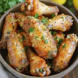 - 2 lbs chicken wings, split into flats and drumettes - 2 tablespoons extra virgin olive oil - 1 teaspoon coarse sea salt - 1 teaspoon freshly cracked black pepper - 1 tablespoon garlic powder - 1 tablespoon onion powder - Zest from 2 medium-sized lemons - 4 tablespoons freshly squeezed lemon juice - 1 teaspoon cayenne pepper (optional, for a spicy kick) - Fresh parsley, finely chopped (for garnish) When I make Air Fryer Lemon Pepper Wings, I focus on fresh ingredients. They really bring out the best flavors. Chicken wings are the main stars of the dish. I split them into flats and drumettes for even cooking. Next, I prepare a flavorful marinade. I combine olive oil, sea salt, black pepper, garlic powder, onion powder, lemon zest, and lemon juice in a bowl. This blend gives the wings a zesty kick. The cayenne pepper is optional, but I love adding it for some spice. I always recommend using fresh lemons. The zest and juice add a bright taste. You can also garnish with fresh parsley for color and flavor. This simple addition makes the dish pop! This ingredient list is easy to follow. You can modify it based on your taste. Want a spicy kick? Just add more cayenne. Prefer it milder? Skip the cayenne entirely. These wings are not just tasty; they are fun to make. Gather your ingredients and get ready to enjoy a delicious meal! Start by rinsing your chicken wings under cold water. This helps to remove any residue. Next, pat them dry with paper towels. Drying is key for that perfect crispy skin. If the wings are wet, they won't crisp up well. In a large bowl, mix together the marinade. Combine extra virgin olive oil, sea salt, black pepper, garlic powder, onion powder, lemon zest, and lemon juice. Whisk until smooth. Using fresh ingredients makes a big difference. Fresh flavors bring out the best in your wings. Now, add the wings to the marinade. Toss them with your hands or tongs. Ensure all wings are evenly coated. For deeper flavor, marinate them in the fridge for about 30 minutes. This step is optional but recommended for more taste. Set your air fryer to 380°F (193°C). Preheat it for about 5 minutes. Preheating is important as it helps the wings cook evenly and get crispy right away. Place the marinated wings in a single layer in the air fryer basket. Avoid overcrowding. Cook the wings at 380°F for 25-30 minutes. Flip them halfway through for even crispness and a golden-brown finish. You may need to cook in batches depending on your air fryer size. Once cooked, move the wings to a bowl. Drizzle fresh lemon juice over them. Add a sprinkle of black pepper and lemon zest for extra flavor. Garnish with finely chopped parsley for a fresh look. Serve hot with your favorite dipping sauces like ranch or blue cheese. Enjoy! To get crispy skin on your lemon pepper wings, follow these simple steps: - Dry the Wings: After rinsing, dry your wings well. Moisture leads to soggy skin. - Use Olive Oil: The oil helps the skin crisp up nicely. It also enhances flavor. - Cooking Temperature: Set your air fryer to 380°F (193°C). This temperature works well for crispiness. - Cooking Time: Cook for 25-30 minutes. Flip the wings halfway through for even browning. Marinating your wings adds tons of flavor. Here’s how to do it right: - Overnight Marination: For the best taste, marinate overnight. This lets flavors soak in deeply. - Mixing Flavors: Use fresh lemon juice and zest in your marinade. This brightens up the dish. - Optional Spiciness: Add cayenne pepper for heat. Adjust the amount to suit your taste. Your air fryer can make a big difference in cooking wings. Here are my recommendations: - Best Air Fryer Models: Look for models with good reviews. Brands like Ninja and Philips work well for wings. - Cooking in Batches: Don’t overcrowd the basket. Cook in batches if needed. This ensures even cooking and crispiness. By following these tips and tricks, you can achieve juicy, flavor-packed lemon pepper wings every time! {{image_4}} You can easily switch up the taste of your lemon pepper wings. Here are two fun ideas: - Buffalo Lemon Pepper Wings: Mix lemon pepper with hot sauce. This adds spice and tang. Toss your wings in this mix before air frying. You will love the heat and zest! - Garlic Parmesan Wings: Combine lemon pepper with garlic and grated parmesan. This mix gives a rich, cheesy flavor. Coat the wings with this blend for a creamy twist on the classic. If you don’t have an air fryer, you can still enjoy lemon pepper wings. Here are two great methods: - Oven-Baked Lemon Pepper Wings: Preheat your oven to 425°F (220°C). Place the wings on a baking sheet. Bake for 30-35 minutes until crispy. Flip halfway for even cooking. - Deep-Fried Lemon Pepper Wings: Heat oil in a deep fryer to 375°F (190°C). Fry wings for about 8-10 minutes. Drain on paper towels. This method gives a super crunchy texture. You can make your wings healthier or change them up with these swaps: - Healthier Alternatives: Use skinless chicken wings. Or try air-frying with less oil. This keeps the flavor while cutting calories. - Vegan option using Cauliflower Wings: Replace chicken with cauliflower florets. Coat them in the same lemon pepper mix. Air fry at the same temperature for crispy, tasty bites. These variations let you explore new flavors and cooking styles. Enjoy the fun of creating your own unique lemon pepper wings! To keep your cooked wings fresh, store them in an airtight container. This helps prevent moisture loss and keeps flavors intact. Let the wings cool completely before placing them in the fridge. They can stay good for up to three days in cold storage. For best results, use glass containers or BPA-free plastic ones. These materials seal well and do not retain odors. Avoid using metal containers, as they can react with the lemon juice. When reheating wings, you want to keep them crispy. The best method is using the air fryer again. Set it to 350°F and heat the wings for about 5-10 minutes. This method helps regain their crunch. If you don’t have an air fryer, you can use an oven. Preheat to 375°F and place the wings on a baking sheet. Bake for about 10-15 minutes. To avoid soggy wings, avoid using a microwave. Microwaves steam the wings and make them soft. To freeze wings, first, let them cool completely. Place them in a single layer on a baking sheet. Freeze for about an hour until firm. Once firm, transfer the wings to a freezer-safe bag. Make sure to remove as much air as possible. This helps prevent freezer burn. Wings can last up to three months in the freezer. When ready to eat, thaw them in the fridge overnight. You can reheat them directly from frozen, but cooking time will be longer. Air fryer lemon pepper wings are chicken wings coated in lemon zest and pepper. They are juicy and crispy on the outside. The lemon juice adds a bright, tangy flavor. Using an air fryer makes them lighter than frying in oil. You get the same great taste with less mess. Cooking air fryer lemon pepper wings takes about 25 to 30 minutes. First, preheat the air fryer for 5 minutes. Then, cook the wings at 380°F (193°C). Flip the wings halfway through. This ensures even cooking and crispiness. Always check for a golden-brown color when done. Yes, you can use frozen chicken wings. Just add a few extra minutes to the cooking time. It’s best to thaw them first for better flavor. If you cook from frozen, make sure to check they are cooked through. Always use a meat thermometer if unsure. Lemon pepper wings go well with many sides. Here are some tasty options: - Celery sticks - Carrot sticks - Ranch dressing - Blue cheese dressing - French fries - Coleslaw These dishes balance the tangy flavor of the wings. To make the wings spicier, add cayenne pepper to the marinade. Start with 1 teaspoon and adjust to taste. You can also use hot sauce for extra heat. Mix it well into the marinade for even flavor. Always taste before serving to get your perfect spice level. Air Fryer Lemon Pepper Wings are easy to make and deeply tasty. I covered the ingredients, steps, and helpful tips to ensure perfect results. You can enjoy various flavor profiles and alternative cooking methods too. If you store and reheat them properly, they stay delicious. Try different marinades or add spices to explore new tastes. Enjoy your cooking journey and share your tasty wings!