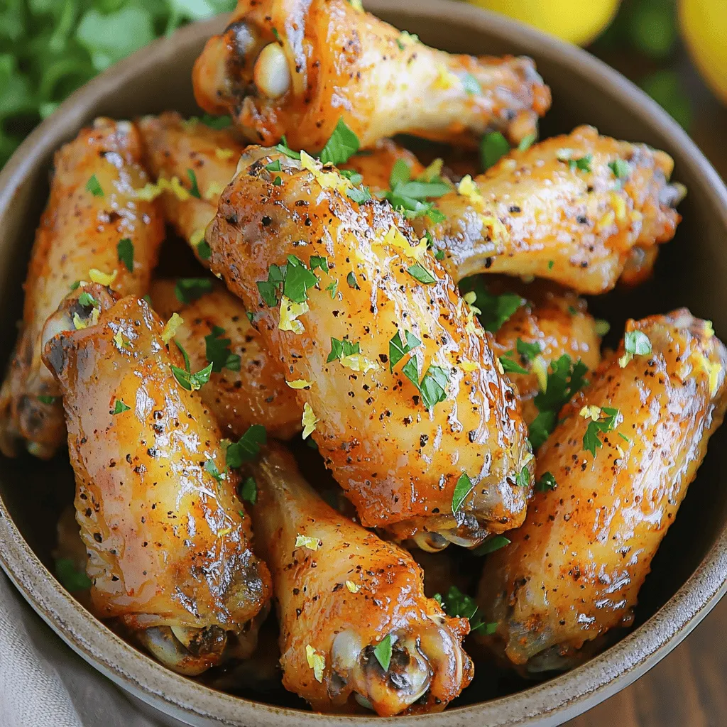 - 2 lbs chicken wings, split into flats and drumettes - 2 tablespoons extra virgin olive oil - 1 teaspoon coarse sea salt - 1 teaspoon freshly cracked black pepper - 1 tablespoon garlic powder - 1 tablespoon onion powder - Zest from 2 medium-sized lemons - 4 tablespoons freshly squeezed lemon juice - 1 teaspoon cayenne pepper (optional, for a spicy kick) - Fresh parsley, finely chopped (for garnish) When I make Air Fryer Lemon Pepper Wings, I focus on fresh ingredients. They really bring out the best flavors. Chicken wings are the main stars of the dish. I split them into flats and drumettes for even cooking. Next, I prepare a flavorful marinade. I combine olive oil, sea salt, black pepper, garlic powder, onion powder, lemon zest, and lemon juice in a bowl. This blend gives the wings a zesty kick. The cayenne pepper is optional, but I love adding it for some spice. I always recommend using fresh lemons. The zest and juice add a bright taste. You can also garnish with fresh parsley for color and flavor. This simple addition makes the dish pop! This ingredient list is easy to follow. You can modify it based on your taste. Want a spicy kick? Just add more cayenne. Prefer it milder? Skip the cayenne entirely. These wings are not just tasty; they are fun to make. Gather your ingredients and get ready to enjoy a delicious meal! Start by rinsing your chicken wings under cold water. This helps to remove any residue. Next, pat them dry with paper towels. Drying is key for that perfect crispy skin. If the wings are wet, they won't crisp up well. In a large bowl, mix together the marinade. Combine extra virgin olive oil, sea salt, black pepper, garlic powder, onion powder, lemon zest, and lemon juice. Whisk until smooth. Using fresh ingredients makes a big difference. Fresh flavors bring out the best in your wings. Now, add the wings to the marinade. Toss them with your hands or tongs. Ensure all wings are evenly coated. For deeper flavor, marinate them in the fridge for about 30 minutes. This step is optional but recommended for more taste. Set your air fryer to 380°F (193°C). Preheat it for about 5 minutes. Preheating is important as it helps the wings cook evenly and get crispy right away. Place the marinated wings in a single layer in the air fryer basket. Avoid overcrowding. Cook the wings at 380°F for 25-30 minutes. Flip them halfway through for even crispness and a golden-brown finish. You may need to cook in batches depending on your air fryer size. Once cooked, move the wings to a bowl. Drizzle fresh lemon juice over them. Add a sprinkle of black pepper and lemon zest for extra flavor. Garnish with finely chopped parsley for a fresh look. Serve hot with your favorite dipping sauces like ranch or blue cheese. Enjoy! To get crispy skin on your lemon pepper wings, follow these simple steps: - Dry the Wings: After rinsing, dry your wings well. Moisture leads to soggy skin. - Use Olive Oil: The oil helps the skin crisp up nicely. It also enhances flavor. - Cooking Temperature: Set your air fryer to 380°F (193°C). This temperature works well for crispiness. - Cooking Time: Cook for 25-30 minutes. Flip the wings halfway through for even browning. Marinating your wings adds tons of flavor. Here’s how to do it right: - Overnight Marination: For the best taste, marinate overnight. This lets flavors soak in deeply. - Mixing Flavors: Use fresh lemon juice and zest in your marinade. This brightens up the dish. - Optional Spiciness: Add cayenne pepper for heat. Adjust the amount to suit your taste. Your air fryer can make a big difference in cooking wings. Here are my recommendations: - Best Air Fryer Models: Look for models with good reviews. Brands like Ninja and Philips work well for wings. - Cooking in Batches: Don’t overcrowd the basket. Cook in batches if needed. This ensures even cooking and crispiness. By following these tips and tricks, you can achieve juicy, flavor-packed lemon pepper wings every time! {{image_4}} You can easily switch up the taste of your lemon pepper wings. Here are two fun ideas: - Buffalo Lemon Pepper Wings: Mix lemon pepper with hot sauce. This adds spice and tang. Toss your wings in this mix before air frying. You will love the heat and zest! - Garlic Parmesan Wings: Combine lemon pepper with garlic and grated parmesan. This mix gives a rich, cheesy flavor. Coat the wings with this blend for a creamy twist on the classic. If you don’t have an air fryer, you can still enjoy lemon pepper wings. Here are two great methods: - Oven-Baked Lemon Pepper Wings: Preheat your oven to 425°F (220°C). Place the wings on a baking sheet. Bake for 30-35 minutes until crispy. Flip halfway for even cooking. - Deep-Fried Lemon Pepper Wings: Heat oil in a deep fryer to 375°F (190°C). Fry wings for about 8-10 minutes. Drain on paper towels. This method gives a super crunchy texture. You can make your wings healthier or change them up with these swaps: - Healthier Alternatives: Use skinless chicken wings. Or try air-frying with less oil. This keeps the flavor while cutting calories. - Vegan option using Cauliflower Wings: Replace chicken with cauliflower florets. Coat them in the same lemon pepper mix. Air fry at the same temperature for crispy, tasty bites. These variations let you explore new flavors and cooking styles. Enjoy the fun of creating your own unique lemon pepper wings! To keep your cooked wings fresh, store them in an airtight container. This helps prevent moisture loss and keeps flavors intact. Let the wings cool completely before placing them in the fridge. They can stay good for up to three days in cold storage. For best results, use glass containers or BPA-free plastic ones. These materials seal well and do not retain odors. Avoid using metal containers, as they can react with the lemon juice. When reheating wings, you want to keep them crispy. The best method is using the air fryer again. Set it to 350°F and heat the wings for about 5-10 minutes. This method helps regain their crunch. If you don’t have an air fryer, you can use an oven. Preheat to 375°F and place the wings on a baking sheet. Bake for about 10-15 minutes. To avoid soggy wings, avoid using a microwave. Microwaves steam the wings and make them soft. To freeze wings, first, let them cool completely. Place them in a single layer on a baking sheet. Freeze for about an hour until firm. Once firm, transfer the wings to a freezer-safe bag. Make sure to remove as much air as possible. This helps prevent freezer burn. Wings can last up to three months in the freezer. When ready to eat, thaw them in the fridge overnight. You can reheat them directly from frozen, but cooking time will be longer. Air fryer lemon pepper wings are chicken wings coated in lemon zest and pepper. They are juicy and crispy on the outside. The lemon juice adds a bright, tangy flavor. Using an air fryer makes them lighter than frying in oil. You get the same great taste with less mess. Cooking air fryer lemon pepper wings takes about 25 to 30 minutes. First, preheat the air fryer for 5 minutes. Then, cook the wings at 380°F (193°C). Flip the wings halfway through. This ensures even cooking and crispiness. Always check for a golden-brown color when done. Yes, you can use frozen chicken wings. Just add a few extra minutes to the cooking time. It’s best to thaw them first for better flavor. If you cook from frozen, make sure to check they are cooked through. Always use a meat thermometer if unsure. Lemon pepper wings go well with many sides. Here are some tasty options: - Celery sticks - Carrot sticks - Ranch dressing - Blue cheese dressing - French fries - Coleslaw These dishes balance the tangy flavor of the wings. To make the wings spicier, add cayenne pepper to the marinade. Start with 1 teaspoon and adjust to taste. You can also use hot sauce for extra heat. Mix it well into the marinade for even flavor. Always taste before serving to get your perfect spice level. Air Fryer Lemon Pepper Wings are easy to make and deeply tasty. I covered the ingredients, steps, and helpful tips to ensure perfect results. You can enjoy various flavor profiles and alternative cooking methods too. If you store and reheat them properly, they stay delicious. Try different marinades or add spices to explore new tastes. Enjoy your cooking journey and share your tasty wings!