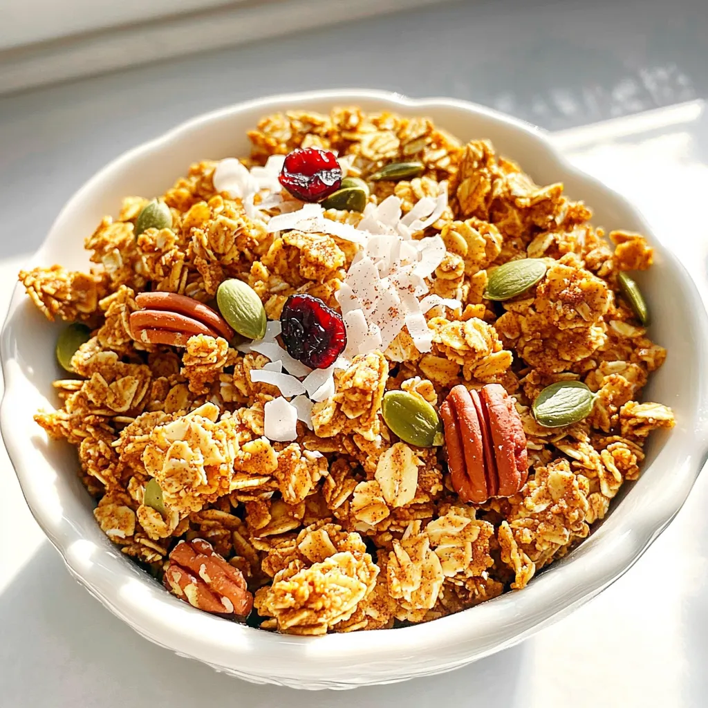 - 2 cups rolled oats - 1 cup pecans, roughly chopped - 1 cup pumpkin seeds - 1/2 cup honey or maple syrup - 1/2 cup pumpkin puree - 1 teaspoon pumpkin pie spice - 1/2 cup unsweetened shredded coconut - 1 cup dried cranberries or raisins - 1/2 teaspoon sea salt - 1/4 teaspoon vanilla extract The main ingredients create a solid base for your granola. Rolled oats give crunch and fiber. Pecans add richness and a nutty taste. Pumpkin seeds are full of nutrients and add a nice crunch. Next, sweeteners and flavorings make this granola stand out. Honey or maple syrup offers sweetness and stickiness. Pumpkin puree adds moisture and a lovely pumpkin flavor. Pumpkin pie spice brings warmth with its mix of cinnamon, nutmeg, and ginger. You can also choose optional add-ins. Unsweetened shredded coconut gives a tropical twist. Dried cranberries or raisins add sweetness and chewiness. Sea salt enhances all the flavors. A touch of vanilla extract rounds out the taste with its sweet aroma. Mix and match the ingredients to fit your taste. This flexibility makes the granola personal and special. Each bite can be a unique experience! 1. Start by setting your oven to 350°F (175°C). This will get it ready for baking. 2. Line a baking sheet with parchment paper. This will stop the granola from sticking. 3. In a large mixing bowl, combine the rolled oats, chopped pecans, pumpkin seeds, shredded coconut, and sea salt. Stir them well with a wooden spoon. Make sure all the dry ingredients mix evenly. 1. In a different bowl, whisk together the honey or maple syrup, pumpkin puree, pumpkin pie spice, and vanilla extract. Mix until it’s smooth and well combined. 2. This mixture brings all the flavors together. The pumpkin puree adds moisture and taste. 1. Pour the wet mixture over the dry ingredients. Use the wooden spoon to fold everything together. Make sure every piece gets coated. 2. Spread the granola evenly on the prepared baking sheet. This helps it bake evenly. 3. Put the sheet in the oven and bake for 25-30 minutes. Stir the granola halfway through. This ensures even browning. You want it golden brown and smelling great. 4. Once it’s baked, carefully take it out of the oven. Let it cool completely on the baking sheet. It will become crunchy as it cools. 5. If you want, mix in dried cranberries or raisins after it cools. These add a sweet touch. 6. Store your granola in an airtight container. This keeps it fresh for your next breakfast or snack! To make the best pumpkin spice granola, cooling is key. After baking, let it sit on the sheet for at least 30 minutes. This helps it harden and gives you that crunchy bite. If you want it even crunchier, bake for a few more minutes. Just keep an eye on it to prevent burning. Pumpkin spice granola is a treat for breakfast or a snack. I love it with creamy yogurt or cold milk. You can also sprinkle it on waffles or pancakes for extra flavor. Want a bit more? Add fresh fruit or a drizzle of honey on top. It's a simple way to make your meal special. To keep your granola fresh, store it in an airtight container. Glass jars or plastic bins work great. Keep it in a cool, dry place. Proper storage can keep it good for up to two weeks. If you want to keep it longer, consider freezing it. Just make sure to let it thaw before eating. {{image_4}} You can switch honey with agave syrup for a vegan twist. This change keeps the granola sweet and sticky. If you want to add more crunch, try mixing in other nuts or seeds. Almonds, walnuts, or sunflower seeds can make your granola even tastier. Get creative with spices! You can add cinnamon or nutmeg for a warm taste. If you enjoy a bit of sweetness, consider mixing in dried fruits like raisins or cranberries. Chocolate chips also make a fun addition for a sweet touch. If you prefer gluten-free options, look for gluten-free oats. They work great in this recipe and keep it crunchy. For those watching their sugar, you can cut back on sweeteners or use a sugar substitute. This way, you can enjoy your granola without the extra sugar. Each serving of pumpkin spice granola is about 1/2 cup. This serving has around 200 calories. Here is the breakdown of the nutritional values: - Fats: 8 grams - Carbohydrates: 30 grams - Protein: 5 grams This granola packs a tasty punch while keeping the calories balanced. Oats are a great source of fiber. They help keep you full and support digestion. Pecans add healthy fats and nutrients like magnesium. Pumpkin seeds also boost your health. They are rich in zinc and antioxidants. The spices, like pumpkin pie spice, add warmth and flavor. They also may help with inflammation. This recipe contains nuts and oats, which some people may be allergic to. If you need a gluten-free option, make sure to use certified gluten-free oats. For nut-free diets, try seeds like sunflower or pumpkin seeds instead of pecans. Always check labels to ensure safety. You can easily make this granola vegan by swapping honey with maple syrup. Maple syrup is a great sweetener that adds a rich flavor. You can also try agave nectar or brown rice syrup for different tastes. Both options work well in this recipe. Just make sure to choose a brand that fits your diet. Yes, you can use other nuts! Almonds, walnuts, or cashews are great choices. They each bring a unique flavor and texture. You can also mix nuts together for a fun twist. Just remember to chop them roughly, just like the pecans, so they toast evenly. Homemade granola can last about two weeks if stored right. Keep it in an airtight container to keep it fresh. You can also freeze it for up to three months. Just let it cool completely before storing it. This way, you’ll have a tasty snack ready whenever you need it! You learned how to make pumpkin spice granola with simple steps. The main ingredients like oats, pecans, and pumpkin seeds give it great taste. You can add different sweeteners, fruits, or spices to change the flavor. Remember to store it well for freshness. This granola is not just tasty; it also packs nutrition. Whether you enjoy it with yogurt or as a snack, it's a win. Try it out and share your own twists! Enjoy making delicious and healthy choices every day.