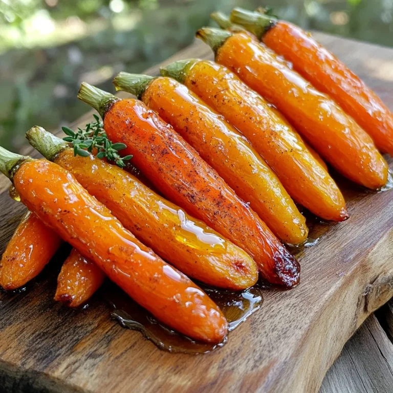 - 1 pound baby carrots (or 4 large carrots, peeled and cut into sticks) - 3 tablespoons unsalted butter, melted - 2 tablespoons honey - 1 teaspoon ground cinnamon - 1/2 teaspoon sea salt - 1/4 teaspoon freshly ground black pepper - Fresh thyme leaves For this recipe, you need simple, fresh ingredients. Baby carrots work well, but you can use larger carrots too. Just peel and cut them into sticks. The butter and honey blend creates a sweet and rich flavor. Ground cinnamon adds warmth, while sea salt and black pepper balance the sweetness. You can also add fresh thyme leaves as a garnish. This adds a nice touch and a burst of herbal flavor. It makes the dish look pretty and taste even better. Start by preheating your oven to 400°F (200°C). This temperature helps the carrots roast just right. If the oven is too cool, the carrots won’t caramelize well. Proper heat ensures you get those sweet, golden edges. Next, grab a large mixing bowl. In it, whisk together three tablespoons of melted butter and two tablespoons of honey. This creates a sweet and rich sauce. Add in one teaspoon of ground cinnamon, half a teaspoon of sea salt, and a quarter teaspoon of black pepper. Whisk until the mixture is smooth. This step is key for making sure every carrot gets coated evenly. Now, it’s time to add your carrots. Use one pound of baby carrots or four large carrots cut into sticks. Toss them gently in the honey butter mixture. Make sure each piece gets a nice coat. This step is important for flavor. Next, line a baking sheet with parchment paper. Spread the carrots out in a single layer. This helps them roast evenly. Put the baking sheet in the oven. Roast the carrots for about 25 to 30 minutes. Halfway through, turn the carrots with a spatula. This helps them cook evenly and caramelize nicely. You’ll know they are done when they are tender and lightly golden. Once they're perfect, take them out and let them cool slightly before serving. Enjoy the sweet and savory taste of your honey butter roasted carrots! To achieve that lovely caramelization, start with dry carrots. You want them clean, but not wet. When you coat them in honey butter, make sure they are fully covered. Spread them out on the baking sheet. This helps them cook evenly. Roast at 400°F (200°C) for 25-30 minutes. Halfway, turn the carrots with a spatula. This step ensures all sides get that golden color. Look for tenderness and light browning for the best results. Honey butter roasted carrots pair well with many meals. They work great with roasted chicken or grilled steak. Try them alongside pork chops for a sweet and savory mix. If you serve fish, these carrots are a perfect match. Their sweetness balances well with fish dishes. For a vegetarian meal, serve them with quinoa and greens. The flavors will blend beautifully. For a stunning presentation, arrange the carrots in a fan shape on a platter. This makes them look elegant and inviting. Add a sprig of fresh thyme on top for a pop of color. You can also drizzle a bit of honey over them for extra shine. Serve them warm to keep their flavor alive. Each bite will bring joy to your table. {{image_4}} You can use many types of carrots for this dish. Baby carrots work well, but larger ones add depth. Try rainbow carrots for a colorful twist. They bring different flavors and textures. Just peel and cut them into sticks, and you are good to go. If you want a change, swap honey for maple syrup. Maple syrup gives a unique taste. It will still blend well with butter and spices. You can also try agave nectar for a lower-glycemic choice. This keeps the sweetness without using honey. To make your carrots even tastier, add garlic or ginger. Minced garlic brings a savory touch to the sweetness. Fresh ginger adds warmth and spice. Just mix them into the honey butter before coating the carrots. This extra flavor will amaze your guests and family. To keep your Honey Butter Roasted Carrots fresh, place them in an airtight container. Store them in the fridge for up to four days. Make sure they cool down before sealing. Cooling keeps moisture from building up, which can lead to sogginess. It’s best to keep them without extra sauce to avoid mushiness. When reheating, aim for tenderness and flavor. Preheat your oven to 350°F (175°C). Spread the carrots on a baking sheet. Add a small amount of water to help steam them. Cover with foil to keep them moist. Heat for about 10-15 minutes. You can also use the microwave, but this may make them a bit softer. Heat in short bursts, checking often. You can freeze Honey Butter Roasted Carrots for later use. First, let them cool completely. Spread them in a single layer on a baking sheet and freeze for 1-2 hours. Once frozen, transfer them to a freezer-safe bag. Squeeze out as much air as possible. They can last for three months. To thaw, place them in the fridge overnight before reheating. Yes, you can make Honey Butter Roasted Carrots ahead of time. For meal prep, roast the carrots and let them cool. Store them in an airtight container in the fridge for up to three days. When you’re ready to serve, simply reheat them in the oven at 350°F (175°C) for about 10 minutes. This keeps them warm and tasty. The carrots are done when they are fork-tender and lightly golden. You can check by poking a carrot with a fork; it should slide in easily. Look for a bit of caramelization on the edges, which adds to the flavor. Turning the carrots halfway through roasting helps achieve this perfect finish. Honey Butter Roasted Carrots pair well with many dishes. Here are some ideas: - Roast chicken or turkey for a savory balance. - Grilled steak or pork chops for a hearty meal. - Quinoa or rice for a lighter option. These sides complement the sweet and savory taste of the carrots well. This blog post covered making delicious Honey Butter Roasted Carrots step-by-step. We discussed essential ingredients like carrots, butter, and honey. You learned how to prepare and roast carrots for the best flavor. I shared useful tips for perfecting your dish, along with serving ideas and variations. Remember, this simple side can enhance any meal. Enjoy experimenting with flavors and make it your own. Your cooking will shine with this easy recipe. Happy roasting!