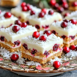 - 2 cups graham cracker crumbs - 1 cup unsweetened shredded coconut - 1 cup dried cranberries - 1/2 cup almond butter (or peanut butter as a substitute) - 1/4 cup honey or maple syrup - 8 oz white chocolate, finely chopped - 1 teaspoon vanilla extract - A pinch of sea salt When I make these bars, I gather all my ingredients first. This helps keep things organized. The graham cracker crumbs form the base. They give the bars a nice crunch. The unsweetened shredded coconut adds a chewy texture and a hint of sweetness. Dried cranberries bring a burst of tartness, balancing the flavors. I often use almond butter, but peanut butter works great, too. It adds creaminess and a nutty taste. Honey or maple syrup acts as a natural sweetener. It helps bind the mixture while adding flavor. The white chocolate is the star here. It melts beautifully and adds a rich sweetness. The vanilla extract enhances the flavor. A pinch of sea salt rounds it all out. This combination makes for a treat that is both tasty and satisfying. - Caloric breakdown per serving: Approximately 180 calories - Macros: - Carbs: 24g - Protein: 3g - Fats: 8g Understanding the nutritional value can help you enjoy these bars in moderation. Each serving gives you a good mix of carbs for energy, protein for muscle strength, and healthy fats for satisfaction. Enjoying these bars as a snack or dessert can feel balanced and delicious! Start by mixing graham cracker crumbs, coconut, and dried cranberries. In a large bowl, add 2 cups of graham cracker crumbs, 1 cup of shredded coconut, and 1 cup of dried cranberries. Stir well. Make sure all the ingredients mix evenly. This base gives our bars their crunch and flavor. Next, melt the almond butter and honey. Use a microwave-safe bowl for this. Measure 1/2 cup of almond butter and 1/4 cup of honey. Heat them in the microwave for 30 seconds. Stir after each time until they are smooth. Then, add in 1 teaspoon of vanilla extract and a pinch of sea salt. This makes the mix rich and tasty. Now, pour the warm almond butter mixture into the dry ingredients. Use a spatula or spoon to mix everything together. You want a sticky mixture that holds together. This step is important for the bars to keep their shape when cut. For the chocolate, take 8 oz of chopped white chocolate and melt it. Use another microwave-safe bowl. Heat it in 30-second bursts, stirring each time. Once melted, pour half of this chocolate into the sticky mixture. Stir gently to coat everything in chocolate. Next, transfer the mixture to an 8x8 inch baking dish. Use parchment paper for easy removal. Press it down firmly and evenly. Then, pour the rest of the melted chocolate on top. Spread it out with a spatula for a smooth finish. Finally, put the baking dish in the fridge. Let it chill for at least 2 hours. This helps the bars set properly. Once set, lift the bars out using the parchment paper. Cut them into squares or rectangles. Serve chilled for the best taste and texture. To achieve smooth chocolate, always chop it finely. This helps it melt evenly. I recommend using a microwave for melting. Heat it in 30-second bursts. Stir after each round to avoid burning. If you find it thick, add a little coconut oil. This makes it silky and easy to spread on top. If you don’t have almond butter, peanut butter works well too. It gives a nice nutty flavor. For sweeteners, honey is great, but maple syrup is a tasty vegan option. You can also try agave syrup if you want something lighter. Each will change the taste slightly, but they all work! When serving, arrange the bars on a pretty plate. For a pop of color, sprinkle extra dried cranberries on top. You can also dust with shredded coconut for a nice touch. Serve the bars chilled to keep them firm and delicious. This will impress your guests and make the dish look fancy! {{image_4}} You can easily customize these bars by adding nuts or seeds. I love using chopped almonds or walnuts for a tasty crunch. You might also try sunflower seeds or pumpkin seeds for a fun twist. Just mix them in when you combine the dry ingredients. This not only adds texture but also boosts the nutrition. If you need gluten-free options, use gluten-free graham crackers. For a vegan version, swap honey for maple syrup. You can also use a plant-based butter instead of almond butter. These simple swaps keep the bars delicious while meeting different dietary needs. Seasonal fruits or spices can brighten these bars. In the fall, add a pinch of cinnamon or nutmeg for warmth. In summer, toss in some diced strawberries or blueberries. These fruits add fresh flavor and color, making the bars even more appealing. Feel free to get creative with what you have on hand! To keep your no-bake white chocolate cranberry bars fresh, use an airtight container. Glass or plastic containers work well. Line the bottom with parchment paper for easy removal. This keeps the bars from sticking. Store them in the fridge to maintain their texture. If you plan to serve them later, you can leave them in the fridge for a quick grab-and-go treat. These bars will last about one week in the fridge. After that, they may lose their flavor and texture. If you notice any changes in smell or color, it’s best to discard them. Keeping them in the right container helps preserve their freshness for longer. You can freeze these bars for up to three months. First, cut them into squares. Wrap each piece tightly in plastic wrap. Then, place the wrapped bars in a freezer-safe bag or container. When you are ready to eat them, simply remove a bar and let it thaw in the fridge overnight. This way, you can enjoy a sweet treat anytime! You can use peanut butter as a great alternative. Sunflower seed butter works too. Both will give a nice flavor. If you need a nut-free option, try soy nut butter. Each choice will change the taste a bit. Choose what fits your needs best. The bars need to chill for at least two hours. After that, check their firmness. Press gently on the top. If it feels solid, they are ready. If they feel soft, let them chill longer. You want them firm but not hard. Yes, you can make these bars a day or two in advance. This is great for parties or gatherings. Simply store them in the fridge. They will hold up well in an airtight container. The flavor may even improve as they sit. Enjoy the ease of prep ahead of time! We explored the key ingredients and steps to make delicious, healthy snack bars. These bars combine graham cracker crumbs, coconut, and cranberries for a tasty treat. I shared tips on perfecting texture and suggested ingredient swaps for your needs. Plus, we covered storage and freezing methods for long-lasting snacks. Incorporating variations can keep your bars exciting. Enjoy making and sharing these simple yet delightful bites!