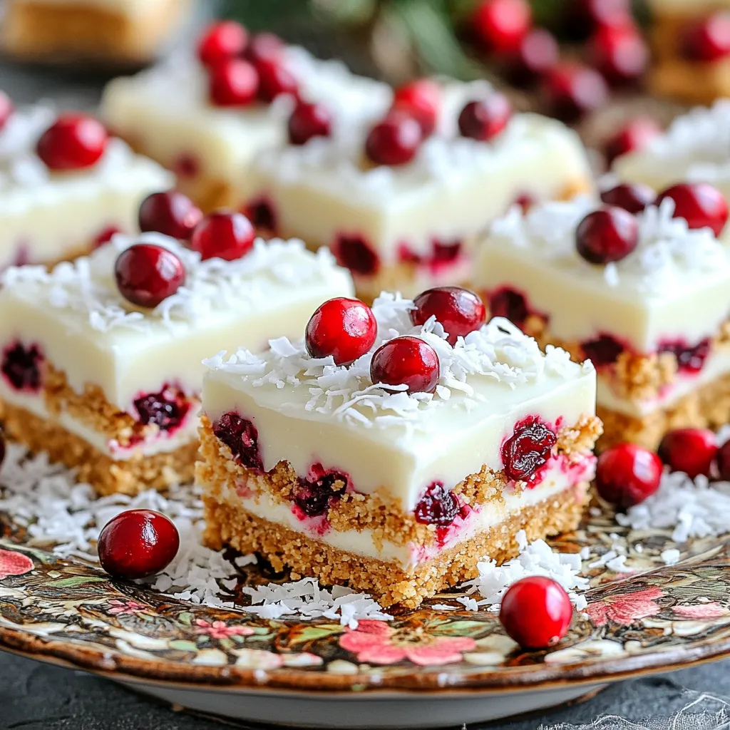 - 2 cups graham cracker crumbs - 1 cup unsweetened shredded coconut - 1 cup dried cranberries - 1/2 cup almond butter (or peanut butter as a substitute) - 1/4 cup honey or maple syrup - 8 oz white chocolate, finely chopped - 1 teaspoon vanilla extract - A pinch of sea salt When I make these bars, I gather all my ingredients first. This helps keep things organized. The graham cracker crumbs form the base. They give the bars a nice crunch. The unsweetened shredded coconut adds a chewy texture and a hint of sweetness. Dried cranberries bring a burst of tartness, balancing the flavors. I often use almond butter, but peanut butter works great, too. It adds creaminess and a nutty taste. Honey or maple syrup acts as a natural sweetener. It helps bind the mixture while adding flavor. The white chocolate is the star here. It melts beautifully and adds a rich sweetness. The vanilla extract enhances the flavor. A pinch of sea salt rounds it all out. This combination makes for a treat that is both tasty and satisfying. - Caloric breakdown per serving: Approximately 180 calories - Macros: - Carbs: 24g - Protein: 3g - Fats: 8g Understanding the nutritional value can help you enjoy these bars in moderation. Each serving gives you a good mix of carbs for energy, protein for muscle strength, and healthy fats for satisfaction. Enjoying these bars as a snack or dessert can feel balanced and delicious! Start by mixing graham cracker crumbs, coconut, and dried cranberries. In a large bowl, add 2 cups of graham cracker crumbs, 1 cup of shredded coconut, and 1 cup of dried cranberries. Stir well. Make sure all the ingredients mix evenly. This base gives our bars their crunch and flavor. Next, melt the almond butter and honey. Use a microwave-safe bowl for this. Measure 1/2 cup of almond butter and 1/4 cup of honey. Heat them in the microwave for 30 seconds. Stir after each time until they are smooth. Then, add in 1 teaspoon of vanilla extract and a pinch of sea salt. This makes the mix rich and tasty. Now, pour the warm almond butter mixture into the dry ingredients. Use a spatula or spoon to mix everything together. You want a sticky mixture that holds together. This step is important for the bars to keep their shape when cut. For the chocolate, take 8 oz of chopped white chocolate and melt it. Use another microwave-safe bowl. Heat it in 30-second bursts, stirring each time. Once melted, pour half of this chocolate into the sticky mixture. Stir gently to coat everything in chocolate. Next, transfer the mixture to an 8x8 inch baking dish. Use parchment paper for easy removal. Press it down firmly and evenly. Then, pour the rest of the melted chocolate on top. Spread it out with a spatula for a smooth finish. Finally, put the baking dish in the fridge. Let it chill for at least 2 hours. This helps the bars set properly. Once set, lift the bars out using the parchment paper. Cut them into squares or rectangles. Serve chilled for the best taste and texture. To achieve smooth chocolate, always chop it finely. This helps it melt evenly. I recommend using a microwave for melting. Heat it in 30-second bursts. Stir after each round to avoid burning. If you find it thick, add a little coconut oil. This makes it silky and easy to spread on top. If you don’t have almond butter, peanut butter works well too. It gives a nice nutty flavor. For sweeteners, honey is great, but maple syrup is a tasty vegan option. You can also try agave syrup if you want something lighter. Each will change the taste slightly, but they all work! When serving, arrange the bars on a pretty plate. For a pop of color, sprinkle extra dried cranberries on top. You can also dust with shredded coconut for a nice touch. Serve the bars chilled to keep them firm and delicious. This will impress your guests and make the dish look fancy! {{image_4}} You can easily customize these bars by adding nuts or seeds. I love using chopped almonds or walnuts for a tasty crunch. You might also try sunflower seeds or pumpkin seeds for a fun twist. Just mix them in when you combine the dry ingredients. This not only adds texture but also boosts the nutrition. If you need gluten-free options, use gluten-free graham crackers. For a vegan version, swap honey for maple syrup. You can also use a plant-based butter instead of almond butter. These simple swaps keep the bars delicious while meeting different dietary needs. Seasonal fruits or spices can brighten these bars. In the fall, add a pinch of cinnamon or nutmeg for warmth. In summer, toss in some diced strawberries or blueberries. These fruits add fresh flavor and color, making the bars even more appealing. Feel free to get creative with what you have on hand! To keep your no-bake white chocolate cranberry bars fresh, use an airtight container. Glass or plastic containers work well. Line the bottom with parchment paper for easy removal. This keeps the bars from sticking. Store them in the fridge to maintain their texture. If you plan to serve them later, you can leave them in the fridge for a quick grab-and-go treat. These bars will last about one week in the fridge. After that, they may lose their flavor and texture. If you notice any changes in smell or color, it’s best to discard them. Keeping them in the right container helps preserve their freshness for longer. You can freeze these bars for up to three months. First, cut them into squares. Wrap each piece tightly in plastic wrap. Then, place the wrapped bars in a freezer-safe bag or container. When you are ready to eat them, simply remove a bar and let it thaw in the fridge overnight. This way, you can enjoy a sweet treat anytime! You can use peanut butter as a great alternative. Sunflower seed butter works too. Both will give a nice flavor. If you need a nut-free option, try soy nut butter. Each choice will change the taste a bit. Choose what fits your needs best. The bars need to chill for at least two hours. After that, check their firmness. Press gently on the top. If it feels solid, they are ready. If they feel soft, let them chill longer. You want them firm but not hard. Yes, you can make these bars a day or two in advance. This is great for parties or gatherings. Simply store them in the fridge. They will hold up well in an airtight container. The flavor may even improve as they sit. Enjoy the ease of prep ahead of time! We explored the key ingredients and steps to make delicious, healthy snack bars. These bars combine graham cracker crumbs, coconut, and cranberries for a tasty treat. I shared tips on perfecting texture and suggested ingredient swaps for your needs. Plus, we covered storage and freezing methods for long-lasting snacks. Incorporating variations can keep your bars exciting. Enjoy making and sharing these simple yet delightful bites!