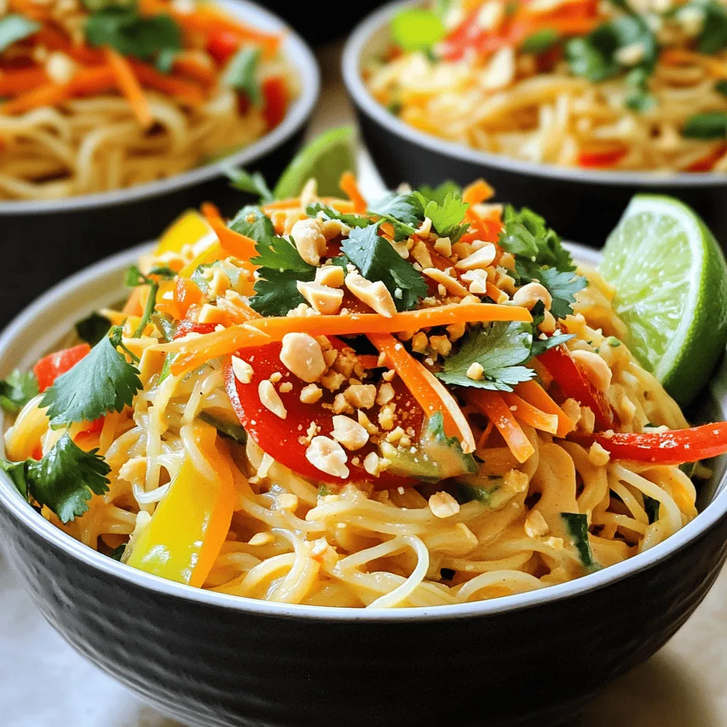 You need these key ingredients to make Spicy Peanut Noodle Bowls: - 8 oz rice noodles - 1 cup unsweetened coconut milk - 1/2 cup creamy peanut butter - 3 tablespoons soy sauce - 2 tablespoons fresh lime juice - 1 tablespoon pure maple syrup - 1 teaspoon sriracha (adjust according to your spice preference) - 1 bell pepper, thinly sliced (any color) - 1 cup shredded carrots - 1/2 cup scallions, finely chopped - Fresh cilantro, for garnish - Crushed peanuts, for topping These items create a rich, creamy sauce and a colorful mix of veggies. The rice noodles soak up all the flavors. You can add fun extras to make your bowl unique: - Cooked protein like chicken or tofu - Extra veggies like broccoli or snap peas - Sesame seeds for crunch - Avocado slices for creaminess Feel free to get creative! Each add-in gives you a different taste and texture. If you have allergies or different tastes, here are some swaps: - Use almond milk instead of coconut milk for a nutty flavor. - Swap peanut butter for sunflower seed butter if you have a nut allergy. - Choose gluten-free soy sauce for a gluten-free option. - Substitute lime juice with lemon juice for a similar zing. These substitutions keep the dish delicious while meeting your needs. To start, cook the rice noodles. Follow the package instructions carefully. Usually, it takes about 5-7 minutes for them to become tender. Once cooked, drain them in a colander. Rinse the noodles under cold water. This stops the cooking process and keeps them firm. Set the cooled noodles aside. They should be ready to mix with the sauce. Next, let's work on the peanut sauce. Take a medium saucepan and place it over medium heat. Add the unsweetened coconut milk and creamy peanut butter. Stir them together until they blend well. Then, add the soy sauce, fresh lime juice, pure maple syrup, and sriracha. Keep stirring for about 3-5 minutes. You want the mixture warm and smooth. If the sauce feels too thick, add some water bit by bit. Adjust until you reach your ideal consistency. Now, it’s time to mix everything. In a large mixing bowl, combine the cooled rice noodles, thinly sliced bell pepper, and shredded carrots. Drizzle the warm peanut sauce over the noodle mix. Toss everything gently to coat the noodles well with the sauce. Once mixed, ladle the noodle salad into bowls. Top each bowl with chopped scallions, fresh cilantro, and crushed peanuts. This adds a nice crunch and flavor. If you like, serve lime wedges on the side for extra zing. Enjoy your fresh and spicy meal! To make a great peanut sauce, start with the right mix. Combine coconut milk and peanut butter in a saucepan. Stir them over medium heat. If the sauce is too thick, add a splash of water. Mix it well until it is smooth. You want it creamy but pourable. This balance helps coat your noodles evenly. Garnishes make your dish pop! Use fresh cilantro for a bright taste. Add chopped scallions for a crunchy bite. Crushed peanuts sprinkle on top create a nice texture. For extra zest, serve lime wedges on the side. The color and flavors will make your bowl look amazing. Spice levels can change everything! If you like it hot, add more sriracha. Start with one teaspoon and taste before adding more. For milder flavors, leave out the sriracha or use less. You can also add more lime juice for a citrusy kick. Adjusting these elements lets everyone enjoy their bowl just right. {{image_4}} You can add protein to your Spicy Peanut Noodle Bowls to make them heartier. Chicken works great. Simply cook diced chicken in a pan until golden brown. Toss it in with your noodles and sauce. Tofu is a fantastic option, too. Use firm tofu, press it to remove excess water, and then cube it. Sauté until crispy for a nice texture. Both options create a balanced meal. Adding more veggies makes the dish more colorful and nutritious. Broccoli florets are a perfect choice. Steam them for a few minutes before mixing in. Snap peas add a nice crunch. Just toss them in with the other veggies raw. You can also use bell peppers, carrots, or even spinach. Feel free to experiment and use what you have on hand. If you're looking for gluten-free choices, you can easily substitute the soy sauce. Use tamari instead, which is gluten-free. Make sure your rice noodles are also labeled gluten-free. Most rice noodles are naturally gluten-free, but it's good to check. These small swaps keep your meal delicious and safe for those with gluten sensitivities. Store any leftover spicy peanut noodles in an airtight container. These noodles will stay fresh for about 3 days in the fridge. Make sure the noodles cool down to room temperature before sealing the container. Avoid leaving them out for too long, as bacteria can grow quickly. To reheat, place the noodles in a microwave-safe bowl. Add a splash of water to keep them moist. Heat in short bursts, stirring in between until warmed through. If you prefer, you can also heat them in a pan on low heat. Add a bit of oil or peanut sauce to prevent sticking and enhance the flavor. You can freeze the spicy peanut noodles, but it’s best to do so without the fresh veggies. Freeze the noodles and sauce separately in airtight containers. They will last for about 2-3 months. When ready to eat, thaw overnight in the fridge. Reheat as mentioned above and add fresh veggies before serving for the best texture and taste. Spicy Peanut Noodle Bowls can be as spicy as you like. The heat mainly comes from the sriracha. If you want it mild, use less sriracha. For more heat, add more. The balance of flavors makes it fun to adjust. Yes, you can make these noodle bowls in advance. Cook the noodles and sauce, then mix them when ready to serve. Store the ingredients separately in the fridge. This way, the noodles stay fresh and don’t get soggy. These noodle bowls pair well with many sides. I suggest serving them with: - Steamed broccoli - Crispy spring rolls - A fresh green salad - Grilled chicken or tofu These sides add nice texture and flavor to your meal. This blog post covered everything you need for Spicy Peanut Noodle Bowls. We explored the ingredients, step-by-step cooking, and helpful tips. You can customize your dish with different proteins and veggies. Storing leftovers is easy, and we even discussed reheating. You have ideas to adjust spice levels and serve your meal perfectly. In the end, enjoy your cooking adventure and make this dish your own!