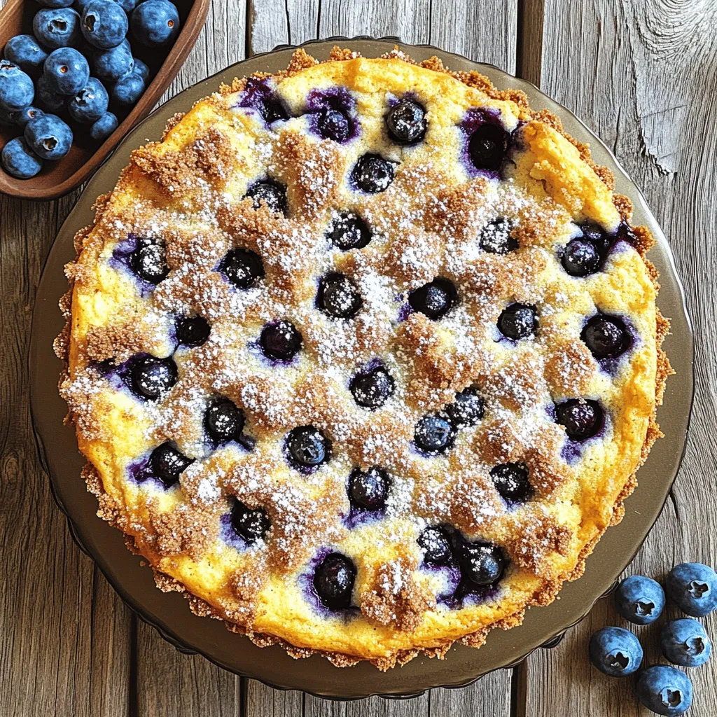 - 2 cups all-purpose flour - 1 cup granulated sugar - 1/2 cup unsalted butter, softened - 1/2 cup sour cream - 3 large eggs, at room temperature - 1 teaspoon vanilla extract - 1 teaspoon baking powder - 1/2 teaspoon baking soda - 1/2 teaspoon salt - 2 cups fresh blueberries (or thawed frozen blueberries) - 1/2 teaspoon ground cinnamon The main ingredients create the base of the coffee cake. Flour gives structure. Sugar sweetens and helps with browning. Butter adds richness and moisture. Sour cream keeps the cake soft and fluffy. Eggs bind the mix and add volume. Vanilla enhances flavor, while baking powder and baking soda help it rise. Salt balances sweetness. Blueberries add bursts of juicy flavor, making it special. Lastly, cinnamon brings warmth and depth. - 1/2 cup all-purpose flour - 1/4 cup brown sugar, packed - 1/4 cup rolled oats - 1/4 cup unsalted butter, melted - 1 teaspoon ground cinnamon The streusel topping is simple yet delightful. Flour gives it structure, while brown sugar adds a rich, caramel flavor. Rolled oats provide a nice crunch. Melted butter binds the mix. Cinnamon adds warmth and pairs well with blueberries. This topping creates a nice contrast to the soft cake below. - Zest of 1 lemon - 1/2 teaspoon almond extract - 1/2 cup chopped nuts (like walnuts or pecans) You can enhance the flavor with a few optional ingredients. Lemon zest brightens the cake, adding a fresh taste. Almond extract provides a sweet, nutty note. Nuts add crunch and a different texture. Feel free to mix and match based on your taste. These additions can take your coffee cake to the next level! Start by preheating your oven to 350°F (175°C). Grease or line a 9x13-inch baking pan. In a large bowl, cream together 1/2 cup of softened butter and 1 cup of granulated sugar. Use an electric mixer and mix until the mixture is light and fluffy. This should take about 3-4 minutes. Next, add 3 large eggs, one at a time. Mix well after each egg. Then, add 1/2 cup of sour cream and 1 teaspoon of vanilla extract. Mix until smooth. In another bowl, whisk together 2 cups of all-purpose flour, 1 teaspoon of baking powder, 1/2 teaspoon of baking soda, 1/2 teaspoon of salt, and 1/2 teaspoon of ground cinnamon. Gradually add this dry mix into the wet ingredients. Fold gently using a spatula. Stop mixing once just combined. This keeps your cake nice and tender. Finally, fold in 2 cups of fresh blueberries, being careful to keep them whole. For the streusel, take a medium bowl and mix 1/2 cup of all-purpose flour, 1/4 cup of brown sugar, 1/4 cup of rolled oats, 1/4 cup of melted butter, and 1 teaspoon of ground cinnamon. Use your fingers or a fork to combine. You want it to look like coarse crumbs. Pour the batter into your prepared pan. Spread it out evenly with a spatula. Next, sprinkle the streusel topping all over the batter. Place the pan in your preheated oven. Bake for 40-45 minutes. Check if it’s done by inserting a toothpick in the center. If it comes out clean or with a few moist crumbs, it’s ready. Let the cake cool in the pan for 10 minutes. Then slice into squares and serve. Enjoy this delightful treat! To keep your cake moist, use room temperature ingredients. This means your butter, eggs, and sour cream should be warm. Mix the butter and sugar until fluffy. This adds air and helps the cake rise. Don't over-mix the batter. Just stir until the dry ingredients blend in. Over-mixing makes the cake tough. When adding blueberries, do it gently. Fold them into the batter with a spatula. This keeps them whole and prevents purple streaks. If you use frozen blueberries, make sure to thaw and drain them first. This helps avoid excess moisture in your cake. You can also toss the berries in flour before adding them. This keeps them from sinking to the bottom. One mistake is not preheating your oven. Always let it heat up before baking. Another is using the wrong pan size. A 9x13-inch pan works best for this recipe. Be careful not to open the oven door too early. This can cause the cake to sink. Lastly, always check for doneness with a toothpick before taking it out. {{image_4}} You can easily adjust the Blueberry Streusel Coffee Cake to fit your needs. Here are some ideas: - Gluten-Free: Use a gluten-free flour blend instead of all-purpose flour. - Dairy-Free: Replace butter with coconut oil and sour cream with almond milk. - Egg-Free: Use flax eggs. Mix 1 tablespoon of ground flaxseed with 2.5 tablespoons of water for each egg. These swaps keep the cake tasty while catering to different diets. Adding a twist to the flavor can be fun. Here are some options: - Lemon Zest: Grate some lemon peel into the batter for a fresh, zesty taste. - Almond Extract: Swap out vanilla for almond extract. This gives a nutty flavor. - Nutmeg: A dash of nutmeg can add warmth and depth to your cake. Try these flavors to make your coffee cake unique! While blueberries are the star, you can mix it up with other fruits: - Raspberries: These add a tart contrast to the sweet cake. - Blackberries: Juicy blackberries create a lovely texture. - Peaches: Chopped peaches can bring a sweet and juicy burst. Feel free to experiment with seasonal fruits for new tastes! To store leftover Blueberry Streusel Coffee Cake, let it cool first. Place the cake in an airtight container. You can also cover it tightly with plastic wrap. This keeps it fresh for up to three days at room temperature. If you want to keep it longer, consider freezing it. To freeze the coffee cake, slice it into pieces. Wrap each piece in plastic wrap, then place them in a freezer bag. Make sure to remove as much air as possible. Label the bag with the date. It can stay in the freezer for up to three months. When you are ready to enjoy it, just take out the slices you want. For the best taste, reheat the coffee cake in the oven. Preheat your oven to 350°F (175°C). Place the slices on a baking sheet. Heat them for about 10 to 15 minutes. You can also use a microwave. Heat each slice for about 20 to 30 seconds. Add a light dusting of powdered sugar after reheating for a nice touch. Yes, you can use frozen blueberries. Just thaw and drain them first. This helps keep your batter from turning blue. The flavor will still be great, and your cake will stay moist. I often use frozen blueberries when fresh ones are not in season. They work perfectly! To check if the coffee cake is done, insert a toothpick into the center. If it comes out clean or with a few moist crumbs, your cake is ready. Baking usually takes about 40 to 45 minutes. Always watch the time, as ovens may vary in heat. Blueberry Streusel Coffee Cake pairs well with coffee or tea. The rich flavors of the cake blend nicely with warm drinks. You can also serve it with whipped cream or a scoop of vanilla ice cream for a sweet twist. Fresh berries on the side add a nice touch, too! In this blog post, we covered how to make a delicious Blueberry Streusel Coffee Cake. We discussed the main ingredients, how to prepare the batter, and tips for a moist cake. I shared options for enhancing flavors and alternatives for dietary needs. Remember to store leftovers properly to keep them fresh. With these easy steps and tricks, you can create a tasty treat. Get ready to impress everyone with your baking skills! Enjoy your coffee cake warm with your favorite drink.