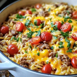 To make a tasty cheeseburger orzo skillet, gather these key ingredients: - 1 cup orzo pasta - 1 pound ground beef or ground turkey - 1 medium onion, finely diced - 2 cloves garlic, minced - 1 cup cherry tomatoes, halved - 1 cup beef broth (or vegetable broth for a lighter option) - 1 tablespoon ketchup - 1 tablespoon yellow mustard - 1 teaspoon Worcestershire sauce - 1 teaspoon smoked paprika - 1 cup shredded sharp cheddar cheese - Salt and black pepper to taste - Fresh parsley, chopped (for garnish) You can easily swap out some ingredients for this dish: - For a lighter meal, use ground turkey instead of ground beef. - If you want less salt, choose low-sodium beef broth. - You can use any small pasta if you don&rsquo;t have orzo. - If you prefer a milder flavor, swap sharp cheddar for mild cheddar or mozzarella. Want to make it your own? Here are some great add-ins: - Sprinkle in some diced bell peppers for extra crunch. - Add spinach or kale for a healthy boost of greens. - For a spicy kick, toss in some chopped jalape&ntilde;os. - Mix in a handful of frozen peas for sweetness and color. These options can help you customize your cheeseburger orzo skillet. Enjoy the cooking process! {{ingredient_image_2}} Start by heating a large skillet over medium heat. Add 1 pound of ground beef or ground turkey. Use a wooden spoon to break apart the meat as it cooks. Brown it for about 5-7 minutes until it is fully cooked. Drain any extra fat from the skillet to keep the dish light and healthy. Next, add 1 medium onion, finely diced, and 2 cloves of minced garlic into the skillet with the meat. Stir the mixture for 3-4 minutes. You want the onion to become soft and clear. This step adds a nice base of flavor. Now, it&rsquo;s time to add the fun stuff! Toss in 1 cup of halved cherry tomatoes. Cook them for about 2 minutes until they soften a bit. Pour in 1 cup of orzo pasta and 1 cup of beef broth. Add 1 tablespoon of ketchup, 1 tablespoon of yellow mustard, 1 teaspoon of Worcestershire sauce, and 1 teaspoon of smoked paprika. Season everything with salt and black pepper. Stir well to mix it all up. Increase the heat to bring it to a gentle boil. Once boiling, lower the heat and cover the skillet. Let it simmer for 10-12 minutes until the orzo is tender and soaks up most of the broth. Stir occasionally to keep it from sticking. After the orzo cooks, take the skillet off the heat. Sprinkle 1 cup of shredded sharp cheddar cheese evenly over the top. Cover the skillet again for 1-2 minutes. This step helps the cheese melt perfectly. Once melted, your dish is ready! Garnish with fresh chopped parsley for a burst of color and serve it straight from the skillet or in bowls for a fun meal. Enjoy your Cheeseburger Orzo Skillet! To cook orzo perfectly, use enough liquid. The orzo needs to absorb the broth fully. I recommend stirring it every few minutes. This keeps it from sticking. Cook it until it's tender but still firm. This is called al dente. If you want a creamier texture, add a splash more broth at the end. To boost flavor, consider using fresh herbs. Basil or oregano can add great taste. You can also try adding crushed red pepper for heat. For a smoky twist, add more smoked paprika. If you like tang, squeeze some lemon juice on top. The acidity will brighten all the flavors. Serve your cheeseburger orzo straight from the skillet for a rustic look. You can also use bowls for a nice touch. Top each serving with extra cheese and parsley for color. A side salad or garlic bread pairs well with this dish. Don't forget to enjoy every bite! Pro Tips Use Quality Meat: Opt for lean ground beef or turkey for a healthier dish without sacrificing flavor. Cook Orzo Perfectly: Stir the orzo occasionally while it simmers to prevent sticking and ensure even cooking. Customize Your Toppings: Feel free to add toppings like pickles or crispy bacon for an extra burst of flavor. Make It Vegetarian: Substitute ground meat with lentils or mushrooms for a delicious vegetarian version of this dish. {{image_4}} You can easily make this dish meat-free. Replace the ground beef or turkey with a mix of saut&eacute;ed mushrooms and lentils. This gives a hearty texture and loads of flavor. You can also use plant-based meat substitutes, like crumbles made from pea protein. For added protein, toss in some chickpeas or black beans. While ground beef is classic, you have options. Ground turkey or chicken works well. They provide leaner meat without losing taste. For a twist, try ground pork or lamb for a richer flavor. You can even use diced steak for a more gourmet touch. Just remember to adjust the cooking times as needed. Cheddar is great, but don't stop there. Try using Monterey Jack for a creamier texture. Pepper Jack adds a spicy kick, perfect for heat lovers. If you want a sharp flavor, go for Gruy&egrave;re or a mix of mozzarella and Parmesan. Each cheese choice will give your orzo a unique taste. To store leftovers of your cheeseburger orzo skillet, let it cool first. Then, transfer it to an airtight container. Make sure to seal it well. You can keep it in the fridge for up to three days. This helps keep the flavors fresh and tasty. When you're ready to enjoy your leftovers, heat them on the stove. Place the orzo in a skillet with a splash of broth or water. Stir it over medium heat until heated through. You can also use a microwave. Place the orzo in a microwave-safe bowl. Cover it loosely and heat it for 1-2 minutes, stirring halfway through. If you want to save it for later, freezing is a great option. Allow the orzo to cool completely first. Then, portion it into freezer-safe bags or containers. Squeeze out as much air as you can before sealing. You can store it in the freezer for up to three months. When you're ready to eat, thaw it in the fridge overnight, then reheat as usual. Yes, you can make this dish ahead. Cook the Cheeseburger Orzo Skillet and let it cool. Store it in an airtight container in the fridge. It stays fresh for about three days. When you're ready to eat, simply reheat it on the stove. Add a splash of broth if it seems dry. You can serve this dish with: - A crisp green salad - Garlic bread or dinner rolls - Steamed vegetables like broccoli or green beans - Pickles or sliced cucumbers for crunch These sides add freshness and balance to the meal. To adjust for more servings, simply scale up the ingredients. For example: - Use 2 cups of orzo for 8 servings. - Increase the ground beef to 2 pounds. - Double the broth and seasonings accordingly. Make sure to use a larger skillet or pot to accommodate the extra food. Enjoy cooking! You learned the key to making a tasty cheeseburger orzo skillet. We discussed ingredients, cooking steps, and tips. You can also try variations with meats and cheeses to match your taste. Store leftovers or freeze extras for later meals. Don&rsquo;t hesitate to adjust the recipe for larger servings. This dish is easy and fun to make. Enjoy your cooking and share it with friends for a hearty meal.