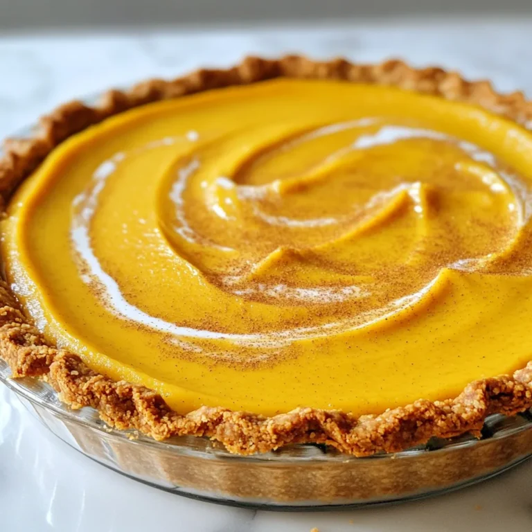 Here are the key ingredients for making a creamy silken tofu pumpkin pie. Each item plays an important role in creating that smooth texture and rich taste. - 1 1/2 cups pumpkin puree (canned or homemade) - 1 cup silken tofu, well-drained - 1/2 cup pure maple syrup - 1/4 cup creamy coconut milk - 1 teaspoon vanilla extract - 1 teaspoon ground cinnamon - 1/2 teaspoon ground nutmeg - 1/4 teaspoon ground ginger - 1/4 teaspoon salt - 1 prepared graham cracker crust (store-bought or homemade) Using quality ingredients makes a big difference. Pumpkin puree gives that classic flavor. Silken tofu adds creaminess and helps set the pie. Maple syrup brings sweetness without being too heavy. Creamy coconut milk adds richness while keeping it dairy-free. Spices like cinnamon, nutmeg, and ginger give warmth and depth. They help create that cozy fall feeling. The graham cracker crust provides a sweet and crunchy base. You can buy one or make your own for a personal touch. Having these ingredients ready will set you up for success. So, gather them and get excited to create a delicious dessert. {{ingredient_image_2}} Set the temperature to 350°F (175°C). Preheating is key for even baking. In a blender, combine: - 1 1/2 cups pumpkin puree - 1 cup silken tofu, well-drained - 1/2 cup pure maple syrup - 1/4 cup creamy coconut milk - 1 teaspoon vanilla extract Blend on high speed until smooth. You want a creamy texture with no lumps. This step helps create a rich filling. Now, sprinkle in: - 1 teaspoon ground cinnamon - 1/2 teaspoon ground nutmeg - 1/4 teaspoon ground ginger - 1/4 teaspoon salt Blend again until all spices mix in well. Carefully pour the creamy filling into your prepared graham cracker crust. Use a spatula to spread it evenly. This ensures a nice, smooth top for the pie. To make a creamy filling, use a high-powered blender. First, blend the silken tofu with the pumpkin puree. This step is key for a smooth texture. Blend until there are no lumps. If you see any lumps, blend a bit longer. Next, check the consistency. It should be thick but pourable. If it seems too thick, add a splash of coconut milk. Blend again until you reach the right texture. This ensures your pie will be creamy and delightful. Baking is crucial for the perfect pie. You want to know when it’s set. The edges should look slightly puffed. A toothpick inserted in the center should come out clean. This means your filling is ready. Ovens can vary in heat. If your pie is not set after 35 minutes, bake for an extra five minutes. Keep an eye on it so it doesn’t overbake. Overbaking can dry out the filling. Adjust baking time as needed. This will give you the best results and a delicious dessert. Pro Tips Chill the Tofu: Before blending, chill the silken tofu in the refrigerator for a few hours. This helps in achieving an even creamier texture in your pie filling. Spice It Up: Feel free to adjust the spices according to your taste. Adding a pinch of cloves or allspice can give a unique twist to the flavor profile of your pumpkin pie. Perfectly Set Filling: To ensure your filling sets perfectly, avoid over-blending the mixture once you add the spices. Blend just until combined for the best texture. Serving Suggestions: For an impressive presentation, serve each slice with a sprinkle of cinnamon, a drizzle of maple syrup, or a handful of chopped nuts for added crunch. {{image_4}} You can easily change the taste of your silken tofu pumpkin pie. One fun idea is to add chocolate or peanut butter. These ingredients add richness and a unique flavor twist. Just mix in a few tablespoons of melted chocolate or creamy peanut butter when you blend the filling. This makes the pie even more delicious and exciting! You can also switch the sweetener you use. Instead of maple syrup, try agave syrup or honey. Both options can change the taste slightly. Agave syrup is milder, while honey adds a floral note. Adjust the amount based on your sweetness preference. If you need a gluten-free option, you can find gluten-free graham cracker crusts at many stores. You can also make your own with gluten-free cookies. This allows everyone to enjoy the pie without worry. For nut-free options, ensure the crust you choose is nut-free. You can also use dairy-free whipped toppings. Look for coconut cream or almond milk-based products. These alternatives are tasty and fit many diets. To keep your silken tofu pumpkin pie fresh, refrigerate it right away. Place it in an airtight container or cover it with plastic wrap. This helps to prevent it from drying out or absorbing smells from the fridge. The pie stays good for about 4 to 5 days. If you want to save some pie for later, you can freeze slices. First, let the pie cool completely. Then, wrap each slice tightly in plastic wrap. Next, place the wrapped slices in a freezer-safe bag. This helps to keep them fresh for about 2 to 3 months. When you’re ready to enjoy a slice, take it out of the freezer. Allow it to thaw in the fridge for a few hours or overnight. For the best taste and texture, serve it chilled or at room temperature. Silken tofu is a soft type of tofu. It has a smooth texture and is creamy. I use silken tofu in this pie for its ability to add richness. It helps make the filling smooth without using dairy. This makes the pie creamy and delicious. Plus, it is a great source of protein. Silken tofu also absorbs flavors well. It allows the pumpkin and spices to shine through. Using silken tofu makes this pie both tasty and healthy. Yes, you can! While I use a graham cracker crust, other options work too. If you want a gluten-free crust, try almond flour or oat flour. You can also use a nut crust for added flavor. For a healthier option, a crust made from dates and nuts can be great. If you want a lighter touch, try a baked pie crust made from whole grains. Each option brings a unique taste and texture to your pie. To make this recipe vegan, check your ingredients carefully. The silken tofu, pumpkin puree, and spices are all vegan. Make sure to use pure maple syrup, as it is plant-based. Choose dairy-free coconut milk for creaminess. For the crust, ensure it is vegan too. Many store-bought graham cracker crusts are not vegan. You can easily make a vegan crust at home. This way, you can enjoy a delicious pie that fits your diet! This blog post shows how to make a delicious pumpkin pie. We explored key ingredients like pumpkin puree and silken tofu, which create a smooth and creamy base. You learned step-by-step instructions, helpful tips for a perfect bake, and fun variations to try. Don't forget about storage tips for leftovers and FAQs that clear up any questions. In the end, making this pumpkin pie is easy and rewarding. Get creative and enjoy each bite!