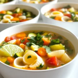 - 1 cup concha pasta (shell pasta) - 1 tablespoon olive oil - 1 small onion, finely chopped - 2 cloves garlic, minced - 4 cups vegetable broth - 1 medium tomato, diced - 1 carrot, diced - 1 zucchini, diced - 1 teaspoon ground cumin - 1 teaspoon chili powder - 1/2 teaspoon paprika - Salt and pepper to taste - 1/4 cup fresh cilantro, chopped (for garnish) - Lime wedges (for serving) Let&rsquo;s dive into the heart of this dish! Sopa de Conchas is a warm, comforting soup. The main star here is the concha pasta, which looks like little shells. This fun shape adds a special touch to your bowl. I use just one cup of concha pasta. It balances perfectly with the other ingredients. Olive oil helps to bring out the flavors of the onion and garlic. I like to chop one small onion finely; it adds sweetness. The two cloves of minced garlic add a nice aroma. Next, I pour in four cups of vegetable broth. This gives the soup a rich base. I love to use fresh vegetables like one medium tomato, one carrot, and one zucchini. Dicing them makes them easy to eat and helps them cook evenly. Spices make this soup pop! I add one teaspoon of ground cumin, one teaspoon of chili powder, and half a teaspoon of paprika. Adjust these spices based on your taste. Salt and pepper finish the flavor profile. To make each bowl beautiful, I use fresh cilantro and lime wedges as a garnish. The cilantro adds freshness, while the lime gives a bright zing. This dish is not just tasty; it's also colorful and inviting! {{ingredient_image_2}} - Saut&eacute;ing the onion and garlic Start by heating one tablespoon of olive oil in a large pot over medium heat. Add one small, finely chopped onion. Saut&eacute; it for about 3-4 minutes. Stir it often until it turns clear. Next, add two minced garlic cloves. Stir for one minute until the garlic smells nice. - Adding vegetables and cooking until soft Now, add one diced tomato, one diced carrot, and one diced zucchini to the pot. Keep stirring for about 5 minutes. You want the veggies to soften but not turn mushy. This step builds great flavor. - Combining ingredients and bringing to a simmer Pour in four cups of vegetable broth. Raise the heat a bit to bring the mix to a gentle simmer. This lets all the flavors blend together nicely. - Cooking concha pasta and adjusting seasonings Add one cup of concha pasta to your pot. Sprinkle in one teaspoon of ground cumin, one teaspoon of chili powder, and half a teaspoon of paprika. Add salt and pepper too. Stir everything well so the pasta is covered in broth. Cook for about 8-10 minutes. Stir often until the pasta is just right and the veggies are tender. Taste your soup and add more salt or spices if you want. Serve your soup hot, garnished with fresh cilantro and lime wedges. Enjoy the warm, hearty flavors of your Sopa de Conchas! Using fresh ingredients makes a big difference in flavor. Fresh herbs, ripe tomatoes, and good broth all add depth. When you cook with fresh items, the taste shines through. You can adjust the spice levels to fit your taste. If you like heat, add more chili powder. For a milder soup, use less. Always taste as you go to find your perfect balance. Presentation is key for making your meal inviting. Serve the soup in colorful bowls. A drizzle of olive oil adds a nice touch. Finally, sprinkle fresh cilantro on top for a pop of green. Lime wedges not only look great but also add zing. Prepping your ingredients in advance saves time. Chop the vegetables and store them in the fridge. You can also measure out spices ahead of time. This makes cooking smoother and quicker. Consider using store-bought vegetable broth. It cuts down your cooking time. This is great when you need a quick meal. Just look for a brand that uses quality ingredients. Pro Tips Use Fresh Ingredients: For the best flavor, use fresh vegetables and herbs. They will enhance the overall taste of your soup. Customize the Spices: Feel free to adjust the spices to suit your taste. Add more chili powder for extra heat or a pinch of oregano for a different flavor profile. Perfect Pasta Texture: To avoid overcooked pasta, check the concha pasta a minute or two before the suggested cooking time. It should be al dente. Garnish for Appeal: A drizzle of olive oil and a sprinkle of cilantro not only enhance flavors but also add visual appeal to your dish. {{image_4}} You can easily change some ingredients in Sopa de Conchas to fit your needs. Here are a few ideas: - Alternative pasta types: If you can't find concha pasta, use small shells or elbow macaroni. Both work well and taste great. - Additional vegetables to enhance nutrition: Add spinach, bell peppers, or peas for extra color and vitamins. These veggies cook fast and boost flavor. - Using chicken broth for non-vegetarian version: If you prefer a meatier taste, swap vegetable broth for chicken broth. This adds depth and richness to your soup. You can make Sopa de Conchas even more exciting with these flavor tweaks: - Adding proteins like shredded chicken or beans: For a heartier meal, mix in shredded chicken or black beans. Both options add protein and make the soup filling. - Incorporating different spices for a unique twist: Try adding oregano or a pinch of cayenne pepper. These spices can turn your soup into something special and unique to your taste. Feel free to experiment with these variations and find what works best for you. Cooking should always be fun! After you enjoy your Sopa de Conchas, store any leftovers in the fridge. Use an airtight container to keep it fresh. It stays good for about 3-4 days. If you want to keep it longer, freezing is a great option. - Freezing Portions: Divide the soup into single-serving containers. Leave a little space at the top. This lets the soup expand as it freezes. You can freeze it for up to 3 months. Reheating your Sopa de Conchas is easy. You want to keep the flavors intact. - Stovetop Method: Pour the soup into a pot over low heat. Stir often until it warms up. This helps it heat evenly. - Microwave Method: Place the soup in a microwave-safe bowl. Cover it loosely and heat in short bursts. Stir between each burst to avoid hot spots. Enjoy your warm, hearty soup again! Mexican Sopa de Conchas is a soup made with small shell pasta. It's full of flavors from fresh veggies and spices. The broth is rich and comforting, perfect for any meal. Yes, you can make it ahead of time. Just store it in the fridge for up to three days. When ready to eat, reheat gently on the stove. No, traditional Sopa de Conchas is not gluten-free. The concha pasta contains wheat. However, you can use gluten-free pasta for a safe option. To add heat, try more chili powder or fresh jalape&ntilde;os. You can also use a spicy broth. Adjust to your heat level for the best taste. Absolutely! You can use chicken broth or beef broth. Each will change the flavor slightly but still make a tasty soup. Serve with lime wedges for a zesty kick. Add fresh cilantro on top for color. You can also pair it with warm tortillas or crusty bread. In this post, we explored how to make Sopa de Conchas. We covered essential ingredients, step-by-step instructions, and storage tips. Each part ensures you create a meal full of flavor. Remember, using fresh ingredients can elevate the dish. Feel free to experiment with variations to match your taste. This soup is quick to make and easy to customize. Enjoy your cooking and share this delicious meal with loved ones. Happy cooking!