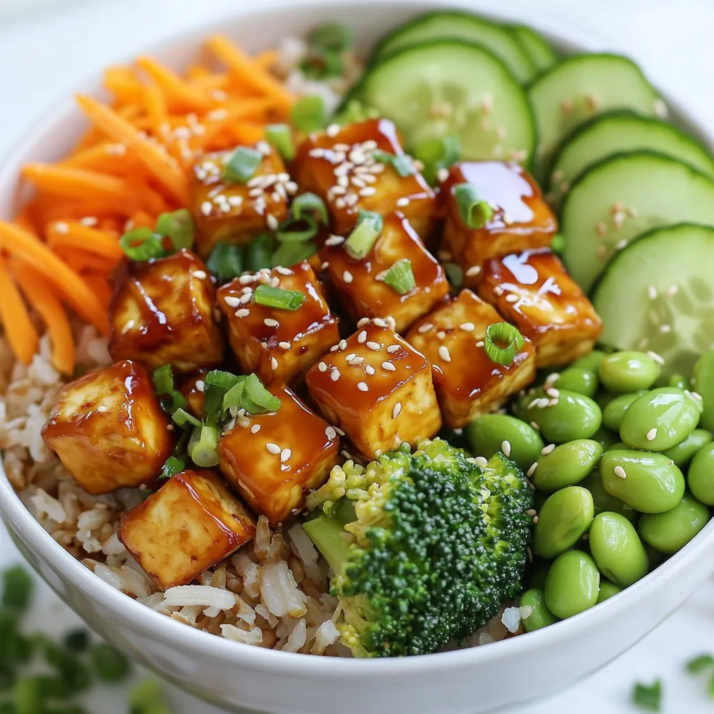 To make your Teriyaki Tofu Buddha Bowl, gather these key ingredients: - 1 block (14 oz) firm tofu, thoroughly drained and pressed - 1/4 cup teriyaki sauce (store-bought or homemade for a personal touch) - 1 cup brown rice, cooked to fluffy perfection - 1/2 cup shelled edamame (fresh or frozen) - 1 small cucumber, thinly sliced - 1 medium carrot, julienned for added crunch - 1 cup broccoli florets, steamed until tender but still vibrant - 2 green onions, finely chopped for a fresh finish - 1 tablespoon sesame seeds, toasted if possible for extra flavor - 1 tablespoon olive oil for sautéing - Salt and pepper to taste These ingredients are full of flavor and nutrition. Firm tofu holds up well in stir-frying. Brown rice offers fiber and a nutty taste. Edamame adds protein, while fresh veggies bring colors and vitamins. Feel free to add these for extra flair and taste: - Sliced avocado for creaminess - Crushed peanuts for crunch - A sprinkle of chili flakes for heat - A drizzle of lime juice for brightness These garnishes not only enhance the taste but also make your dish look beautiful. Gather these tools to make your cooking process smoother: - Large non-stick skillet for sautéing - Mixing bowl for marinating tofu - Pot or rice cooker for cooking rice - Steamer basket for broccoli Having the right tools helps you cook effectively and keeps your kitchen organized. Enjoy making this healthy and tasty dish! {{ingredient_image_2}} To start, cut the pressed tofu into 1-inch cubes. Place the cubes in a mixing bowl. Pour in 1/4 cup of teriyaki sauce. Gently toss until each piece is coated. Let the tofu sit for at least 15 minutes. This step helps the tofu soak up the tasty sauce. While the tofu marinates, cook your brown rice. Follow the package instructions closely. Once it’s done, fluff the rice with a fork. This makes it light and fluffy, perfect for your bowl. Next, grab a large non-stick skillet. Heat 1 tablespoon of olive oil over medium heat. Once the oil is hot, carefully add the marinated tofu cubes. Cook for about 5 to 7 minutes. Turn the tofu gently to brown all sides. You want a nice golden crust to form. Now it’s time to build your bowl. Start with a generous layer of cooked brown rice. Place the sautéed tofu on top. Next, add the shelled edamame, cucumber slices, julienned carrot, and steamed broccoli florets. Arrange them nicely for a colorful look. To finish, sprinkle chopped green onions and sesame seeds on top. If you have extra teriyaki sauce, drizzle some over the bowl. Season with salt and pepper to your taste. This adds flavor and makes it even more delicious. Tofu can be tricky. Here’s how to get it just right: - Use firm tofu. It holds its shape better. - Press the tofu to remove excess water. This helps it absorb flavors. - Cut the tofu into even 1-inch cubes. This ensures they cook evenly. - Sauté in a hot pan with olive oil. This gives a nice golden crust. - Turn the tofu gently. This avoids breaking the cubes. Once you achieve that golden brown crust, your tofu will be full of flavor and texture. Cooking brown rice can be simple if you follow these steps: - Rinse the rice in cold water. This removes excess starch. - Use the right water-to-rice ratio. A common ratio is 2:1. - Bring water to a boil before adding the rice. - Lower the heat and cover. Let it simmer for about 45 minutes. - Fluff the rice with a fork after cooking. This makes it light and airy. Perfectly fluffy rice is a great base for your Buddha bowl. You can make your Buddha bowl unique! Here are some ideas: - Swap brown rice for quinoa or cauliflower rice for a lighter option. - Add different veggies like bell peppers or spinach for color. - Include nuts or seeds for extra crunch. - Use a different sauce, like peanut or soy sauce, for a twist. - Top with avocado slices for creaminess. Personalizing your Buddha bowl makes it fun and delicious! Pro Tips Tip Title 1: For the best flavor, marinate the tofu for at least 30 minutes or even overnight in the refrigerator. Tip Title 2: Use freshly toasted sesame seeds for a more pronounced nutty flavor in your Buddha bowl. Tip Title 3: Experiment with different vegetables based on the season or your personal preference to keep this dish exciting. Tip Title 4: Serve with lime wedges on the side for a zesty kick that complements the teriyaki sauce perfectly. {{image_4}} You can easily make this bowl vegan. The tofu is already plant-based. To add more protein, try chickpeas or tempeh instead of tofu. Both options work well with teriyaki sauce. These swaps keep the meal tasty and satisfying. Switch up the ingredients to make this bowl your own. Instead of brown rice, try quinoa or farro. These grains add unique flavors and textures. For the veggies, swap in bell peppers or zucchini. You can also use different sauces like peanut sauce for a twist. Using seasonal veggies can enhance your Buddha bowl. In spring, add asparagus or snap peas for freshness. Summer is great for tomatoes and corn. In the fall, use roasted sweet potatoes or Brussels sprouts. Winter calls for hearty greens like kale or spinach. These options keep your bowl vibrant and delicious year-round. To store your leftovers, let the Buddha bowl cool down. Place the tofu and veggies into an airtight container. You can keep it in the fridge for up to three days. If you have extra sauce, keep it in a separate container. This keeps the tofu and veggies fresh for longer. When you’re ready to enjoy your leftovers, reheat them in a skillet. Add a splash of water to keep the tofu moist. Heat over medium until warmed through. You can also use the microwave. Just cover the bowl with a damp paper towel to keep moisture in. Heat in short bursts, checking often. If you want to freeze your Buddha bowl, it’s best to freeze the tofu and rice separately. Place them in freezer-safe bags. They can last up to three months. To thaw, move them to the fridge overnight. When ready to eat, reheat as mentioned above. This helps maintain the texture and flavor. You can use quinoa, white rice, or cauliflower rice. Quinoa adds protein and fiber. White rice is softer but less nutritious. Cauliflower rice is low-carb and light. Choose what you like best! Yes, you can! Mix soy sauce, honey (or maple syrup), ginger, and garlic. Heat it until it thickens. This gives you a fresh, tasty sauce. Homemade sauce can be adjusted to your taste too! No, the recipe is not gluten-free if you use regular soy sauce. To make it gluten-free, use tamari instead of soy sauce. This keeps the taste while avoiding gluten. Always check your labels! Add red pepper flakes or sriracha for heat. You can also mix in some chili oil. Start with a little, taste, and add more if you want. This will give your dish a nice kick! This dish is rich in protein from tofu and fiber from veggies and rice. It has vitamins from broccoli and carrots. Edamame adds extra protein, making it filling. Overall, it's a balanced, tasty meal! This blog post covered how to make a Teriyaki Tofu Buddha Bowl. We discussed essential ingredients, marinating and cooking steps, and tips for perfect tofu. You learned how to store leftovers and suggested variations for flavor. In conclusion, this bowl is a tasty, healthy option. With simple steps and swaps, you can make it your own. Enjoy every bite of your creation!
