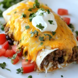 For the Beefy Melt Burrito, you need: - 1 lb ground beef - 1 cup cooked white rice - 1 cup black beans, drained and rinsed - 1 cup shredded cheddar cheese, divided - 1/2 cup sour cream - 1/4 cup taco sauce - 1 tablespoon taco seasoning - 4 large flour tortillas - 1/2 cup diced tomatoes - Salt and pepper to taste These main ingredients provide a hearty base for your burrito. The ground beef gives flavor and protein. The cooked rice adds texture, while the black beans offer fiber. The combination of cheddar cheese and sour cream makes every bite creamy and satisfying. You can add these to brighten your dish: - 1/4 cup chopped cilantro - Extra sour cream - Lime wedges Chopped cilantro adds a fresh taste. Extra sour cream is great for dipping. A lime wedge gives a zesty kick to each bite. To make this recipe, you will need: - A large skillet - A spatula - A baking sheet - An oven This simple set of tools will help you create delicious burritos. The skillet cooks the beef and filling, while the baking sheet is perfect for melting the cheese. {{ingredient_image_2}} Start by heating a large skillet over medium heat. Add 1 lb of ground beef to the skillet. Use a spatula to break up the meat as it cooks. Cook it for about 5-7 minutes. The beef should be browned and no longer pink. If you see extra fat, drain it off. This keeps your burrito from being greasy. Now, stir in 1 tablespoon of taco seasoning. Add a pinch of salt and pepper for taste. Next, mix in 1 cup of black beans, drained and rinsed, and 1 cup of cooked white rice. Stir everything together well. Cook this mixture for another 2-3 minutes. You want it all heated through. Once the filling is ready, remove the skillet from the heat. Mix in 1/4 cup of taco sauce and half of the shredded cheddar cheese. Take 1 large flour tortilla and lay it flat. Spoon a generous portion of the beef mixture into the center. Top it with a dollop of sour cream, 1/2 cup of diced tomatoes, and more cheddar cheese. To wrap your burrito, fold the sides of the tortilla inward. Then roll it up tightly from the bottom. Repeat this with the other tortillas and filling. Place the assembled burritos on a baking sheet. Sprinkle any leftover cheddar cheese on top. Preheat your oven to 375&deg;F (190&deg;C). Bake for about 10 minutes. You want the cheese to be melted and bubbly. Carefully take the burritos out of the oven and let them cool a bit. Garnish with chopped cilantro for a fresh touch. Enjoy your tasty beefy melt burritos! To enhance the taste of your beefy melt burrito, use fresh herbs. Fresh cilantro adds a bright touch. You can also add a squeeze of lime juice before serving. This boosts the flavor and gives it a nice zing. If you like heat, add chopped jalape&ntilde;os to the filling. A dash of hot sauce can also kick it up. One common mistake is overcooking the beef. Cook it just until it turns brown. If you cook it too long, it can get tough. Make sure to drain excess fat after cooking. This keeps your burrito from being greasy. When rolling the burrito, don't overfill it. Too much filling makes it hard to wrap. You can prepare the filling a day early. Store it in an airtight container in the fridge. This saves time when you're ready to eat. Just warm the filling before assembling. You can also assemble the burritos ahead of time. Wrap them in foil and keep them in the fridge. Bake them when you're ready to enjoy. This keeps them fresh and tasty. Pro Tips Use Fresh Ingredients: Always opt for fresh vegetables and herbs to enhance the flavor profile of your burritos. Cheese Selection: Experiment with different types of cheese like Monterey Jack or pepper jack for a unique twist on the traditional cheddar. Make Ahead: Prepare the beef mixture in advance and store it in the refrigerator for a quick and easy meal during busy weeknights. Customize Your Fillings: Feel free to add other ingredients such as avocado, jalape&ntilde;os, or corn to suit your taste preferences. {{image_4}} You can easily make a vegetarian version of the Beefy Melt Burrito. Replace the ground beef with a mix of saut&eacute;ed mushrooms, bell peppers, and zucchini. These veggies add great flavor and texture. You can also use lentils or textured vegetable protein for protein. The rest of the ingredients, like rice, beans, and cheese, stay the same. This way, you still enjoy a hearty burrito without the meat. If you like heat, add some diced jalape&ntilde;os or a pinch of cayenne pepper to the beef mix. You can also substitute taco sauce with a spicy salsa. For a milder option, skip jalape&ntilde;os and use mild salsa. Taste your filling as you go. Adjusting spice levels is all about your preference, so feel free to experiment! Cheese is key to a tasty burrito. While cheddar cheese is great, you can try Monterey Jack or pepper jack for a twist. Both melt well and add a unique taste. You could even mix in some cream cheese for extra creaminess. Don&rsquo;t forget to sprinkle cheese on top before baking. It makes for a gooey, delicious finish! You can store your Beefy Melt Burritos in the fridge. First, let them cool down. Then, wrap each burrito in plastic wrap or aluminum foil. Place them in an airtight container. They stay fresh for up to three days. For best taste, eat them within this time. To reheat, unwrap the burrito. Place it on a microwave-safe plate. Heat on high for about one to two minutes. Check if it&rsquo;s warmed through. If you want a crispy outside, use an oven. Preheat the oven to 375&deg;F (190&deg;C). Bake for about 10 minutes. This gives a nice, crunchy finish. You can freeze these burritos for later. Wrap them tightly in plastic wrap first. Then, place them in a freezer-safe bag. They can last for up to three months. When ready to eat, thaw them in the fridge overnight. Reheat as mentioned above. This way, you enjoy the flavors anytime! You can add heat to your burritos easily. Use diced jalape&ntilde;os in the filling. Sprinkle in some cayenne pepper or chili powder for more kick. You could also add hot sauce on top before you eat. For a big flavor boost, mix some spicy salsa into the beef. Yes, you can switch up the meat. Ground turkey or chicken works well. If you prefer beef, try using steak or roast beef. Shredded pork adds a nice twist too. Just make sure to cook the meat properly for the best taste. Many sides complement beefy melt burritos. A simple salad with fresh veggies pairs nicely. You could also serve tortilla chips with salsa or guacamole. For a hearty side, try Spanish rice or refried beans. Corn on the cob adds a sweet touch too. We explored how to make delicious beefy melt burritos from scratch. You learned about the main ingredients, tips for flavor, and ways to avoid common mistakes. Options for vegetarian variations and cheese swaps give you flexibility. Plus, we discussed smart storage tips, so your burritos stay tasty. Enjoying this dish is easy, and you can customize it to your taste. Now, gather your ingredients and get cooking for a fun meal!