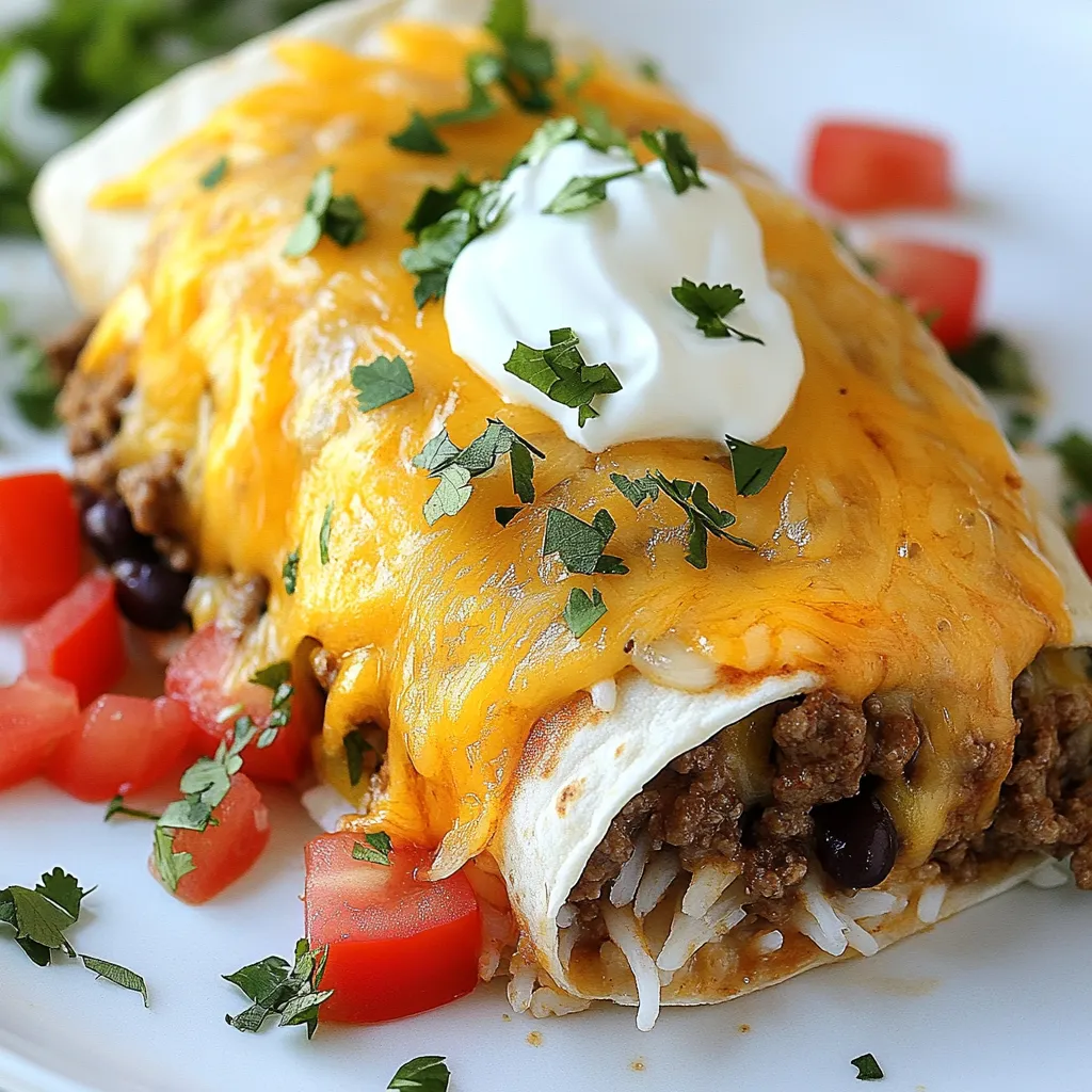 For the Beefy Melt Burrito, you need: - 1 lb ground beef - 1 cup cooked white rice - 1 cup black beans, drained and rinsed - 1 cup shredded cheddar cheese, divided - 1/2 cup sour cream - 1/4 cup taco sauce - 1 tablespoon taco seasoning - 4 large flour tortillas - 1/2 cup diced tomatoes - Salt and pepper to taste These main ingredients provide a hearty base for your burrito. The ground beef gives flavor and protein. The cooked rice adds texture, while the black beans offer fiber. The combination of cheddar cheese and sour cream makes every bite creamy and satisfying. You can add these to brighten your dish: - 1/4 cup chopped cilantro - Extra sour cream - Lime wedges Chopped cilantro adds a fresh taste. Extra sour cream is great for dipping. A lime wedge gives a zesty kick to each bite. To make this recipe, you will need: - A large skillet - A spatula - A baking sheet - An oven This simple set of tools will help you create delicious burritos. The skillet cooks the beef and filling, while the baking sheet is perfect for melting the cheese. {{ingredient_image_2}} Start by heating a large skillet over medium heat. Add 1 lb of ground beef to the skillet. Use a spatula to break up the meat as it cooks. Cook it for about 5-7 minutes. The beef should be browned and no longer pink. If you see extra fat, drain it off. This keeps your burrito from being greasy. Now, stir in 1 tablespoon of taco seasoning. Add a pinch of salt and pepper for taste. Next, mix in 1 cup of black beans, drained and rinsed, and 1 cup of cooked white rice. Stir everything together well. Cook this mixture for another 2-3 minutes. You want it all heated through. Once the filling is ready, remove the skillet from the heat. Mix in 1/4 cup of taco sauce and half of the shredded cheddar cheese. Take 1 large flour tortilla and lay it flat. Spoon a generous portion of the beef mixture into the center. Top it with a dollop of sour cream, 1/2 cup of diced tomatoes, and more cheddar cheese. To wrap your burrito, fold the sides of the tortilla inward. Then roll it up tightly from the bottom. Repeat this with the other tortillas and filling. Place the assembled burritos on a baking sheet. Sprinkle any leftover cheddar cheese on top. Preheat your oven to 375°F (190°C). Bake for about 10 minutes. You want the cheese to be melted and bubbly. Carefully take the burritos out of the oven and let them cool a bit. Garnish with chopped cilantro for a fresh touch. Enjoy your tasty beefy melt burritos! To enhance the taste of your beefy melt burrito, use fresh herbs. Fresh cilantro adds a bright touch. You can also add a squeeze of lime juice before serving. This boosts the flavor and gives it a nice zing. If you like heat, add chopped jalapeños to the filling. A dash of hot sauce can also kick it up. One common mistake is overcooking the beef. Cook it just until it turns brown. If you cook it too long, it can get tough. Make sure to drain excess fat after cooking. This keeps your burrito from being greasy. When rolling the burrito, don't overfill it. Too much filling makes it hard to wrap. You can prepare the filling a day early. Store it in an airtight container in the fridge. This saves time when you're ready to eat. Just warm the filling before assembling. You can also assemble the burritos ahead of time. Wrap them in foil and keep them in the fridge. Bake them when you're ready to enjoy. This keeps them fresh and tasty. Pro Tips Use Fresh Ingredients: Always opt for fresh vegetables and herbs to enhance the flavor profile of your burritos. Cheese Selection: Experiment with different types of cheese like Monterey Jack or pepper jack for a unique twist on the traditional cheddar. Make Ahead: Prepare the beef mixture in advance and store it in the refrigerator for a quick and easy meal during busy weeknights. Customize Your Fillings: Feel free to add other ingredients such as avocado, jalapeños, or corn to suit your taste preferences. {{image_4}} You can easily make a vegetarian version of the Beefy Melt Burrito. Replace the ground beef with a mix of sautéed mushrooms, bell peppers, and zucchini. These veggies add great flavor and texture. You can also use lentils or textured vegetable protein for protein. The rest of the ingredients, like rice, beans, and cheese, stay the same. This way, you still enjoy a hearty burrito without the meat. If you like heat, add some diced jalapeños or a pinch of cayenne pepper to the beef mix. You can also substitute taco sauce with a spicy salsa. For a milder option, skip jalapeños and use mild salsa. Taste your filling as you go. Adjusting spice levels is all about your preference, so feel free to experiment! Cheese is key to a tasty burrito. While cheddar cheese is great, you can try Monterey Jack or pepper jack for a twist. Both melt well and add a unique taste. You could even mix in some cream cheese for extra creaminess. Don’t forget to sprinkle cheese on top before baking. It makes for a gooey, delicious finish! You can store your Beefy Melt Burritos in the fridge. First, let them cool down. Then, wrap each burrito in plastic wrap or aluminum foil. Place them in an airtight container. They stay fresh for up to three days. For best taste, eat them within this time. To reheat, unwrap the burrito. Place it on a microwave-safe plate. Heat on high for about one to two minutes. Check if it’s warmed through. If you want a crispy outside, use an oven. Preheat the oven to 375°F (190°C). Bake for about 10 minutes. This gives a nice, crunchy finish. You can freeze these burritos for later. Wrap them tightly in plastic wrap first. Then, place them in a freezer-safe bag. They can last for up to three months. When ready to eat, thaw them in the fridge overnight. Reheat as mentioned above. This way, you enjoy the flavors anytime! You can add heat to your burritos easily. Use diced jalapeños in the filling. Sprinkle in some cayenne pepper or chili powder for more kick. You could also add hot sauce on top before you eat. For a big flavor boost, mix some spicy salsa into the beef. Yes, you can switch up the meat. Ground turkey or chicken works well. If you prefer beef, try using steak or roast beef. Shredded pork adds a nice twist too. Just make sure to cook the meat properly for the best taste. Many sides complement beefy melt burritos. A simple salad with fresh veggies pairs nicely. You could also serve tortilla chips with salsa or guacamole. For a hearty side, try Spanish rice or refried beans. Corn on the cob adds a sweet touch too. We explored how to make delicious beefy melt burritos from scratch. You learned about the main ingredients, tips for flavor, and ways to avoid common mistakes. Options for vegetarian variations and cheese swaps give you flexibility. Plus, we discussed smart storage tips, so your burritos stay tasty. Enjoying this dish is easy, and you can customize it to your taste. Now, gather your ingredients and get cooking for a fun meal!