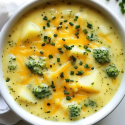 - 2 cups broccoli florets - 2 medium potatoes, peeled and diced into small cubes - 1 medium onion, finely chopped - 3 cloves garlic, minced - 4 cups vegetable broth - 1 cup milk (or a dairy-free alternative) - 1 &frac12; cups sharp cheddar cheese, grated (plus extra for garnish) In this soup, you need fresh, vibrant broccoli florets. The potatoes add body and creaminess. Onions and garlic bring a sweet and savory base. You will use vegetable broth for depth and milk to create a smooth texture. Sharp cheddar cheese gives the soup its rich, cheesy flavor. - Salt and pepper - &frac12; teaspoon smoked paprika Simple seasonings like salt and pepper enhance all the flavors. Smoked paprika adds a subtle warmth. Adjust these to match your taste. - Fresh chives - Extra cheddar cheese Garnishing with fresh chives adds a pop of color and a mild onion flavor. A sprinkle of extra cheddar cheese makes the soup even more inviting. These small touches elevate your dish visually and tastefully. {{ingredient_image_2}} 1. Saut&eacute;ing onions and garlic: Start by pouring olive oil into a large pot. Heat it over medium heat. When the oil shimmers, add the chopped onion and minced garlic. Saut&eacute; for about 5 minutes. Stir often until the onion turns soft and fragrant. 2. Cooking potatoes: Now, add the diced potatoes to the pot. Stir them with the onion and garlic. Cook for another 2 to 3 minutes. This step lets the potatoes soak up the flavors of the onions and garlic. 1. Adding vegetable broth: Pour in the vegetable broth and increase the heat. Bring the mixture to a rolling boil. 2. Cooking until potatoes are tender: Once boiling, reduce the heat to low and cover the pot. Let it simmer for about 15 minutes. The potatoes should be tender when you pierce them with a fork. 1. Pureeing the soup: After the potatoes are tender, add the broccoli florets. Stir gently and let it simmer for another 5 to 7 minutes. The broccoli should turn bright green and become tender. Use an immersion blender to puree the soup until smooth. If you don't have one, ladle the soup into a regular blender in batches. Let steam escape to avoid a mess. 2. Adding milk and cheese: Return the pureed soup to low heat. Gradually stir in the milk and grated cheddar cheese. Keep stirring until the cheese melts and the soup is creamy. Season with salt, pepper, and smoked paprika to taste. Stir well and heat through for a couple more minutes. To make this soup your own, adjust the seasonings. A pinch more salt or pepper adds a nice kick. If you want spice, try adding cayenne pepper or chili flakes. You can also add other vegetables. Carrots or spinach blend well with broccoli. Just chop them small and add them when you add the potatoes. Creaminess is key for this soup. You can use different milk alternatives like almond milk or oat milk. Both will give a nice flavor and texture. For the cheese, use a cheese that melts well. Sharp cheddar works great, but Gruy&egrave;re is also a good choice. Add cheese slowly, stirring until it melts fully for the best creaminess. Prepping ingredients in advance saves time. Chop the onions and garlic the night before. You can also peel and dice the potatoes early. If you are short on time, use frozen broccoli. It cooks quickly and is just as tasty. Just add it to the pot when you would add fresh broccoli. Pro Tips Use Fresh Broccoli: Fresh broccoli will give your soup a vibrant color and better texture compared to frozen. Look for firm florets with a bright green color. Adjust Creaminess: For a lighter soup, substitute half of the milk with vegetable broth. For extra creaminess, add more cheese or a splash of cream at the end. Spice It Up: If you enjoy a bit of heat, consider adding a pinch of cayenne pepper or a dash of hot sauce to elevate the flavor profile. Garnish Smartly: Top your soup with crispy bacon bits or croutons for added texture. A swirl of olive oil can also enhance the presentation and flavor. {{image_4}} You can easily make this soup dairy-free. Just swap the milk with almond or oat milk. For cheese, use a dairy-free version. Many brands offer great options that melt well. This keeps your soup just as creamy without dairy. Want to make your soup heartier? Add cooked chicken or beans. Shredded chicken blends in nicely. For a vegetarian option, add chickpeas or black beans. Both options provide protein and make the soup filling. You can spice things up! Try adding fresh herbs like thyme or basil. For a kick, add a pinch of cayenne pepper. Experiment with your favorite spices to create a unique flavor. Each version will give the soup a new twist. After you make your broccoli potato cheese soup, let it cool. Store it in airtight containers. This helps keep the soup fresh. It keeps well in the fridge for 3 to 5 days. If you want to enjoy it later, make sure to seal it tight to prevent any leaks or odors. Freezing is a great way to save extra soup. Pour the cooled soup into freezer-safe containers. Leave some space at the top, as the soup will expand. You can also use freezer bags for easy storage. Be sure to label them with the date. This soup can last up to three months in the freezer. To thaw, place it in the fridge overnight. To reheat your soup, use a pot on the stove for the best texture. Heat it over medium-low heat. Stir it often to ensure even warming. If the soup looks too thick, add a splash of milk or broth. You can also use a microwave, but be sure to heat it in short intervals. Stir in between to avoid hot spots. This will help keep the creamy texture just right. Yes, you can use frozen broccoli for this soup. It saves time and is easy to use. Just add it to the pot when you would add fresh broccoli. Here are some tips for preparation: - Thawing: Thaw the broccoli first for better texture. You can do this in the fridge overnight or microwave it for a few minutes. - Cooking Time: Since frozen broccoli is already blanched, reduce the cooking time by a couple of minutes. Cook until it&rsquo;s bright green and tender. - Flavor: Frozen broccoli may have less flavor than fresh. Consider adding a pinch more salt or seasoning. To thicken the soup, there are a few techniques you can use. Here are some great methods: - Cook Longer: Let the soup simmer longer to allow it to reduce and thicken. - Add More Potatoes: You can add an extra potato and blend it for a thicker texture. - Use a Thickener: Mix a tablespoon of cornstarch with cold water and stir it into the soup. Bring it to a boil for a few minutes to thicken. - Cream Addition: For a richer soup, add more milk or cream. This will also enhance the flavor. You can pair this soup with several delicious side dishes. Here are some suggestions: - Crusty Bread: A warm, crusty bread is perfect for dipping. - Salad: A fresh green salad adds a nice crunch. - Sandwiches: A simple grilled cheese or ham sandwich complements the soup well. - Crackers: Serve with your favorite crackers for added texture and flavor. This article covered key ingredients for broccoli potato cheese soup and how to make it. We discussed the main ingredients like broccoli, potatoes, and cheese, as well as tasty seasonings and garnishes. You learned step-by-step how to prepare, simmer, and blend the soup. I shared tips for customizing flavors, ensuring creaminess, and saving time. Finally, variations, storage tips, and FAQs addressed common questions. Making this soup can be fun and rewarding. Enjoy your cooking and the warm flavors this dish brings!