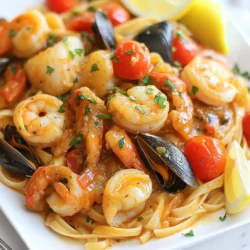 - 12 oz linguine or spaghetti - 1 pound shrimp, peeled and deveined - 1 pound mussels, cleaned and debearded - 1 cup scallops, fresh or frozen - 3 tablespoons extra virgin olive oil - 4 large garlic cloves, minced - 1 medium onion, finely chopped - 1 bell pepper, diced - 2 cups vegetable broth - 1 tablespoon Cajun seasoning - 1 teaspoon smoked paprika - Salt and freshly ground black pepper to taste - Fresh parsley for garnish - Lemon wedges for serving The main ingredients are key to making this dish special. The fresh seafood shines here. Shrimp, mussels, and scallops bring a lovely taste. I always choose high-quality seafood for the best result. The flavor enhancers add depth. Olive oil gives richness. Garlic and onion bring aroma. Bell pepper adds a nice crunch. These flavors build a base for the broth. For the broth, I use vegetable broth to keep it light. The Cajun seasoning gives it that festive kick. Smoked paprika adds a subtle warmth. A sprinkle of salt and pepper can make all the difference. Fresh parsley is not just for show; it brightens the dish. Lemon wedges are a must for serving. They add that zesty touch that every seafood dish needs. Gather these ingredients, and you are ready to create a festive meal. Enjoy the vibrant flavors of Mardi Gras Seafood Pasta! {{ingredient_image_2}} - Cook 12 oz of linguine or spaghetti until al dente. - Drain the pasta and reserve a cup of pasta water. - In a large skillet, saut&eacute; 1 medium onion and 1 diced bell pepper in 3 tablespoons of olive oil. - Add 4 minced garlic cloves and cook until fragrant. - Introduce 1 pound of shrimp, 1 pound of cleaned mussels, and 1 cup of scallops. - Sprinkle with 1 tablespoon of Cajun seasoning and 1 teaspoon of smoked paprika. - Pour in 2 cups of vegetable broth and add 1 cup of halved cherry tomatoes. - Cook until the mussels open and the shrimp turns pink, about 5-7 minutes. - Toss the reserved pasta in with the seafood mixture. - Adjust the sauce&rsquo;s consistency with the reserved pasta water as needed. - Garnish the dish with chopped parsley for color and flavor. - Serve with lemon wedges to brighten the meal. To ensure your seafood is cooked perfectly, follow these steps: - Use fresh seafood when possible. Look for firm, shiny shrimp and tightly closed mussels. - Cook shrimp until they are pink and opaque. Mussels should open up when done. - For pasta, I prefer linguine or spaghetti. They hold the sauce well and complement the seafood nicely. When selecting fresh seafood, consider these tips: - Buy from a trusted source. Ask about the catch of the day. - Look for seafood with a clean, briny smell. Avoid any with a strong fishy odor. For leftover seafood, store it in an airtight container. Use it within two days for the best taste. For elegant plating, try these ideas: - Serve the pasta in deep bowls for a cozy look. - Top each bowl with a whole shrimp or mussel shell. This adds a festive touch. For garnishing, sprinkle fresh parsley on top. You can also add lemon wedges for a bright finish. This not only looks great but adds flavor too! Pro Tips Fresh Seafood is Best: For the most vibrant flavors, opt for fresh seafood whenever possible. Frozen seafood can also work, but be sure to thaw it properly before cooking. Adjust the Spice Level: If you're looking for more heat, consider adding a pinch of cayenne pepper or a dash of hot sauce to the dish. Adjust to your taste preferences! Don't Overcook the Seafood: Keep an eye on your seafood while it cooks. Shrimp should turn pink and opaque, while mussels should open. Overcooked seafood can become tough and chewy. Use Pasta Water Wisely: The reserved pasta water is a great tool for adjusting the consistency of your sauce. Add it gradually until you reach your desired creaminess. {{image_4}} You can switch out the shrimp for crab or lobster. These choices add a rich taste to your dish. If you want a different flavor, try clams or oysters. They bring a briny essence that pairs well with pasta. Feel free to mix and match your favorite seafood. Each option offers a unique twist to this festive meal. Want a meat-free option? You can create a vegetable-based seafood pasta. Use hearty veggies like zucchini, bell peppers, and mushrooms. These ingredients add texture and flavor to your dish. Try adding artichokes or sun-dried tomatoes for extra depth. A splash of vegetable broth keeps everything moist and flavorful. You can still enjoy the essence of Mardi Gras in a veggie way. If you like heat, add more spices to your pasta. A sprinkle of cayenne pepper can boost the flavor. You can also mix in hot sauce or red pepper flakes. This will give your dish a nice kick. Adjust the spice to your taste, and don&rsquo;t be shy! A hint of spice can elevate the entire meal. To store leftovers, let the dish cool first. Place the seafood pasta in an airtight container. This keeps it fresh and prevents spills. Use glass or plastic containers that seal well. This helps avoid any strong smells in your fridge. Aim to eat leftovers within 3 days for the best taste. If you want to freeze your Mardi Gras Seafood Pasta, let it cool completely. Divide it into portions before freezing. Use freezer-safe bags or containers to save space. When ready to eat, thaw the pasta overnight in the fridge. To reheat, warm it gently on the stove or in the microwave. Add a splash of water to keep it moist. Leftovers last about 3 days in the fridge. After that, the seafood may spoil. Watch for signs like off smells, slimy texture, or discoloration. If you see these signs, throw the dish away. Always prioritize food safety to enjoy your meals! I suggest using linguine or spaghetti for this dish. These pasta types hold sauces well. They also mix nicely with seafood. If you want something different, try fettuccine or even tagliatelle. Both options will add a fun twist to your meal. Yes, frozen seafood works great in this recipe! It is often just as fresh as some store-bought seafood. Make sure to thaw it before cooking. This helps it cook evenly. If you use fresh seafood, it will add a lovely taste. Both options are tasty, so pick what you prefer. Mardi Gras Seafood Pasta has a mild spice level. The Cajun seasoning gives it nice warmth. If you like things spicy, feel free to add more seasoning. You can also sprinkle in some red pepper flakes for an extra kick. Adjust it to fit your taste! To make this dish gluten-free, use gluten-free pasta. There are many options available today. Look for brands that use rice, quinoa, or chickpea flour. These pastas cook well and taste great. Just follow the package instructions for the best results. I recommend a fresh green salad as a side. It adds a nice crunch and freshness. Garlic bread is also a popular choice. It&rsquo;s perfect for soaking up the sauce! You might also enjoy some grilled vegetables for extra flavor. This blog post shared a detailed guide on making Mardi Gras Seafood Pasta. You learned about essential ingredients, from shrimp and mussels to key flavor boosters. I walked you through each step, ensuring your seafood is cooked just right. You also discovered valuable tips for enhancing taste and tricky storage info. In conclusion, enjoy this flavorful dish, and don't hesitate to make it your own. Whether you tweak the seafood or try a vegetarian version, the options are endless. Happy cooking!