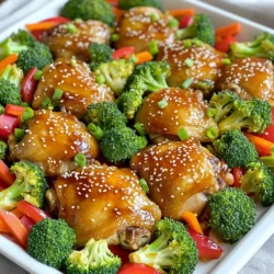 - 1.5 lbs boneless, skinless chicken thighs - 1 cup teriyaki sauce (store-bought or homemade) - 2 cups broccoli florets - 1 red bell pepper, sliced into strips - 1 cup carrots, peeled and julienned - 1 tablespoon olive oil - 1 teaspoon sesame oil - 2 cloves garlic, finely minced - 1 teaspoon fresh ginger, grated - Sesame seeds and green onions for garnish - Salt and freshly ground black pepper to taste When preparing sheet pan teriyaki chicken and veggies, you want fresh and vibrant ingredients. Start with 1.5 pounds of boneless, skinless chicken thighs. They cook evenly and stay juicy. You can also use chicken breasts, but thighs add more flavor. Teriyaki sauce is key for this dish. You can buy it or make your own. A homemade sauce often tastes fresher and has more depth. Your veggies should consist of 2 cups of broccoli florets, 1 sliced red bell pepper, and 1 cup of julienned carrots. The colors not only look good but also give a range of flavors and textures. For the marinade, you need olive oil, sesame oil, minced garlic, and grated ginger. These ingredients enhance the chicken's taste and aroma. Finally, don't forget salt and black pepper to bring all the flavors together. Finish with sesame seeds and sliced green onions for garnish. They add crunch and a fresh touch. - Preheat the oven to 400°F (200°C). - In a bowl, mix teriyaki sauce, garlic, ginger, olive oil, and sesame oil. Set aside one-third of the marinade for later. - Place chicken thighs in a dish or bag. - Pour the marinade over the chicken, ensuring it’s well coated. - Let it marinate for at least 30 minutes, but two hours is best. - Wash and cut the broccoli, bell pepper, and carrots. - Spread the veggies on the sheet pan. Drizzle with olive oil, then add salt and pepper. Toss gently to coat. - Take the marinated chicken out and place it on the veggies. - Make sure the chicken and vegetables are spread out evenly. - Put the sheet pan in the oven and roast for 25-30 minutes. - Check that the chicken reaches 165°F (75°C) and that veggies are tender. - In the last five minutes, brush the reserved marinade onto the chicken for extra flavor. - Once done, sprinkle sesame seeds and sliced green onions before serving. - Best practices for marinating chicken: Always marinate the chicken for at least 30 minutes. For the best flavor, I suggest marinating it for up to 2 hours. Use a ziplock bag or a shallow dish. Make sure the chicken is well coated in the marinade. This helps the flavors soak in. - How to enhance the teriyaki flavor: To boost the teriyaki taste, add minced garlic and fresh ginger to the marinade. These ingredients add depth. A sprinkle of sesame seeds on top after baking gives a nutty finish. - Ensuring even cooking of chicken and veggies: Spread the chicken and veggies in a single layer on the sheet pan. This allows heat to circulate. It helps everything cook evenly. Check the chicken's internal temperature; it should hit 165°F (75°C). - Using parchment paper for easy cleanup: Line your sheet pan with parchment paper before you start. This makes cleanup simple. You can just lift the parchment and toss it after serving. - Presentation tips for serving the dish: Serve directly from the sheet pan for a casual feel. For a fancier touch, plate individual servings. Garnish with extra sesame seeds and a wedge of lime. This adds color and freshness. - Pairing ideas with sides or beverages: This dish pairs well with steamed rice or quinoa. A light salad with a citrus vinaigrette complements the flavors nicely. For drinks, try iced green tea or a light white wine. {{image_4}} You can switch up the protein in this dish. Chicken thighs are great, but chicken breasts work too. Just ensure they are cooked to 165°F. If you want a meatless option, try tofu. Firm tofu soaks up the marinade well. For a seafood twist, shrimp is a fun choice. It cooks quickly and adds a nice flavor. Many vegetables fit well in this dish. You can use snap peas, zucchini, or asparagus. These add crunch and color. You can also use seasonal veggies. In spring, add peas or radishes. In fall, try butternut squash or Brussels sprouts. Fresh veggies make the meal pop. While teriyaki sauce is tasty, other options can change the flavor. Try a sweet chili sauce for a kick. For a spicy touch, add sriracha to the marinade. You can also go for a honey garlic sauce. Just mix honey, soy sauce, and garlic for a quick dip. This dish is fun to customize with sauces. To store your Sheet Pan Teriyaki Chicken and Veggies, let it cool first. Place it in an airtight container. This dish lasts about 3 to 4 days in the fridge. Ensure you keep it at a safe temperature below 40°F (4°C). This way, you can enjoy leftovers without worry. If you want to save it for later, freezing is a great option. After cooling, transfer the chicken and veggies to freezer-safe bags or containers. It will stay fresh for about 2 to 3 months. When you’re ready to eat, thaw it in the fridge overnight. You can also use the microwave for quicker thawing. Just be careful not to cook it in the microwave. To reheat your dish, the oven works best. Preheat it to 350°F (175°C). Place the chicken and veggies on a baking sheet. Heat for about 15 to 20 minutes, or until warm. You can also use the microwave, but this may change the texture. If you want to keep the flavor and crispness, the oven is your best friend. Yes, you can use frozen chicken. However, it will change the marination and cooking times. First, thaw the chicken completely. This may take a few hours in the fridge. Once thawed, you can marinate it as usual. Be aware that cooking time may increase by 5 to 10 minutes. Always check that the chicken reaches 165°F (75°C) to ensure it is safe to eat. Yes, making your own teriyaki sauce is easy. Just mix these ingredients in a bowl: - 1 cup soy sauce - 1/2 cup honey or brown sugar - 1/4 cup rice vinegar - 2 cloves minced garlic - 1 teaspoon grated ginger Heat the mixture in a saucepan until it thickens slightly. You can also find many recipes online for homemade teriyaki sauce. You can serve this dish with many sides. Here are some great options: - Steamed rice or jasmine rice - Quinoa for a healthier choice - A fresh green salad - Noodles tossed in sesame oil These sides will complement the flavors of the teriyaki chicken and veggies well. Yes, this recipe is great for meal prep. You can make it ahead of time and store it. After cooking, let the chicken and veggies cool completely. Then, put them in airtight containers. They will last about 3-4 days in the fridge. Reheat in the oven or microwave when ready to enjoy. This makes for easy and delicious lunches or dinners! This recipe for sheet pan teriyaki chicken is an easy and tasty choice. You learn about main ingredients, including chicken, veggies, and sauces. I shared steps for marinating, baking, and serving this dish. You can adapt it with different proteins and veggies. For the best flavor, use fresh ingredients and try different sauces. Enjoy this dish as a meal prep option or a quick dinner. With simple steps, you can create a delicious meal your whole family will love!