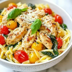 - 1 pound chicken breast, diced into bite-sized pieces - 1 cup orzo pasta - 1 cup heavy cream - 1 medium onion, finely chopped - 3 cloves garlic, minced - 1 cup cherry tomatoes, halved - 1 cup fresh spinach leaves - 1 teaspoon Italian seasoning blend - 2 tablespoons olive oil - 1/2 cup grated Parmesan cheese - Salt and black pepper to taste When I create my Creamy Tuscan Chicken Orzo, I focus on fresh, high-quality ingredients. The chicken breast gives a lean protein base. Dicing it into small pieces ensures even cooking. The orzo pasta adds a delightful texture that pairs well with the creamy sauce. Heavy cream enriches the dish, making it velvety and indulgent. Next, I use aromatics like onion and garlic to build a rich flavor base. Cherry tomatoes bring a burst of sweetness, while spinach adds a fresh touch and vibrant color. The Italian seasoning pulls everything together with its savory notes. I finish the dish with olive oil, which enhances the overall taste. Grated Parmesan cheese adds a salty richness, making it even more delicious. Finally, salt and pepper round out the flavors, allowing each ingredient to shine. {{ingredient_image_2}} Heating the Olive Oil First, grab a large skillet and add 2 tablespoons of olive oil. Heat it over medium heat until it shimmers. This step is key for a nice sear. Saut&eacute;ing the Chicken Next, add 1 pound of diced chicken breast to the skillet. Season it with salt and black pepper. Cook for about 6-8 minutes. You want the chicken to be golden brown and fully cooked. Once done, transfer the chicken to a plate and set it aside. Cooking the Onion In the same skillet, add the finely chopped onion. Saut&eacute; for about 5 minutes. Stir it occasionally until the onion turns translucent. This adds a sweet flavor. Adding Garlic After the onion is ready, add 3 cloves of minced garlic. Cook for an additional minute until it smells fragrant. This will build a solid base for your dish. Incorporating Tomatoes Now, add 1 cup of halved cherry tomatoes to the skillet. Sprinkle in 1 teaspoon of Italian seasoning. Cook this mixture for 3-4 minutes, making the tomatoes soft and juicy. Cooking the Orzo Mixture Next, pour in 1 cup of orzo pasta and stir it all together. Add 3 cups of chicken broth or water to the skillet. Bring it to a boil. Once boiling, reduce the heat to low and cover. Let it simmer for about 10-12 minutes. You want the orzo to be tender and most of the liquid absorbed. Adding Cream and Cheese Once the orzo is cooked, stir in 1 cup of heavy cream and 1/2 cup of grated Parmesan cheese. Add the reserved chicken back into the skillet. Mix well until everything is combined. Stirring in Spinach Now, add 1 cup of fresh spinach leaves. Stir until the spinach wilts. This adds color and nutrition to your dish. Thickening the Dish Remove the skillet from heat. Let the mixture sit for a couple of minutes. This will help thicken the dish a bit. Presentation Tips Ladle the creamy Tuscan chicken orzo into shallow bowls. Garnish with torn fresh basil leaves and an extra sprinkle of Parmesan cheese. This finishing touch makes it look appealing and tasty. Enjoy! Ensuring Chicken is Cooked Through To make sure your chicken is safe to eat, cook it until it reaches 165&deg;F. Use a meat thermometer for best results. Cut into a piece to check if it is white all the way through. If it is still pink, cook it a bit longer. Perfectly Cooking Orzo When you cook orzo, follow the package directions. Usually, it takes about 10-12 minutes in boiling broth or water. Stir it occasionally to avoid clumping. Make sure to taste it before draining to check for doneness. Additional Seasonings Besides Italian seasoning, you can add a pinch of chili flakes for heat. A splash of lemon juice can brighten the dish. Try mixing in some garlic powder or smoked paprika for extra depth. Using Fresh Herbs Fresh herbs elevate the dish's taste. Basil is a great choice, but you can also use parsley or thyme. Add herbs at the end of cooking for the best flavor. This keeps them vibrant and fresh. Serving Techniques For a nice presentation, use shallow bowls to serve your creamy Tuscan chicken orzo. Ladle the orzo into the center, allowing it to mound slightly. This creates an inviting look. Garnishing Ideas Garnish each bowl with torn basil leaves. For extra flair, add a sprinkle of grated Parmesan cheese on top. A drizzle of olive oil can also add a shiny finish. These simple touches make your dish look gourmet. Pro Tips Use Fresh Ingredients: Whenever possible, opt for fresh spinach and ripe cherry tomatoes to elevate the flavor and nutrition of your dish. Cook Orzo Al Dente: To achieve the perfect texture, cook the orzo until it's al dente, as it will continue to absorb liquid and soften after being removed from heat. Adjust Creaminess: For a lighter dish, you can substitute half of the heavy cream with low-fat milk or broth without compromising the flavor too much. Garnish Wisely: Finish your dish with a drizzle of high-quality olive oil or a sprinkle of red pepper flakes for an extra layer of flavor and visual appeal. {{image_4}} You can easily change the protein in this dish. Try using shrimp or tofu instead of chicken. - Using Shrimp or Tofu: If you choose shrimp, cook them until they turn pink. This takes about 3-4 minutes. For tofu, press it first to remove water. Then, cube it and saut&eacute; until golden. - Different Cuts of Chicken: You can use thighs instead of breasts. Thighs are juicier and add more flavor. Simply adjust the cooking time. Cook them for about 8-10 minutes until they are cooked through. This dish can be made vegetarian with a few swaps. - Substituting with Veggies: You can add more veggies like zucchini, bell peppers, or mushrooms. Saut&eacute; them with the onions and garlic. They will add great flavor and texture. - Cream Alternatives: If you want a lighter dish, use coconut cream or almond milk instead of heavy cream. These alternatives keep the dish creamy and delicious without the extra calories. You can change the flavor profile with a few simple tweaks. - Different Cheese Options: Instead of Parmesan, try using feta or goat cheese. They will give a tangy flavor that pairs well with the other ingredients. - Adding Heat with Peppers: If you like spice, consider adding red pepper flakes or diced jalape&ntilde;os. Add them when cooking the aromatics for a nice kick. Adjust the amount to your taste! To keep your Creamy Tuscan Chicken Orzo fresh, follow these tips: - Refrigeration Guidelines: Place leftovers in an airtight container. Store in the fridge for up to 3 days. Make sure it cools to room temperature before sealing. - Freezing Tips: If you want to save it longer, freeze the orzo. Use a freezer-safe container and label it with the date. It can last up to 3 months. When you're ready to enjoy your leftovers, use these methods: - Recommended Methods: Reheat in the microwave or on the stove. If using the microwave, heat it in short bursts. Stir between each burst to warm evenly. For the stove, add a splash of broth to help with moisture. - Ensuring Quality: Stir well while reheating. This keeps the creamy texture. If it seems too thick, add a little cream or broth to loosen it. Understanding when to eat your dish is key: - Best Consumption Timeframe: For the best taste, eat within 3 days if refrigerated. If frozen, consume within 3 months for quality. - Signs of Spoilage: Check for off smells, changes in texture, or mold. If any of these are present, it's best to toss it. Always trust your senses! To make this dish, start by cooking the chicken. Heat olive oil in a large skillet. Add diced chicken and season with salt and pepper. Saut&eacute; for 6-8 minutes until golden and cooked through. Transfer the chicken to a plate. Next, in the same skillet, add chopped onion and saut&eacute; for about 5 minutes until translucent. Stir in minced garlic and cook for another minute until fragrant. Then, add halved cherry tomatoes and Italian seasoning. Cook for 3-4 minutes until the tomatoes soften. Pour in orzo pasta and mix well. Add 3 cups of chicken broth. Bring to a boil, then reduce heat and cover. Let it simmer for 10-12 minutes until the orzo is tender. Once cooked, stir in heavy cream, grated Parmesan, and fresh spinach. Mix until the spinach wilts. Taste and adjust the seasoning. Let sit for a few minutes to thicken before serving. Yes, you can prepare Creamy Tuscan Chicken Orzo ahead of time. Cook the chicken and saut&eacute; the vegetables. Combine them and store in the fridge. When ready to eat, reheat in a skillet. Add cream and cheese after reheating. This keeps the dish creamy and fresh. If you can't find orzo, you have great alternatives. Small pasta shapes like ditalini, couscous, or even rice work well. Adjust cooking times based on the pasta or grain you choose to use. Yes, this recipe is good for freezing. Allow the dish to cool completely. Store it in an airtight container. It can last for up to three months in the freezer. When ready to eat, thaw in the fridge overnight and reheat on the stove. To add spice, consider incorporating red pepper flakes or diced jalape&ntilde;os. You can also use spicy Italian sausage instead of chicken. This gives a nice kick and enhances the flavor profile of the dish. This article covered a tasty dish: Creamy Tuscan Chicken Orzo. We looked at key ingredients like chicken, orzo, and heavy cream. I shared cooking steps, tips for flavor and presentation, and how to store leftovers. You can easily customize this meal with different proteins or veggies. I hope you find joy in cooking this dish. It not only nourishes but also brings comfort to the table. Enjoy your cooking journey!