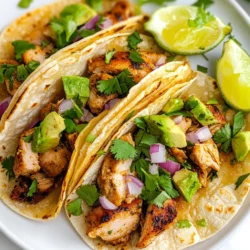 For chicken street tacos, you need fresh and tasty items. Here’s what to gather: - 1 lb boneless, skinless chicken thighs - 8 small corn tortillas - 1 cup fresh cilantro, finely chopped - 1/2 cup red onion, diced - 1 lime, cut into wedges - 1 ripe avocado, sliced These ingredients create a great base for your tacos. The chicken thighs bring the right amount of juiciness and flavor. The corn tortillas add a nice texture. The right seasonings make your chicken sing. Here’s what you’ll need: - 2 tablespoons olive oil - 1 tablespoon chili powder - 1 teaspoon ground cumin - 1 teaspoon smoked paprika - 1/2 teaspoon garlic powder - 1/2 teaspoon onion powder - Salt and black pepper to taste Mix these ingredients for a zesty marinade. It gives the chicken a bold flavor. Marinating adds depth and makes every bite a delight. Toppings enhance the taste and look of your tacos. Consider these options: - Diced jalapeños for some heat - Extra chopped cilantro for freshness - Sliced radishes for crunch These toppings add color and flavor. Feel free to mix and match based on your taste. The key is to have fun and enjoy each bite! {{ingredient_image_2}} To start, grab a medium bowl. Add 2 tablespoons of olive oil. Next, mix in 1 tablespoon of chili powder. Then, add 1 teaspoon each of ground cumin and smoked paprika. Follow this with 1/2 teaspoon of garlic powder and 1/2 teaspoon of onion powder. Finally, sprinkle in salt and black pepper to taste. Stir the mixture well until it is fully combined. This is your tasty marinade. Take 1 pound of boneless, skinless chicken thighs. Place them in the bowl with the marinade. Make sure each piece gets a nice coat of that flavorful mix. Cover the bowl with plastic wrap. Let the chicken sit for at least 30 minutes at room temperature, or refrigerate it overnight for the best flavor. Now, heat your grill or a non-stick skillet over medium-high heat. Once it’s hot, take the chicken out of the marinade. Let any extra marinade drip off. Place the chicken on the grill or skillet. Cook it for about 6-7 minutes on each side. You want it to reach an internal temperature of 165°F (75°C). Once it’s cooked through, move the chicken to a cutting board and let it rest for about 5 minutes. While the chicken rests, warm up 8 small corn tortillas in a dry pan over medium heat. Heat them for about 30 seconds on each side until they are soft. Now, slice the cooked chicken into bite-sized pieces. Lay some chicken on each warm tortilla. Top it with a generous amount of chopped cilantro, diced red onion, and sliced avocado. If you like heat, sprinkle on some diced jalapeños. Squeeze fresh lime juice over the tacos just before serving for a burst of flavor. Enjoy! To get juicy chicken, use boneless thighs. They stay moist and tender. Marinade your chicken for at least 30 minutes. This adds deep flavor. Use a grill or a non-stick skillet for cooking. Heat it to medium-high. Cook the chicken for about 6-7 minutes on each side. Check the temperature; it should be 165°F (75°C). Let the chicken rest for 5 minutes after cooking. This keeps the juices inside and makes it even tastier. Warm tortillas make your tacos better. You can heat them in a dry pan. Cook each side for about 30 seconds. Watch for them to get warm and soft. You can also wrap them in foil and place them in the oven at 350°F for 10 minutes. This way, they get nice and warm without burning. Soft tortillas hold all the yummy fillings well. Add fresh lime juice just before serving. It gives a zesty kick. Try topping your tacos with diced jalapeños for heat. You can also add sliced radishes for crunch. If you want more flavor, drizzle some hot sauce on top. Fresh cilantro and red onion add brightness too. Don't forget, you can mix and match toppings. This way, everyone can make their taco just how they like it. Pro Tips Marinate Longer for Flavor: For an even deeper flavor, marinate the chicken overnight in the refrigerator. This allows the spices to penetrate the meat more thoroughly. Adjust Spice Levels: If you prefer your tacos with a bit more heat, add more chili powder or some diced jalapeños to the marinade for an extra kick. Warm Tortillas Properly: When heating the tortillas, wrap them in a clean kitchen towel after warming to keep them warm and pliable until serving. Garnish Creatively: Enhance the presentation of your tacos by adding colorful toppings like diced tomatoes, radishes, or crumbled queso fresco for a fresh twist. {{image_4}} You can use various cuts of chicken for street tacos. Chicken thighs are juicy and flavorful. They stay tender even when cooked longer. I love using thighs for this recipe. They soak up the marinade well. You can also use chicken breasts. They cook faster and have a milder taste. If you prefer a leaner option, chicken breasts are a good choice. Just be careful not to overcook them, or they can dry out quickly. The marinade for your chicken can change the flavor. You can switch spices based on your taste. For a smoky flavor, add more smoked paprika. If you like heat, try more chili powder or add cayenne pepper. For a fresh twist, mix in lime zest or fresh herbs like oregano. You can even try a sweet touch with some honey or brown sugar. Each change gives your tacos a new spin. If you want a vegetarian option, you can skip the chicken. Try using portobello mushrooms or jackfruit instead. Portobello mushrooms have a meaty texture and soak up flavors well. Marinate them the same way as chicken. Jackfruit has a unique texture and can mimic pulled chicken. Cook it until tender, then shred it for tacos. Add the same toppings for a fresh and tasty meal. Store leftover tacos in an airtight container. Keep them in the fridge for up to three days. If you have extra chicken, store it separately. This keeps the tortillas from getting soggy. To reheat, warm the chicken in a pan on low heat. This keeps it juicy. For tortillas, heat them in a dry pan for about 30 seconds on each side. This brings back their soft texture. Meal prepping makes weeknight dinners easier. Marinate the chicken and store it in the fridge for up to 24 hours. You can also chop the toppings ahead of time. Keep them in separate containers. This way, you can quickly assemble your tacos when you’re ready to eat. The best chicken cut for street tacos is boneless, skinless chicken thighs. Thighs stay juicy and tender after cooking. They also soak up flavors well from marinades. This makes them perfect for street tacos. Yes, you can make chicken street tacos ahead of time. You can marinate the chicken the night before. This gives it more flavor. Cooked chicken can be stored in the fridge for up to three days. Just reheat it before serving. The best toppings for chicken street tacos include: - Fresh cilantro, finely chopped - Diced red onion - Sliced avocado - Lime wedges - Diced jalapeños for heat These toppings add flavor and crunch to your tacos. Chicken street tacos can be mild or spicy, depending on your taste. The spice mainly comes from the optional jalapeños. If you want less heat, skip the jalapeños and use less chili powder. You can also add more lime juice to balance flavors. Yes, you can substitute corn tortillas with flour tortillas. Flour tortillas are softer and bigger. They can hold more filling. You can also use lettuce wraps for a low-carb option. Just choose what you like best! In this post, we covered how to make tasty chicken street tacos. We discussed key ingredients, step-by-step cooking, and tips for the best flavor. I shared different chicken cuts and how to store leftovers. You can add your twist with optional toppings and variations. Now, it's time for you to try these tacos at home. Enjoy the fun of making and sharing them!
