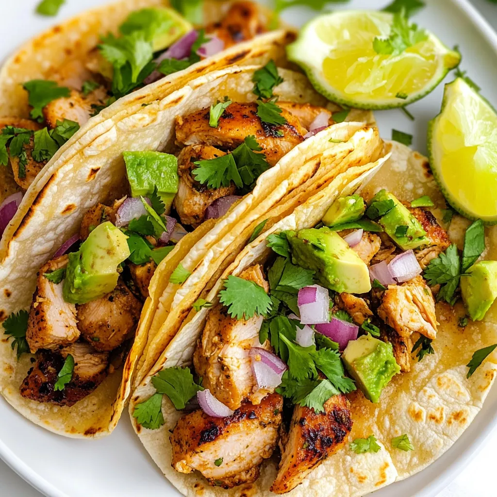 For chicken street tacos, you need fresh and tasty items. Here’s what to gather: - 1 lb boneless, skinless chicken thighs - 8 small corn tortillas - 1 cup fresh cilantro, finely chopped - 1/2 cup red onion, diced - 1 lime, cut into wedges - 1 ripe avocado, sliced These ingredients create a great base for your tacos. The chicken thighs bring the right amount of juiciness and flavor. The corn tortillas add a nice texture. The right seasonings make your chicken sing. Here’s what you’ll need: - 2 tablespoons olive oil - 1 tablespoon chili powder - 1 teaspoon ground cumin - 1 teaspoon smoked paprika - 1/2 teaspoon garlic powder - 1/2 teaspoon onion powder - Salt and black pepper to taste Mix these ingredients for a zesty marinade. It gives the chicken a bold flavor. Marinating adds depth and makes every bite a delight. Toppings enhance the taste and look of your tacos. Consider these options: - Diced jalapeños for some heat - Extra chopped cilantro for freshness - Sliced radishes for crunch These toppings add color and flavor. Feel free to mix and match based on your taste. The key is to have fun and enjoy each bite! {{ingredient_image_2}} To start, grab a medium bowl. Add 2 tablespoons of olive oil. Next, mix in 1 tablespoon of chili powder. Then, add 1 teaspoon each of ground cumin and smoked paprika. Follow this with 1/2 teaspoon of garlic powder and 1/2 teaspoon of onion powder. Finally, sprinkle in salt and black pepper to taste. Stir the mixture well until it is fully combined. This is your tasty marinade. Take 1 pound of boneless, skinless chicken thighs. Place them in the bowl with the marinade. Make sure each piece gets a nice coat of that flavorful mix. Cover the bowl with plastic wrap. Let the chicken sit for at least 30 minutes at room temperature, or refrigerate it overnight for the best flavor. Now, heat your grill or a non-stick skillet over medium-high heat. Once it’s hot, take the chicken out of the marinade. Let any extra marinade drip off. Place the chicken on the grill or skillet. Cook it for about 6-7 minutes on each side. You want it to reach an internal temperature of 165°F (75°C). Once it’s cooked through, move the chicken to a cutting board and let it rest for about 5 minutes. While the chicken rests, warm up 8 small corn tortillas in a dry pan over medium heat. Heat them for about 30 seconds on each side until they are soft. Now, slice the cooked chicken into bite-sized pieces. Lay some chicken on each warm tortilla. Top it with a generous amount of chopped cilantro, diced red onion, and sliced avocado. If you like heat, sprinkle on some diced jalapeños. Squeeze fresh lime juice over the tacos just before serving for a burst of flavor. Enjoy! To get juicy chicken, use boneless thighs. They stay moist and tender. Marinade your chicken for at least 30 minutes. This adds deep flavor. Use a grill or a non-stick skillet for cooking. Heat it to medium-high. Cook the chicken for about 6-7 minutes on each side. Check the temperature; it should be 165°F (75°C). Let the chicken rest for 5 minutes after cooking. This keeps the juices inside and makes it even tastier. Warm tortillas make your tacos better. You can heat them in a dry pan. Cook each side for about 30 seconds. Watch for them to get warm and soft. You can also wrap them in foil and place them in the oven at 350°F for 10 minutes. This way, they get nice and warm without burning. Soft tortillas hold all the yummy fillings well. Add fresh lime juice just before serving. It gives a zesty kick. Try topping your tacos with diced jalapeños for heat. You can also add sliced radishes for crunch. If you want more flavor, drizzle some hot sauce on top. Fresh cilantro and red onion add brightness too. Don't forget, you can mix and match toppings. This way, everyone can make their taco just how they like it. Pro Tips Marinate Longer for Flavor: For an even deeper flavor, marinate the chicken overnight in the refrigerator. This allows the spices to penetrate the meat more thoroughly. Adjust Spice Levels: If you prefer your tacos with a bit more heat, add more chili powder or some diced jalapeños to the marinade for an extra kick. Warm Tortillas Properly: When heating the tortillas, wrap them in a clean kitchen towel after warming to keep them warm and pliable until serving. Garnish Creatively: Enhance the presentation of your tacos by adding colorful toppings like diced tomatoes, radishes, or crumbled queso fresco for a fresh twist. {{image_4}} You can use various cuts of chicken for street tacos. Chicken thighs are juicy and flavorful. They stay tender even when cooked longer. I love using thighs for this recipe. They soak up the marinade well. You can also use chicken breasts. They cook faster and have a milder taste. If you prefer a leaner option, chicken breasts are a good choice. Just be careful not to overcook them, or they can dry out quickly. The marinade for your chicken can change the flavor. You can switch spices based on your taste. For a smoky flavor, add more smoked paprika. If you like heat, try more chili powder or add cayenne pepper. For a fresh twist, mix in lime zest or fresh herbs like oregano. You can even try a sweet touch with some honey or brown sugar. Each change gives your tacos a new spin. If you want a vegetarian option, you can skip the chicken. Try using portobello mushrooms or jackfruit instead. Portobello mushrooms have a meaty texture and soak up flavors well. Marinate them the same way as chicken. Jackfruit has a unique texture and can mimic pulled chicken. Cook it until tender, then shred it for tacos. Add the same toppings for a fresh and tasty meal. Store leftover tacos in an airtight container. Keep them in the fridge for up to three days. If you have extra chicken, store it separately. This keeps the tortillas from getting soggy. To reheat, warm the chicken in a pan on low heat. This keeps it juicy. For tortillas, heat them in a dry pan for about 30 seconds on each side. This brings back their soft texture. Meal prepping makes weeknight dinners easier. Marinate the chicken and store it in the fridge for up to 24 hours. You can also chop the toppings ahead of time. Keep them in separate containers. This way, you can quickly assemble your tacos when you’re ready to eat. The best chicken cut for street tacos is boneless, skinless chicken thighs. Thighs stay juicy and tender after cooking. They also soak up flavors well from marinades. This makes them perfect for street tacos. Yes, you can make chicken street tacos ahead of time. You can marinate the chicken the night before. This gives it more flavor. Cooked chicken can be stored in the fridge for up to three days. Just reheat it before serving. The best toppings for chicken street tacos include: - Fresh cilantro, finely chopped - Diced red onion - Sliced avocado - Lime wedges - Diced jalapeños for heat These toppings add flavor and crunch to your tacos. Chicken street tacos can be mild or spicy, depending on your taste. The spice mainly comes from the optional jalapeños. If you want less heat, skip the jalapeños and use less chili powder. You can also add more lime juice to balance flavors. Yes, you can substitute corn tortillas with flour tortillas. Flour tortillas are softer and bigger. They can hold more filling. You can also use lettuce wraps for a low-carb option. Just choose what you like best! In this post, we covered how to make tasty chicken street tacos. We discussed key ingredients, step-by-step cooking, and tips for the best flavor. I shared different chicken cuts and how to store leftovers. You can add your twist with optional toppings and variations. Now, it's time for you to try these tacos at home. Enjoy the fun of making and sharing them!