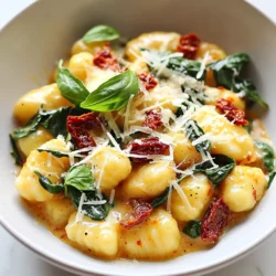 To create a tasty creamy sun-dried tomato gnocchi, gather these ingredients: - 1 package (16 oz) potato gnocchi - 1 cup sun-dried tomatoes, packed in oil, drained and chopped - 1 cup heavy cream - 1 cup vegetable broth - 1 teaspoon garlic, minced - 1 teaspoon onion powder - 1 teaspoon dried basil - &frac12; teaspoon red pepper flakes (optional) - 1 cup fresh spinach - &frac12; cup grated Parmesan cheese - Salt and black pepper to taste - Olive oil for saut&eacute;ing - Fresh basil leaves for garnish I recommend using brands known for quality. For gnocchi, look for DeLallo or Giovanni Rana. For sun-dried tomatoes, choose Cento or Mezzetta. When it comes to cream, Organic Valley or Horizon is great. For Parmesan cheese, Grana Padano is a solid choice. Always check for freshness and quality when choosing your ingredients. Choosing quality ingredients makes a big difference. Here are some tips: - Gnocchi: Look for soft and pillowy gnocchi. They should feel light and not overly dense. - Sun-Dried Tomatoes: Choose those packed in oil; they add flavor and moisture. - Cream: Full-fat heavy cream gives the best taste and texture. - Fresh Spinach: Select bright green leaves with no wilting or browning. - Cheese: Always go for freshly grated cheese for a better melt and flavor. Using high-quality ingredients will enhance your dish's overall taste and make your creamy sun-dried tomato gnocchi a real delight. {{ingredient_image_2}} To make this dish, start by boiling water. Fill a large pot with water and add salt. Bring it to a strong boil. Next, add the potato gnocchi. Cook them as the package says. You'll know they are done when they float to the top. This usually takes just a few minutes. Once cooked, drain the gnocchi and place them in a bowl. Now, let's make the sauce. Take a large skillet and add a tablespoon of olive oil. Heat it over medium heat until it's warm. Add your minced garlic to the oil. Saut&eacute; it for about one minute. You want it to smell nice but not burn. After that, add your chopped sun-dried tomatoes. Sprinkle in the onion powder and dried basil. Stir everything together. Cook this mix for 2 to 3 minutes. This helps the flavors mix well. Next, pour in the heavy cream and vegetable broth. Stir to blend all the elements. Turn up the heat slightly and let it simmer gently. This should take around 5 minutes. You want it to thicken a little. Once the sauce is good, add the cooked gnocchi. Toss them in this creamy sauce. Now, add the fresh spinach and stir until it wilts, which takes about 2 minutes. To finish, mix in the grated Parmesan cheese until it melts. Season with salt, black pepper, and red pepper flakes if you want some spice. Cook for one more minute. Finally, serve hot. Top each plate with fresh basil leaves and more Parmesan if you like. Enjoy your creamy sun-dried tomato gnocchi! To create the perfect creamy sauce, start with high-quality heavy cream. This makes a big difference. Use fresh sun-dried tomatoes packed in oil for extra flavor. Always heat the oil before adding garlic. This helps release its best taste. Stir the sauce gently to keep it smooth. If it gets too thick, add a splash of vegetable broth. This keeps the sauce silky. One common mistake is cooking the garlic too long. It can burn and taste bitter. Also, avoid overcooking the gnocchi. They should float when ready. If you skip adding spinach, you lose a fresh taste. Lastly, don&rsquo;t forget to season with salt and pepper. This enhances all the flavors in your dish. Serve your creamy sun-dried tomato gnocchi warm. Top each bowl with extra Parmesan cheese for richness. Add fresh basil leaves for color and flavor. Pair with a crisp salad or garlic bread for a complete meal. You can also serve it with a light white wine. This will enhance the flavors and make your meal special. Enjoy making this dish a go-to favorite! Pro Tips Use Fresh Ingredients: For the best flavor, opt for fresh spinach and high-quality sun-dried tomatoes packed in oil. Fresh ingredients enhance the overall taste of the dish. Adjust the Creaminess: If you prefer a lighter sauce, you can substitute some of the heavy cream with more vegetable broth. This will still keep the dish creamy but with fewer calories. Customize the Spice Level: The red pepper flakes are optional, so feel free to adjust the amount to suit your taste. You can also add fresh chili or omit them entirely for a milder flavor. Garnish for Presentation: Don't skip the fresh basil garnish! It adds a beautiful color contrast and a fragrant aroma that elevates the dish visually and flavor-wise. {{image_4}} For a vegetarian twist, use a mix of veggies. You can add mushrooms or bell peppers. These will add flavor and texture. Swap the vegetable broth with a homemade veggie stock for more depth. You can also use cashew cream instead of heavy cream for a lighter feel. If you need gluten-free options, try gluten-free gnocchi. Many brands offer this now. Ensure other ingredients are gluten-free too. For the sauce, use a gluten-free flour blend to thicken if needed. Always check labels to avoid hidden gluten. To spice things up, include more red pepper flakes. You can also add diced jalape&ntilde;os or crushed chili peppers for heat. A splash of hot sauce can enhance the flavor too. Consider adding fresh herbs like oregano or thyme for extra flavor. Each of these variations makes this dish unique and fun. After enjoying your creamy sun-dried tomato gnocchi, store any leftovers in an airtight container. This helps keep the dish fresh. Make sure the dish cools first. You can store gnocchi in the fridge for up to three days. If you notice the sauce thickening, don't worry. It will loosen when you reheat it. To reheat, you can use the microwave or stovetop. If using the microwave, place the gnocchi in a bowl and cover it. Heat for about 1-2 minutes, stirring halfway. For the stovetop, add the gnocchi to a skillet with a splash of broth or cream. Heat over medium until warmed through. Stir often to avoid sticking. If you want to freeze your gnocchi, first cool the dish completely. Portion it into meal-sized servings and place them in freezer-safe bags. Remove as much air as possible before sealing. This dish can be frozen for up to three months. When ready to eat, thaw it in the fridge overnight. Reheat it gently on the stovetop for the best texture. Yes, you can use fresh gnocchi. Fresh gnocchi cooks quicker than packaged. Just watch them closely in boiling water. They are done when they float. This method gives you a softer bite. If your sauce is too thick, simply add more liquid. Use vegetable broth or cream to thin it out. Stir slowly until you reach your desired consistency. A splash of pasta water can also help. This keeps the flavor rich and tasty. You can use half-and-half or whole milk. They will make the sauce less rich. For a dairy-free choice, try coconut cream or a plant-based milk. Just note that the flavor and texture will change slightly. Adjust seasonings to balance the dish. In this post, we explored key ingredients for making gnocchi, from selecting quality brands to tips for perfecting your sauce. We walked through easy cooking steps and shared best practices for a creamy texture. I provided variations for different diets and important storage tips. Remember, small changes can enhance your dish. Overall, stay curious and keep experimenting to find what works best for you.
