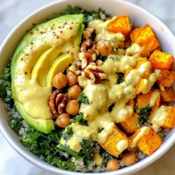 - 1 cup quinoa, rinsed - 2 cups vegetable broth - 1 cup kale, chopped - 1 cup roasted sweet potatoes, diced - 1/2 cup chickpeas, drained and rinsed - 1/4 cup walnuts, roughly chopped - 1/4 avocado, sliced - 2 tablespoons tahini - 1 tablespoon freshly squeezed lemon juice - 1 teaspoon ground turmeric - 1/2 teaspoon ground ginger - 1/2 teaspoon ground cumin - Salt and black pepper to taste - Fresh cilantro sprigs for garnish Quinoa is a complete protein. It has all nine essential amino acids. This makes it great for muscle repair. Kale is a super green packed with vitamins A, C, and K. It helps boost your immune system. Sweet potatoes are rich in fiber and beta-carotene. These nutrients help improve digestion and vision. Chickpeas add protein and help keep you full. They also support heart health. Walnuts are full of healthy fats. They help lower bad cholesterol and reduce inflammation. Turmeric is famous for its anti-inflammatory properties. It may help ease joint pain. Ginger aids digestion and can soothe nausea. Lastly, tahini is a creamy delight full of healthy fats and protein. You can replace quinoa with brown rice or farro. Both offer great texture and nutrition. If you want a nut-free option, use sunflower seeds instead of walnuts. Spinach or Swiss chard can be a tasty swap for kale. For a creamy dressing, try using Greek yogurt instead of tahini. You can also use lime juice instead of lemon for a different twist. If you do not have chickpeas, black beans work well too. Just adjust the seasoning to your taste. {{ingredient_image_2}} Start by rinsing 1 cup of quinoa under cold water. This step helps remove any bitter taste. Next, add the rinsed quinoa and 2 cups of vegetable broth to a medium-sized saucepan. Heat this mixture over medium-high heat until it boils. Once it reaches a boil, lower the heat to low, cover it, and let it simmer. Cook for about 15 minutes or until the quinoa is fluffy and the liquid is gone. After cooking, fluff the quinoa with a fork for a light texture. While the quinoa cooks, preheat your oven to 400&deg;F (200&deg;C). Take 1 cup of diced sweet potatoes and spread them out on a baking sheet in a single layer. Drizzle with olive oil and sprinkle with salt, black pepper, and half of the ground turmeric. Roast these sweet potatoes for 25-30 minutes. Turn them halfway through for even cooking. They should come out tender and slightly caramelized. In a skillet over medium heat, add 1 cup of chopped kale. Toss in the remaining ground turmeric, ground ginger, and ground cumin. Saut&eacute; the kale for 3-5 minutes until it wilts down. Be sure to season it lightly with salt and black pepper. This adds a nice flavor to the greens. Grab a small mixing bowl and whisk together 2 tablespoons of tahini and 1 tablespoon of freshly squeezed lemon juice. If the dressing is too thick, add a splash of water to thin it out. Keep mixing until you reach a creamy consistency. Adjust with more water if needed for your desired thickness. Now it&rsquo;s time to bring everything together! Divide the cooked quinoa evenly into serving bowls. On top of the quinoa, layer the saut&eacute;ed kale, roasted sweet potatoes, and 1/2 cup of drained chickpeas. Drizzle the tahini dressing generously over each bowl. Finish by adding slices of avocado, a handful of chopped walnuts, and fresh cilantro sprigs for a bright touch. This makes your glow bowl not only healthy but also visually appealing. To cook quinoa just right, rinse it first. This removes bitter coating. Use a medium-sized pot. Combine one cup of rinsed quinoa with two cups of vegetable broth. Heat the pot over medium-high heat until it boils. Then, lower the heat to a simmer. Cover the pot and let it cook for about 15 minutes. The quinoa will absorb the broth and become fluffy. Use a fork to fluff it after cooking. This method ensures tasty, perfect quinoa every time. Roasting brings out the sweet flavor of vegetables. For sweet potatoes, preheat your oven to 400&deg;F (200&deg;C). Cut the sweet potatoes into small cubes for even cooking. Spread them on a baking sheet in a single layer. Drizzle with olive oil and sprinkle with salt and black pepper. Add half of the ground turmeric for extra flavor. Roast for 25 to 30 minutes. Turn them halfway for even browning. They should be tender and slightly caramelized when done. Seasonings make your bowl pop with flavor. Use fresh ingredients for the best taste. Add ground turmeric, ginger, and cumin to your saut&eacute;ed kale. These spices add warmth and depth. A little salt and black pepper will enhance all the flavors. For the tahini dressing, mix tahini with lemon juice. This adds a nice tang. You can adjust the thickness with water. Taste as you go, and feel free to add more of your favorite spices. Presentation matters when serving your glow bowl. Use wide bowls to show off all the vibrant colors. Layer each ingredient in clusters for a beautiful display. Start with quinoa at the base, then add saut&eacute;ed kale, roasted sweet potatoes, and chickpeas. Drizzle the tahini dressing over the top. Finish with avocado slices, walnuts, and fresh cilantro sprigs. This adds freshness and visual appeal. A well-presented dish makes every bite more enjoyable. Pro Tips Use Fresh Ingredients: The fresher your vegetables and herbs, the more vibrant the flavors will be. Opt for organic produce when possible for the best taste and nutritional benefits. Prep Ahead: You can prepare the quinoa and roast the sweet potatoes in advance. Store them in the refrigerator to save time during meal prep! Customize Your Bowl: Feel free to add other vegetables or proteins to your glow bowl, such as bell peppers, roasted broccoli, or grilled chicken, to suit your taste preferences. Perfect Tahini Dressing: Adjust the consistency of your tahini dressing by adding more or less water. For a stronger flavor, add a pinch of garlic powder or a dash of cayenne pepper. {{image_4}} You can easily boost the protein in your Anti-Inflammatory Glow Bowl. Chicken or tofu works well. For chicken, grill or bake it until it&rsquo;s cooked through. Cut it into bite-sized pieces and add it on top of your bowl. If you prefer tofu, press it to remove excess water. Then saut&eacute; or bake it until golden. This adds protein and keeps the bowl filling. Feel free to mix up your toppings. You can add seeds like pumpkin or sunflower for crunch. These seeds give healthy fats and protein. You might also want to try other vegetables like bell peppers or broccoli. Just roast or saut&eacute; them like you did with the sweet potatoes and kale. This adds color and flavor to your meal. Use seasonal veggies for variety and freshness. In spring, add asparagus or peas for a fresh taste. During summer, cherry tomatoes or zucchini brighten the bowl. In fall, consider adding Brussels sprouts or butternut squash. Winter greens like Swiss chard or spinach can keep your bowl vibrant all year. Adjust based on what you find at your local market for the best flavors. To store your Anti-Inflammatory Glow Bowl, let it cool first. Place it in an airtight container. You can keep it in the fridge for up to three days. Keep the tahini dressing separate to avoid sogginess. When you're ready to enjoy your leftovers, reheat the quinoa and veggies. Use a microwave or a skillet on low heat. If using a microwave, heat in short bursts. Stir in between until everything is warm. If the quinoa seems dry, add a splash of water. I recommend glass containers for storage. They keep food fresh and are easy to clean. If you want to save space, use stackable containers. Make sure they have a good seal to prevent spills. Turmeric is great for reducing inflammation. It has a compound called curcumin. This compound helps fight pain and supports joint health. Turmeric can also boost your immune system. It may even improve brain function. Many people use it for better digestion. Yes, this recipe is already vegan! It does not use any animal products. The tahini adds flavor and creaminess. You can enjoy this glow bowl without any worries about meat or dairy. The glow bowl stays fresh for about three days in the fridge. Store it in an airtight container. Make sure to keep the tahini dressing separate until you are ready to eat. This keeps the ingredients fresh and tasty. If you don&rsquo;t have tahini, you can use almond butter or sunflower seed butter. These alternatives provide a similar creamy texture. You can also try yogurt for a different flavor. Just mix it with lemon juice for a tangy taste. Yes, this recipe is gluten-free. Quinoa is a great gluten-free grain. All the other ingredients are also safe for those with gluten sensitivities. Enjoy this healthy meal without any gluten concerns! This post covered the main steps to create a delicious glow bowl. We explored the key ingredients and their health benefits. I shared simple instructions for prepping quinoa, sweet potatoes, and kale. You learned about flavor tricks and ways to add variety. Plus, I offered tips for storage and reheating. Embrace your creativity and make this recipe yours. Enjoy healthy meals that taste great and nourish.