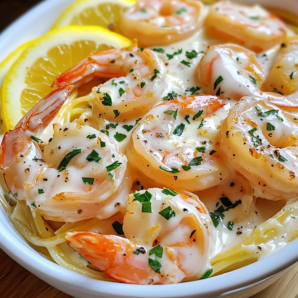 To make this creamy garlic shrimp, you’ll need: - 1 pound large shrimp, peeled and deveined - 3 tablespoons unsalted butter - 4 cloves garlic, minced - 1 cup heavy cream - 1/2 cup Parmesan cheese, finely grated - 1 teaspoon lemon zest - Salt and freshly ground black pepper to taste - Fresh parsley, finely chopped (for garnish) - Cooked pasta of your choice (for serving) These ingredients come together to create a rich and flavorful dish that will impress anyone. You can customize this dish by adding: - Red pepper flakes for a spicy kick - Fresh herbs like basil or thyme for added flavor - A splash of white wine for depth - Cherry tomatoes for a pop of color and taste These optional ingredients allow you to make the dish your own and suit your taste. If you don’t have something on hand, here are some substitutes: - Use olive oil instead of butter for a lighter option. - Any type of shrimp can work if you prefer smaller sizes. - For a dairy-free version, try coconut cream instead of heavy cream. - Nutritional yeast can replace Parmesan cheese for a vegan twist. These substitutes keep the dish adaptable while still tasting amazing. {{ingredient_image_2}} First, gather your ingredients. You need: - 1 pound large shrimp, peeled and deveined - 3 tablespoons unsalted butter - 4 cloves garlic, minced - 1 cup heavy cream - 1/2 cup Parmesan cheese, finely grated - 1 teaspoon lemon zest - Salt and pepper to taste - Fresh parsley, chopped for garnish - Cooked pasta of your choice Next, measure everything out. This makes cooking smoother. You can use any pasta you like. Have it cooked and ready to go. Heat a large skillet over medium heat. Add the unsalted butter. Let it melt until it bubbles. Once it’s ready, toss in the minced garlic. Cook for 1-2 minutes. You want it fragrant, not brown. Now, add your shrimp to the skillet. Sprinkle salt and pepper over them. Cook for 2-3 minutes on each side. They should turn pink and opaque. This means they are done. After the shrimp are cooked, lower the heat. Pour in the heavy cream and stir. This combines all the flavors. Gradually add the finely grated Parmesan cheese. Keep stirring until it melts. This takes about 2-3 minutes. Your sauce will thicken nicely. Stir in the lemon zest for a bright flavor. Taste the sauce and adjust salt or pepper if needed. Serve the creamy garlic shrimp over your cooked pasta. Make sure to drizzle extra sauce on top. Finally, garnish with chopped fresh parsley. This adds color and freshness to your dish. Enjoy your meal! To ensure your shrimp turn out perfect, focus on timing. Start with a hot skillet. Melt the butter until it's bubbly. This helps lock in flavor. Add the garlic next, but don't let it brown. Brown garlic can taste bitter. When adding shrimp, listen for the sizzle. Cook them for 2-3 minutes per side. They'll turn pink and opaque when done. This means they are perfectly cooked. To make the sauce truly creamy and rich, use heavy cream. It blends well with the cheese, creating a nice texture. Stir in the Parmesan cheese slowly. This allows it to melt fully into the sauce. Don’t forget the lemon zest! It adds a bright flavor that cuts through the creaminess. Taste your sauce as you go. Adjust with more salt or pepper if needed. Serving your creamy garlic shrimp can make it shine. Use a shallow bowl for a nice look. Place the pasta first, then spoon on the shrimp and sauce. Add a sprinkle of extra Parmesan on top. This gives a lovely finish. Garnish with fresh parsley for a pop of color and freshness. You can also add lemon slices on the side. This invites guests to add a zesty touch if they like. Pro Tips Use Fresh Shrimp: For the best flavor and texture, opt for fresh, high-quality shrimp rather than frozen. If using frozen, ensure they are properly thawed before cooking. Adjust Creaminess: If you prefer a lighter sauce, you can substitute half of the heavy cream with chicken or vegetable broth to reduce the richness without losing flavor. Perfect Garlic Sauté: Be cautious not to overcook the garlic; it should be fragrant and slightly golden, but not browned, to prevent bitterness in the dish. Garnish Wisely: Fresh herbs like parsley not only enhance the appearance but also add freshness to the dish. Consider adding basil or dill for a unique twist. {{image_4}} To make this dish your own, add some fun ingredients. Try adding vegetables like spinach or cherry tomatoes. They add color and nutrients. You can also mix in some cooked bacon or pancetta for a savory twist. If you love herbs, add fresh basil or thyme for extra flavor. These additions make the dish even more exciting. While any pasta works well, some pair better than others. Spaghetti and fettuccine are great choices. They hold the sauce nicely. You can also use whole wheat or gluten-free pasta if needed. For a lighter option, consider zucchini noodles or spaghetti squash. These choices keep it healthy and delicious. If you enjoy heat, spice it up! Add crushed red pepper flakes while cooking the garlic. You can also use a dash of hot sauce for a kick. Another idea is to mix in diced jalapeños or serrano peppers. These spicy additions can turn your creamy garlic shrimp into a bold dish. Don't be afraid to experiment and find your favorite flavor! After you enjoy creamy garlic shrimp, store any leftovers in an airtight container. This helps keep the shrimp fresh. Place the container in the fridge. Leftovers will stay good for about 2-3 days. Make sure to let the shrimp cool before sealing the container. This prevents moisture buildup. To reheat your creamy garlic shrimp, use a skillet. Heat it over medium-low heat. Add a splash of cream or broth to keep the sauce creamy. Stir gently to warm it up without cooking the shrimp more. You can also use a microwave. Just heat in short bursts, stirring in between. Be careful not to overheat. For freezing, place the shrimp in a freezer-safe container. Make sure to leave some space at the top for expansion. You can freeze the shrimp for up to 3 months. When ready to eat, thaw it in the fridge overnight. Reheat it gently as mentioned above, to keep the sauce smooth and tasty. To make creamy garlic shrimp gluten-free, focus on the pasta. Use gluten-free pasta instead of regular. Many brands offer great options like rice or corn pasta. The rest of the ingredients are already gluten-free. So you can enjoy this dish worry-free. Yes, you can use frozen shrimp! Just remember to thaw them first. Place them in a bowl of cold water for about 15-20 minutes. This will help them cook evenly. Make sure they are peeled and deveined for the best results. Creamy garlic shrimp goes well with several sides. Here are a few ideas: - Garlic bread for a crunchy touch. - A fresh salad with lemon dressing for brightness. - Steamed vegetables like broccoli or asparagus for color. These sides will balance the richness of the shrimp dish. The creamy sauce lasts about 3-4 days in the fridge. Store it in an airtight container to keep it fresh. When you're ready to eat, just reheat it on low heat. Stir well to bring back its creamy texture. This blog post covered the key ingredients and steps to make creamy garlic shrimp. You learned about main and optional ingredients, plus ingredient substitutes for custom flavors. I shared cooking techniques and tips for perfect presentation. You also discovered variations, storage tips, and answers to common questions. Now, you can create your own delicious dish. Follow these tips, and enjoy cooking!