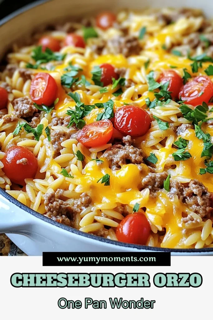 Looking for a quick and delicious meal? Try this cheeseburger orzo recipe that's perfect for busy weeknights! This one-pot orzo skillet combines ground beef, cheesy goodness, and cherry tomatoes for a hearty and satisfying dinner. In just 25 minutes, you'll have a creamy and flavorful ground beef orzo dish that the whole family will love. Save this easy dinner recipe for a stress-free cooking night! #CheeseburgerOrzo #OnePotMeals #EasyDinnerRecipes #CheesyPasta