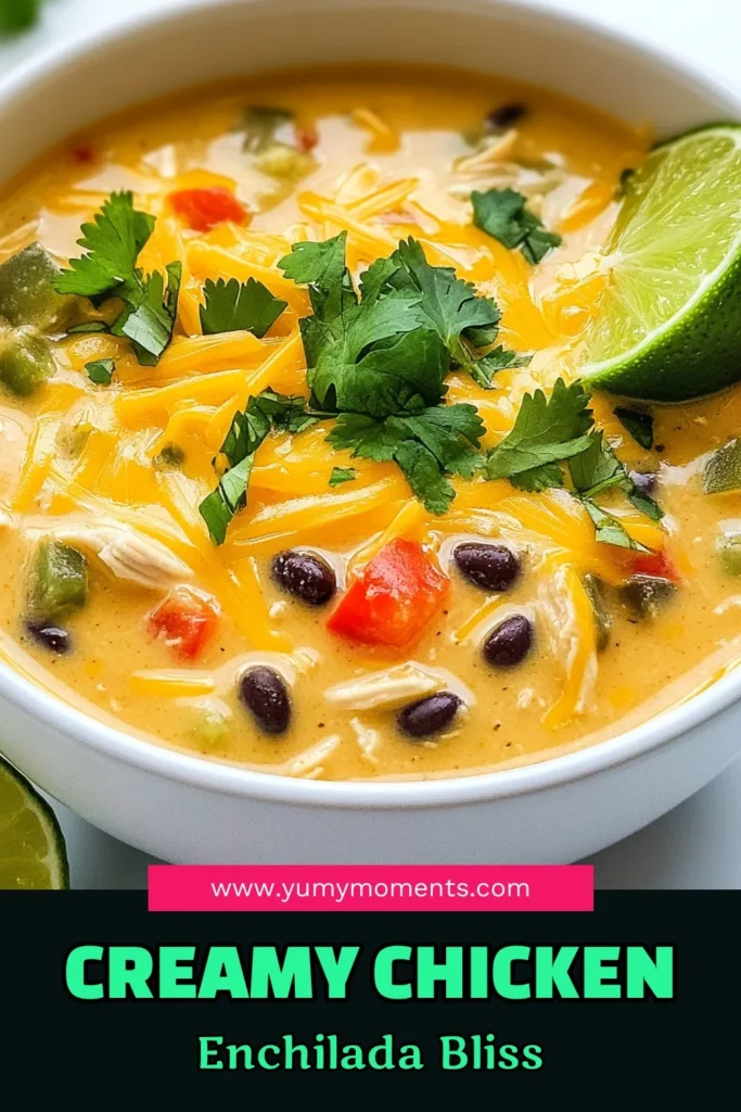 Warm up with this delicious Creamy Chicken Enchilada Soup, the ultimate comfort food soup! This easy chicken soup recipe blends tender shredded chicken with zesty spices, cheesy goodness, and hearty veggies. Perfect for your slow cooker or stovetop! Whip up a batch of this Cheesy Chicken Enchiladas-inspired soup that'll surely please everyone. Don't miss out, save this recipe for your cozy nights! #CreamyChickenEnchiladaSoup #EasyChickenSoupRecipe #ComfortFood #SlowCookerRecipes