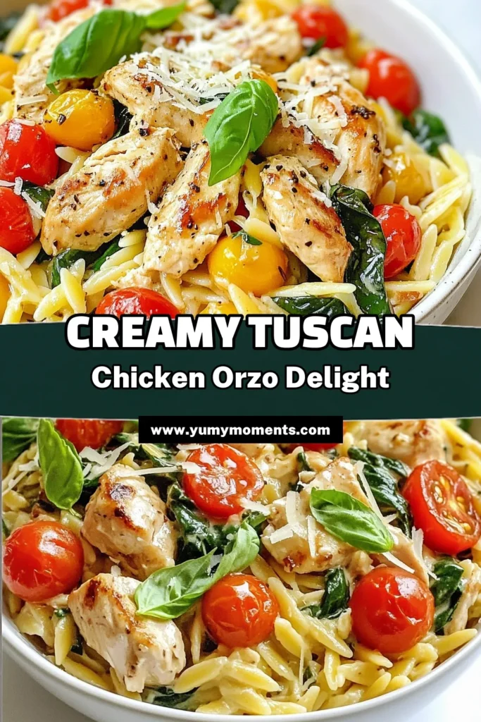 Elevate your dinner with this creamy Tuscan chicken orzo recipe, a delightful blend of flavors in an easy orzo recipe that anyone can make. This chicken orzo pasta dish combines tender chicken, fresh spinach, and cherry tomatoes, making it a perfect choice for Italian chicken recipes lovers. Enjoy a creamy chicken pasta dinner that's quick, satisfying, and sure to impress. Save this recipe and delight in a delicious meal tonight! #CreamyTuscanChickenOrzo #EasyOrzoRecipes #ChickenOrzoPasta #ItalianChickenRecipes