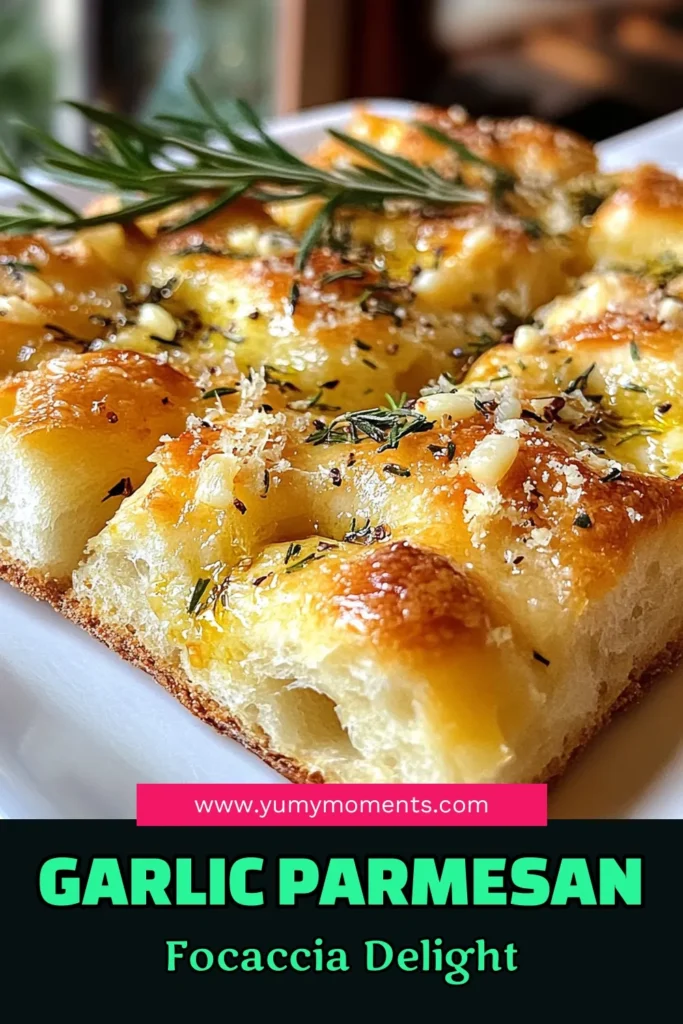 Indulge in the irresistible flavors of Garlic Parmesan Focaccia with this easy focaccia bread recipe. Perfect for beginners, this homemade focaccia recipe combines aromatic garlic and savory Parmesan for a delightful treat. You won't believe how simple it is to make herb focaccia bread that your family will love! Save this recipe today and elevate your bread game. Enjoy with a side of marinara or olive oil! #GarlicParmesanFocaccia #EasyFocacciaBread #ParmesanGarlicBread #HerbFocacciaBreadRecipe