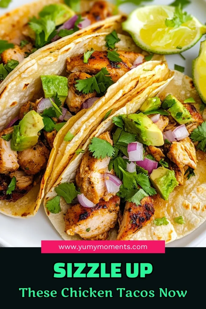 Get ready for a flavor explosion with these sizzling chicken tacos! This easy street tacos recipe features marinated grilled chicken thighs, topped with fresh cilantro, lime, and creamy avocado. Perfect as easy chicken tacos for any occasion, these cilantro lime tacos will be a hit. Explore this grilled chicken tacos recipe and enjoy a delicious meal at home. Click to save and try this scrumptious dish! #StreetTacos #ChickenTacos #EasyRecipe #TacoNight