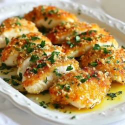 - 4 boneless, skinless chicken breasts - 1 cup panko breadcrumbs - 1 cup grated Parmesan cheese - 2 teaspoons garlic powder - 1 teaspoon paprika - 1 teaspoon dried Italian herbs (oregano, basil, thyme blend) - Salt and pepper to taste - 2 large eggs, beaten - ¼ cup all-purpose flour - ½ cup olive oil (for frying) To make the chicken crispy and flavorful, you need panko breadcrumbs and Parmesan cheese. The garlic powder and herbs add depth. - 6 cloves garlic, minced - 1 tablespoon unsalted butter - 1 teaspoon crushed red pepper flakes (optional, for heat) - ½ cup chicken broth - 2 tablespoons fresh parsley, chopped (for garnish) The garlic sauce is rich and savory. Fresh garlic gives it a strong flavor. The butter adds richness, while the chicken broth adds depth. - Large skillet - Baking sheet - Parchment paper - Three shallow bowls for dredging - Small saucepan Using the right tools helps make the cooking process smooth. A large skillet ensures even cooking, while parchment paper makes cleanup easy. {{ingredient_image_2}} Start by preheating your oven to 400°F (200°C). This helps the chicken cook evenly. Line a baking sheet with parchment paper for easy cleanup. In a shallow bowl, mix the panko breadcrumbs, grated Parmesan cheese, garlic powder, paprika, dried Italian herbs, salt, and pepper. Stir well to blend all the flavors. Next, set up your dredging station. You need three shallow bowls: one for the beaten eggs, one for the flour, and one for the breadcrumb mix. Take a chicken breast, dip it in the flour first. Shake off any extra flour. Then, dip it into the beaten eggs, letting any excess drip off. Finally, coat it in the panko-Parmesan mix. Press down gently to make sure it sticks well. Repeat this for all the chicken breasts. In a large skillet, heat the olive oil over medium heat. You want the oil hot, but not smoking. Carefully place your coated chicken breasts in the hot oil. Cook each piece for about 3-4 minutes on one side. Flip and cook for another 3-4 minutes, until they turn golden brown. If your skillet is small, cook the chicken in batches. This helps them crisp up nicely. Once browned, transfer the chicken to your prepared baking sheet. Bake the chicken in the oven for 15-20 minutes. Use a meat thermometer to check the inside. It should reach 165°F (75°C) for safe eating. While the chicken bakes, let’s make the garlic sauce. In a small saucepan, melt the unsalted butter over medium heat. Add the minced garlic and sauté for 1-2 minutes. Watch closely so it doesn’t burn. When the garlic smells good and looks golden, pour in the chicken broth. Let it simmer gently for 3-5 minutes. If you like it spicy, stir in crushed red pepper flakes now. Once the chicken is done baking, drizzle the garlic sauce over the top. This adds a rich flavor and makes the dish shine. Finish with fresh parsley for a pop of color. Enjoy your Crispy Parmesan Chicken with Garlic Sauce! To get that perfect crispy texture, follow these steps: - Use panko breadcrumbs. They are lighter and crispier than regular breadcrumbs. - Make sure to press the breadcrumb mixture firmly onto the chicken. This helps it stick better. - Fry in hot oil. Heat the olive oil until it shimmers before adding the chicken. - Avoid overcrowding the skillet. This keeps the oil hot and helps the chicken fry evenly. Cooking at the right temperatures is key for crispy chicken: - Start by frying the chicken on medium heat. This browns the outside without burning it. - After frying, bake the chicken at 400°F (200°C). This ensures it cooks through while keeping it crispy. - Always check the oil temperature. It should be around 350°F (175°C) for frying. Checking if your chicken is done is easy and important: - Use a meat thermometer. The internal temperature should reach 165°F (75°C). - If you don't have a thermometer, cut into the thickest part of the chicken. The juices should run clear, not pink. - Let the chicken rest for a few minutes after baking. This keeps it juicy and flavorful. Pro Tips Use Fresh Ingredients: Always opt for fresh garlic and high-quality chicken for the best flavor and texture in your dish. Double-Dip for Extra Crunch: For an even crispier crust, consider double-dipping the chicken in the egg and breadcrumb mixture. Let It Rest: After frying, let the chicken rest for a few minutes before serving to allow the juices to redistribute. Adjust Spice Level: Modify the amount of crushed red pepper flakes in the garlic sauce based on your preference for heat. {{image_4}} You can switch up the breading for your chicken. Instead of panko, try crushed cornflakes for a crunchier bite. You could also use regular breadcrumbs if that’s what you have on hand. For a nutty flavor, coat the chicken with finely ground almonds or walnuts. Each option gives the chicken a unique taste and texture. You can make the garlic sauce even more special. Add lemon juice for brightness and a fresh taste. For a richer flavor, try adding cream to the sauce. You can also mix in fresh herbs like thyme or rosemary for extra aroma. If you love spicy food, add more red pepper flakes or a dash of hot sauce. Don’t worry if you don’t have chicken breasts. You can use chicken thighs, which stay juicy and full of flavor. If you want a lighter option, try using turkey cutlets. For a vegetarian twist, use thick slices of eggplant or zucchini. Just adjust the cooking time as needed for different proteins or veggies. To keep your crispy Parmesan chicken fresh, let it cool down first. Place the chicken in an airtight container. Store it in the fridge for up to three days. If you want to enjoy it later, keep the garlic sauce separate. This helps to keep the chicken crispy. When you're ready to eat the leftovers, preheat your oven to 350°F (175°C). Place the chicken on a baking sheet lined with foil. Heat it for about 10-15 minutes. This method keeps the chicken crispy. You can also reheat the garlic sauce in a small pot over low heat. Stir frequently to prevent burning. To freeze the chicken, wrap each piece well in plastic wrap. Then, place them in a freezer bag. You can freeze it for up to three months. When you're ready to eat, thaw it in the fridge overnight. Reheat as mentioned above for the best results. Yes, you can make this recipe gluten-free. Use gluten-free panko breadcrumbs instead of regular ones. You can also swap all-purpose flour for a gluten-free flour blend. This way, you keep the crispy texture without gluten. Make sure to check all labels for hidden gluten in other ingredients. Crispy Parmesan Chicken pairs well with many sides. Here are some ideas: - Roasted vegetables like carrots or broccoli - A fresh green salad with lemon vinaigrette - Garlic mashed potatoes for a creamy contrast - Quinoa or rice for a hearty option These sides will make your meal more complete and tasty. To adjust the spice level, you can add or reduce crushed red pepper flakes. Start with a small amount if you want mild heat. If you like it spicy, add more to taste. You can also add a pinch of black pepper for an extra kick. Just remember to taste as you go! This blog post covered how to make crispy Parmesan chicken with a tasty garlic sauce. We explored main ingredients, step-by-step instructions, and key tips for success. I also shared variations, storage info, and answers to common questions. Enjoy your cooking! With these tips, you can create a delicious meal that impresses everyone. Dive in and enjoy the flavors you create!