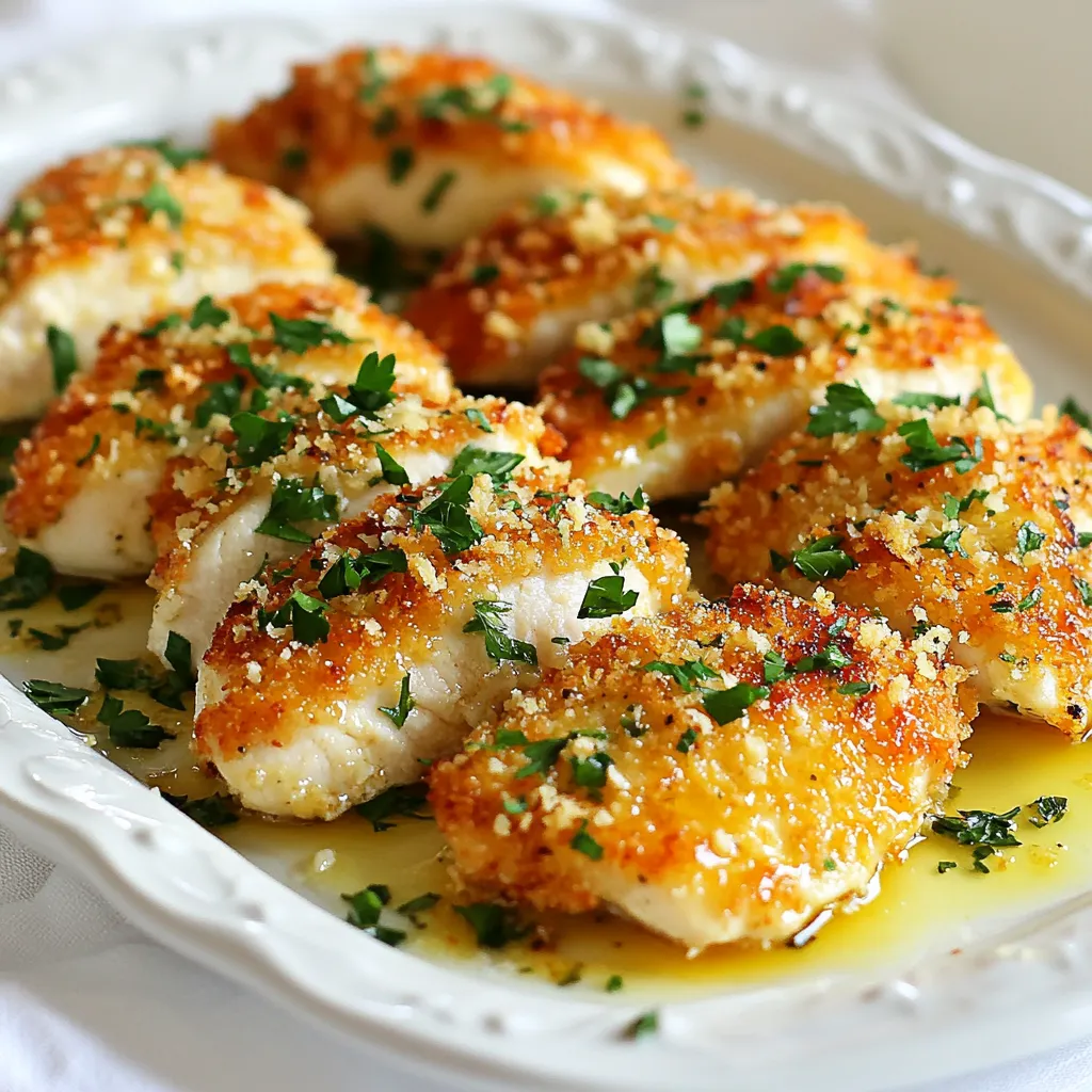 - 4 boneless, skinless chicken breasts - 1 cup panko breadcrumbs - 1 cup grated Parmesan cheese - 2 teaspoons garlic powder - 1 teaspoon paprika - 1 teaspoon dried Italian herbs (oregano, basil, thyme blend) - Salt and pepper to taste - 2 large eggs, beaten - ¼ cup all-purpose flour - ½ cup olive oil (for frying) To make the chicken crispy and flavorful, you need panko breadcrumbs and Parmesan cheese. The garlic powder and herbs add depth. - 6 cloves garlic, minced - 1 tablespoon unsalted butter - 1 teaspoon crushed red pepper flakes (optional, for heat) - ½ cup chicken broth - 2 tablespoons fresh parsley, chopped (for garnish) The garlic sauce is rich and savory. Fresh garlic gives it a strong flavor. The butter adds richness, while the chicken broth adds depth. - Large skillet - Baking sheet - Parchment paper - Three shallow bowls for dredging - Small saucepan Using the right tools helps make the cooking process smooth. A large skillet ensures even cooking, while parchment paper makes cleanup easy. {{ingredient_image_2}} Start by preheating your oven to 400°F (200°C). This helps the chicken cook evenly. Line a baking sheet with parchment paper for easy cleanup. In a shallow bowl, mix the panko breadcrumbs, grated Parmesan cheese, garlic powder, paprika, dried Italian herbs, salt, and pepper. Stir well to blend all the flavors. Next, set up your dredging station. You need three shallow bowls: one for the beaten eggs, one for the flour, and one for the breadcrumb mix. Take a chicken breast, dip it in the flour first. Shake off any extra flour. Then, dip it into the beaten eggs, letting any excess drip off. Finally, coat it in the panko-Parmesan mix. Press down gently to make sure it sticks well. Repeat this for all the chicken breasts. In a large skillet, heat the olive oil over medium heat. You want the oil hot, but not smoking. Carefully place your coated chicken breasts in the hot oil. Cook each piece for about 3-4 minutes on one side. Flip and cook for another 3-4 minutes, until they turn golden brown. If your skillet is small, cook the chicken in batches. This helps them crisp up nicely. Once browned, transfer the chicken to your prepared baking sheet. Bake the chicken in the oven for 15-20 minutes. Use a meat thermometer to check the inside. It should reach 165°F (75°C) for safe eating. While the chicken bakes, let’s make the garlic sauce. In a small saucepan, melt the unsalted butter over medium heat. Add the minced garlic and sauté for 1-2 minutes. Watch closely so it doesn’t burn. When the garlic smells good and looks golden, pour in the chicken broth. Let it simmer gently for 3-5 minutes. If you like it spicy, stir in crushed red pepper flakes now. Once the chicken is done baking, drizzle the garlic sauce over the top. This adds a rich flavor and makes the dish shine. Finish with fresh parsley for a pop of color. Enjoy your Crispy Parmesan Chicken with Garlic Sauce! To get that perfect crispy texture, follow these steps: - Use panko breadcrumbs. They are lighter and crispier than regular breadcrumbs. - Make sure to press the breadcrumb mixture firmly onto the chicken. This helps it stick better. - Fry in hot oil. Heat the olive oil until it shimmers before adding the chicken. - Avoid overcrowding the skillet. This keeps the oil hot and helps the chicken fry evenly. Cooking at the right temperatures is key for crispy chicken: - Start by frying the chicken on medium heat. This browns the outside without burning it. - After frying, bake the chicken at 400°F (200°C). This ensures it cooks through while keeping it crispy. - Always check the oil temperature. It should be around 350°F (175°C) for frying. Checking if your chicken is done is easy and important: - Use a meat thermometer. The internal temperature should reach 165°F (75°C). - If you don't have a thermometer, cut into the thickest part of the chicken. The juices should run clear, not pink. - Let the chicken rest for a few minutes after baking. This keeps it juicy and flavorful. Pro Tips Use Fresh Ingredients: Always opt for fresh garlic and high-quality chicken for the best flavor and texture in your dish. Double-Dip for Extra Crunch: For an even crispier crust, consider double-dipping the chicken in the egg and breadcrumb mixture. Let It Rest: After frying, let the chicken rest for a few minutes before serving to allow the juices to redistribute. Adjust Spice Level: Modify the amount of crushed red pepper flakes in the garlic sauce based on your preference for heat. {{image_4}} You can switch up the breading for your chicken. Instead of panko, try crushed cornflakes for a crunchier bite. You could also use regular breadcrumbs if that’s what you have on hand. For a nutty flavor, coat the chicken with finely ground almonds or walnuts. Each option gives the chicken a unique taste and texture. You can make the garlic sauce even more special. Add lemon juice for brightness and a fresh taste. For a richer flavor, try adding cream to the sauce. You can also mix in fresh herbs like thyme or rosemary for extra aroma. If you love spicy food, add more red pepper flakes or a dash of hot sauce. Don’t worry if you don’t have chicken breasts. You can use chicken thighs, which stay juicy and full of flavor. If you want a lighter option, try using turkey cutlets. For a vegetarian twist, use thick slices of eggplant or zucchini. Just adjust the cooking time as needed for different proteins or veggies. To keep your crispy Parmesan chicken fresh, let it cool down first. Place the chicken in an airtight container. Store it in the fridge for up to three days. If you want to enjoy it later, keep the garlic sauce separate. This helps to keep the chicken crispy. When you're ready to eat the leftovers, preheat your oven to 350°F (175°C). Place the chicken on a baking sheet lined with foil. Heat it for about 10-15 minutes. This method keeps the chicken crispy. You can also reheat the garlic sauce in a small pot over low heat. Stir frequently to prevent burning. To freeze the chicken, wrap each piece well in plastic wrap. Then, place them in a freezer bag. You can freeze it for up to three months. When you're ready to eat, thaw it in the fridge overnight. Reheat as mentioned above for the best results. Yes, you can make this recipe gluten-free. Use gluten-free panko breadcrumbs instead of regular ones. You can also swap all-purpose flour for a gluten-free flour blend. This way, you keep the crispy texture without gluten. Make sure to check all labels for hidden gluten in other ingredients. Crispy Parmesan Chicken pairs well with many sides. Here are some ideas: - Roasted vegetables like carrots or broccoli - A fresh green salad with lemon vinaigrette - Garlic mashed potatoes for a creamy contrast - Quinoa or rice for a hearty option These sides will make your meal more complete and tasty. To adjust the spice level, you can add or reduce crushed red pepper flakes. Start with a small amount if you want mild heat. If you like it spicy, add more to taste. You can also add a pinch of black pepper for an extra kick. Just remember to taste as you go! This blog post covered how to make crispy Parmesan chicken with a tasty garlic sauce. We explored main ingredients, step-by-step instructions, and key tips for success. I also shared variations, storage info, and answers to common questions. Enjoy your cooking! With these tips, you can create a delicious meal that impresses everyone. Dive in and enjoy the flavors you create!