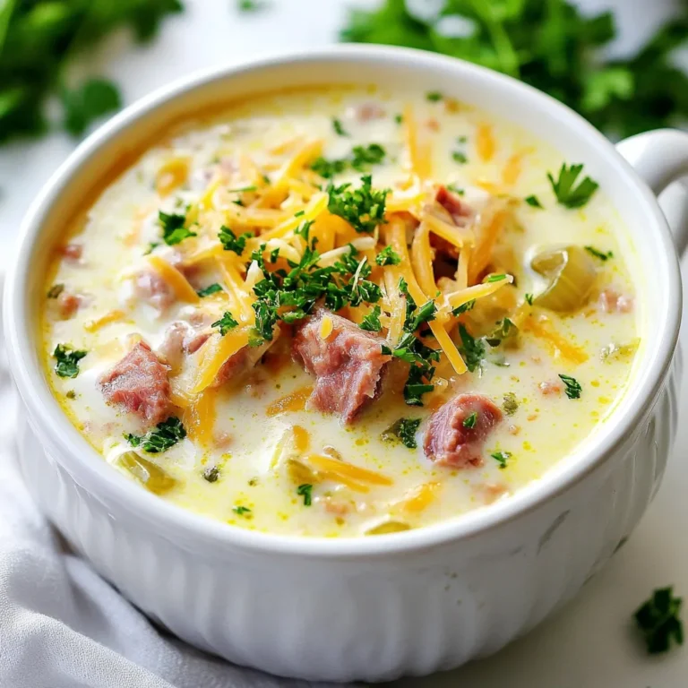 To make a delicious Creamy Reuben Soup, gather these simple ingredients: - 1 tablespoon olive oil - 1 medium onion, diced - 2 cloves garlic, minced - 3 cups corned beef, chopped into bite-sized pieces - 4 cups beef broth - 1 cup sauerkraut, drained and rinsed thoroughly - 1 tablespoon Dijon mustard - 1 teaspoon caraway seeds - 1 cup heavy cream - 1 cup shredded Swiss cheese - Salt and freshly ground black pepper to taste - Fresh parsley, chopped (for garnish) These ingredients combine to create a rich and hearty soup. The corned beef adds flavor, while the Swiss cheese provides creaminess. Each ingredient plays a role in making this soup special. The sauerkraut adds a tangy bite that balances the creaminess. Fresh parsley at the end adds a pop of color and freshness. Choose high-quality ingredients for the best result. This soup is comfort food at its finest. {{ingredient_image_2}} 1. Heat olive oil and sauté onion Start by heating a tablespoon of olive oil in a large pot over medium heat. Once the oil is hot, add a diced medium onion. Sauté the onion for about five minutes until it turns soft and translucent. This step builds the base flavor for your soup. 2. Add garlic and chopped corned beef Next, toss in two minced cloves of garlic. Cook for one more minute, stirring often. You want the garlic to smell great but not brown. Then, add three cups of chopped corned beef to the pot. Cook this mixture for three to four minutes. This will warm the beef and mix all the flavors. 3. Incorporate beef broth and simmer Now, pour in four cups of beef broth. Bring this mixture to a gentle simmer. This step allows the flavors to blend together beautifully. 4. Stir in sauerkraut, mustard, and caraway seeds Add one cup of rinsed sauerkraut to the pot. Then, mix in one tablespoon of Dijon mustard and one teaspoon of caraway seeds. Let the soup simmer for another ten minutes. This is where the soup gets its signature Reuben flavors. 5. Reduce heat and mix in heavy cream and cheese Lower the heat. Gradually stir in one cup of heavy cream. This makes the soup creamy and rich. Cook for about five minutes, stirring occasionally. Finally, add one cup of shredded Swiss cheese. Mix until the cheese is melted and the soup is thick and luxurious. Taste and add salt and fresh black pepper as desired. 6. Serve and garnish Ladle the hot soup into bowls. Garnish with freshly chopped parsley for a pop of color. Enjoy your hearty, creamy Reuben soup! How to properly prepare corned beef Start with high-quality corned beef. Rinse it under cold water. This removes excess salt. Cut it into bite-sized pieces for easy eating. Heat it in the pot until warmed through. This helps mix flavors well throughout the soup. Best practices for simmering soup Bring your soup to a gentle boil. Then, lower the heat to a simmer. Simmering helps flavors blend beautifully. Keep the lid on but leave a small gap. This lets some steam escape, thickening the soup. Achieving the perfect creamy texture Low heat is key when adding heavy cream. Stir it in slowly to avoid curdling. Adding Swiss cheese at the end helps create a smooth finish. Mix it until fully melted for that rich taste. Best garnishes for Creamy Reuben Soup Chop fresh parsley for a bright touch. You can also add croutons for crunch. A swirl of extra cream can make it look fancy. Suggested accompaniments and sides Serve the soup with crusty bread or a warm sandwich. A simple side salad can balance the meal. These pair well with the rich flavors of the soup. Adjusting ingredient ratios for desired flavors If you like it tangy, add more sauerkraut or mustard. For a richer taste, increase the cream or cheese. Adjust salt and pepper to fit your taste. Pro Tips Use Quality Corned Beef: For the best flavor, choose high-quality corned beef from a trusted source, preferably freshly made or from a deli. Rinse the Sauerkraut: Rinsing the sauerkraut removes excess salt and acidity, ensuring a balanced flavor in your soup. Thicken Slowly: Gradually stir in the heavy cream to avoid curdling and help create a smooth, creamy texture in your soup. Garnish for Freshness: Adding freshly chopped parsley not only enhances the presentation but also adds a pop of fresh flavor to the rich soup. {{image_4}} You can easily swap out ingredients in Creamy Reuben Soup. If you prefer turkey or chicken, use those meats instead of corned beef. They will still keep the soup hearty. For those avoiding dairy, try coconut cream or cashew cream. These can give you a rich texture without the dairy. If you want a vegetarian option, consider using tempeh or seitan. Both mimic the texture of corned beef quite well. To add some kick, consider spices like cayenne or red pepper flakes. These will bring warmth to the soup. Experimenting with different mustards can also change the flavor. Spicy brown mustard or honey mustard can add unique twists. For an extra veggie boost, chop up carrots, celery, or bell peppers. These will enhance both the taste and nutrition of your soup. To keep your Creamy Reuben Soup fresh, follow these simple steps: - Refrigerating Leftovers: Allow the soup to cool first. Then, pour it into an airtight container. Store it in the fridge for up to 3 days. The soup may thicken as it cools, but it will still taste great. - Freezing Guidelines: For longer storage, you can freeze the soup. Use freezer-safe containers or bags. Make sure to leave some space at the top, as it will expand when frozen. It will stay good for about 3 months in the freezer. - Reheating Tips: When you're ready to enjoy your soup again, thaw it overnight in the fridge if frozen. Reheat it on the stove over low heat to keep it creamy. Stir often to avoid sticking. If it seems too thick, add a splash of broth or cream to bring back the texture. Enjoy the rich flavors just like the first time! Can I make Creamy Reuben Soup in advance? Yes, you can make Creamy Reuben Soup ahead of time. Just cool it, then store it in the fridge. It tastes great after a day or two. When you reheat, do it on low heat. Stir often to keep it smooth. Is it possible to make this soup gluten-free? Absolutely! To make this soup gluten-free, use gluten-free beef broth and ensure your corned beef is gluten-free. Always check labels to be sure. How long does Creamy Reuben Soup last in the fridge? Creamy Reuben Soup can stay fresh in the fridge for about three to four days. Keep it in an airtight container to maintain its flavor. What can I use instead of Swiss cheese? If you don't have Swiss cheese, try Gruyère or provolone. They melt well and give a nice flavor. You can also use cheddar for a sharper taste. How do I adjust the recipe for a larger serving? To serve more, simply double or triple the ingredients. Keep the cooking times the same, but ensure the pot is large enough for the extra soup. Can I add other ingredients for extra flavor? Yes! You can add more spices like smoked paprika or a dash of hot sauce for heat. Chopped carrots or celery can also give a nice crunch. In this article, we explored how to make Creamy Reuben Soup using simple ingredients like corned beef, sauerkraut, and Swiss cheese. I shared step-by-step instructions, cooking tips, and variations for personalizing the dish. Remember, you can adapt this recipe with different meats or make it vegetarian. Storing the soup properly keeps it fresh for later. Enjoy your cooking journey and taste the delightful flavors of this comforting soup.