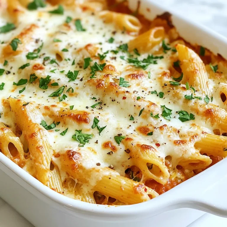 - 12 oz (340g) penne pasta - 3 tablespoons olive oil - 6 garlic cloves, finely minced - 2 cups ricotta cheese - 1 1/2 cups grated Parmesan cheese, divided into two portions - 1 cup shredded mozzarella cheese - 1 teaspoon red pepper flakes (optional for heat) - 3 cups fresh spinach, roughly chopped - 2 cups marinara sauce - 1 teaspoon Italian seasoning When making this Garlic Parmesan Pasta Bake, you need simple, fresh ingredients. First, penne pasta makes a great base. It holds the sauce well and has a nice bite. For flavor, olive oil and garlic are key. They create a tasty foundation. Next, the cheese brings creaminess and richness. I love using ricotta, Parmesan, and mozzarella. Ricotta makes the dish smooth and creamy. The Parmesan adds a sharp flavor. Finally, mozzarella gives that gooey, stretchy finish. For seasoning, you can spice things up with red pepper flakes. They add a hint of heat, but you can skip them if you prefer a milder taste. Fresh spinach adds color and nutrients. Marinara sauce ties everything together with its rich tomato flavor. Lastly, Italian seasoning gives that classic herbal touch. With these ingredients, you're set to create a hearty and satisfying meal! {{ingredient_image_2}} 1. First, preheat your oven to 375°F (190°C). This is key for that perfect bake. 2. Next, bring a large pot of salted water to a boil. Cook the penne pasta until it is al dente. This means it should still have some bite. Once done, drain the pasta and set it aside. 3. In a large skillet, pour in the olive oil and heat over medium heat. Add the minced garlic and sauté for about 2 minutes. Stir constantly until the garlic smells great but does not brown. 4. If you like a bit of heat, add the red pepper flakes. Then toss in the chopped spinach. Cook for 2-3 minutes until the spinach wilts and looks bright. 5. In a large mixing bowl, combine the cooked penne pasta, ricotta cheese, and 1 cup of grated Parmesan cheese. Pour in the marinara sauce next. Don't forget to add the sautéed garlic and spinach mix! 6. Add the Italian seasoning, salt, and pepper to taste. Gently mix everything until it is well combined. 7. Grease a 9x13 inch baking dish with cooking spray or olive oil. Pour the pasta mix into the dish and spread it out evenly. 8. Sprinkle the remaining 1/2 cup of grated Parmesan cheese over the top. Then add a layer of shredded mozzarella cheese. 9. Cover the dish tightly with aluminum foil. Place it in the oven and bake for 20 minutes. 10. After 20 minutes, carefully take off the foil. Return the dish to the oven and bake for another 10-15 minutes. You want the cheese on top to be bubbly and golden brown. 11. Once it is baked, take the dish out of the oven. Let it cool for a few minutes before serving. 12. Finally, garnish with fresh parsley for a nice touch before serving. - How to ensure al dente pasta: Cook the penne pasta in a large pot of salted boiling water. Check the package for cooking time. Start testing the pasta about two minutes early. You want it tender but still firm. This is what al dente means. Drain the pasta and set it aside. - Best practices for sautéing garlic: Use medium heat and a good amount of olive oil. Add minced garlic to the hot oil. Stir it constantly for about two minutes. You want the garlic fragrant, not brown. If it turns brown, it will taste bitter. - Pairing with salads or bread: This pasta bake goes well with a crisp green salad. A simple side salad adds freshness. You can also serve it with warm garlic bread for a hearty meal. The bread helps to soak up the cheesy sauce. - Presentation tips for serving: Serve the bake straight from the dish for a cozy look. If you want a fancy touch, scoop servings into individual bowls. A sprinkle of parsley on top adds color and makes it look great. - Recommended herbs and spices: Fresh basil or oregano can brighten the dish. You can sprinkle some dried herbs on top before serving. This adds an extra layer of flavor. - Optional add-ins for a twist: Mix in cooked chicken or sausage for protein. You can also add roasted veggies like bell peppers or zucchini. These add flavor and color to the dish. Pro Tips Use Fresh Ingredients: Fresh spinach and high-quality cheese will enhance the overall flavor of your dish, making it more vibrant and delicious. Adjust the Spice Level: If you're a fan of heat, feel free to increase the amount of red pepper flakes or add a pinch of cayenne pepper for an extra kick. Make Ahead: You can prepare the pasta mixture a day in advance, cover it, and store it in the fridge. Just add a few extra minutes to the baking time if it's cold from the fridge. Experiment with Cheese: Try mixing in different types of cheese like fontina or gouda for a unique twist on this classic dish. {{image_4}} You can make this dish even heartier by adding protein. Chicken or sausage works great. For chicken, use cooked, shredded pieces. Mix them into the pasta before baking. If you love sausage, slice it and brown it first. Then, add it to the mix. Vegetarians can enjoy this dish too. Try adding beans or lentils for protein. You can also toss in some sautéed mushrooms for a nice texture. These swaps keep the meal filling and tasty. You can change up the pasta type based on your taste. While penne is great, you can use rotini or shells for fun shapes. They hold sauce well and add to the dish's look. Just make sure to cook them al dente. If you need gluten-free options, use gluten-free penne. Many brands offer tasty choices that work well in this recipe. They cook similarly, so you won't lose any flavor. Marinara sauce is a classic for this bake, but you can switch it up. Try using Alfredo sauce for a creamy twist. It pairs well with the garlic and cheese. For a homemade sauce, blend canned tomatoes, garlic, and herbs. Simmer it on low heat for a rich flavor. This gives you control over the spices and freshness. Experimenting with these variations keeps the dish exciting. You can customize it to your liking every time you make it! To store your leftover Garlic Parmesan Pasta Bake, let it cool first. Then, transfer it to an airtight container. This keeps it fresh and tasty. Use glass or plastic containers with tight-fitting lids. They help prevent moisture loss. You can freeze the pasta bake for longer storage. First, let it cool completely. Then, slice it into portions and wrap each piece tightly in plastic wrap. Place the wrapped pieces in a freezer-safe bag. This way, you can take out a single portion when needed. To reheat, first thaw it in the fridge overnight. Then, bake it at 350°F (175°C) until hot. In the fridge, your pasta bake lasts about 3 to 5 days. Always check for signs of spoilage before eating. If it smells off or has mold, it is best to throw it away. Can I make Garlic Parmesan Pasta Bake ahead of time? Yes, you can prepare this dish a day in advance. Simply follow the recipe up to the baking step. Cover and refrigerate the dish. When ready to bake, preheat the oven and bake it for a few extra minutes. This way, you save time on busy days. What can I substitute for ricotta cheese? If you do not have ricotta cheese, you can use cottage cheese. Blend it a bit for a smoother texture. Cream cheese is also a good choice. It will add richness to the dish. Greek yogurt can work too, though it may taste slightly tangy. How spicy is this dish with red pepper flakes? The red pepper flakes add a mild heat. If you are sensitive to spice, feel free to reduce the amount. You can also leave it out completely. The dish will still be tasty without the heat. Calories and macronutrients per serving Each serving has about 400 calories. It includes 15 grams of protein, 20 grams of fat, and 45 grams of carbs. The rich cheese and pasta make it filling and satisfying. Considerations for dietary restrictions This dish is not gluten-free due to the pasta. You can swap penne for gluten-free pasta. For dairy-free diets, use vegan cheese or a dairy-free ricotta option. Adjust the recipe to fit your needs. How to layer ingredients effectively Start with a layer of the pasta mixture at the bottom. Then add some cheese on top before the next layer. This creates a nice balance. Make sure each layer is even for the best baking results. Best practices for baking times and temperatures Bake at 375°F (190°C) for the best results. Cover with foil for the first part of baking. This helps cook the pasta evenly. Remove the foil in the last few minutes to brown the cheese nicely. Check for a bubbly, golden top before serving. This blog post covered all the key steps to make a delicious Garlic Parmesan Pasta Bake. We discussed main ingredients like penne pasta, cheese, and seasoning. I shared preparation steps and tips to ensure the best flavor. You also learned about variations, storage, and common questions. Cooking can be fun and simple. Try this recipe and make it your own. Enjoy sharing it with family and friends!