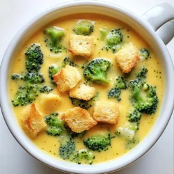 To make Cheesy Broccoli Cheddar Soup, you will need: - 4 cups fresh broccoli florets, chopped into bite-sized pieces - 1 medium onion, finely diced - 3 cloves garlic, minced - 4 cups vegetable broth (preferably low-sodium) - 2 cups shredded sharp cheddar cheese - 1 cup whole milk - 1/2 cup heavy cream - 1/4 cup all-purpose flour - 1 teaspoon Dijon mustard - 1/2 teaspoon ground nutmeg - Salt and freshly cracked black pepper to taste - 2 tablespoons extra virgin olive oil For garnish, you can use: - Homemade or store-bought croutons When choosing ingredients, fresh broccoli is best for flavor and texture. Sharp cheddar cheese brings a strong taste. Using low-sodium broth helps control the saltiness of the soup. You can also swap heavy cream with a lighter option if you prefer. To start, heat 2 tablespoons of extra virgin olive oil in a large pot over medium heat. Once the oil shimmers, add 1 finely diced onion. Sauté the onion for about 5 minutes. It should become soft and see-through. Next, add 3 minced cloves of garlic. Sauté for another minute. This will give your soup a wonderful aroma. Now it’s time to create a roux. Sprinkle 1/4 cup of all-purpose flour over the onion and garlic. Mix it well so that it combines. Cook this mixture for about 2-3 minutes. You want it to turn a light golden color. Stir constantly to avoid sticking. After your roux is ready, slowly pour in 4 cups of vegetable broth. Whisk while you pour to prevent lumps. Bring this mixture to a gentle simmer. Now, add 4 cups of chopped broccoli florets. Cook for 10-12 minutes. The broccoli should be bright green and tender but still firm. Next, it’s time to blend. Use an immersion blender to puree the mixture to your desired smoothness. You can leave it a bit chunky for texture. Lower the heat, then mix in 1 cup of whole milk, 1/2 cup of heavy cream, 1 teaspoon of Dijon mustard, and 1/2 teaspoon of ground nutmeg. Stir everything until well combined. Finally, add 2 cups of shredded sharp cheddar cheese. Let it melt on low heat. Taste your soup and add salt and freshly cracked black pepper to your liking. You can adjust the seasoning until it’s just right. Enjoy your cheesy broccoli cheddar soup! To get the right texture, you can blend the soup smooth or keep it chunky. If you want a smooth soup, use an immersion blender. This tool lets you blend right in the pot. For a chunkier soup, blend only half. You can also use a regular blender in batches. Just let the soup cool a bit first to avoid splashes. You can add extra flavor with spices. Try a pinch of cayenne pepper or paprika for warmth. A dash of garlic powder can also boost taste. If you want to switch the cheese, go for Gruyère or Monterey Jack. They melt well and add a nice twist. When serving, ladle the soup into bowls. For a nice touch, swirl in some cream on top. A sprinkle of fresh parsley adds color. If you like crunch, top with croutons. Place them right before serving to keep them crisp. This makes your soup look appealing and inviting. {{image_4}} You can make your cheesy broccoli cheddar soup even better by adding some fun ingredients. Here are a few ideas: - Protein additions: You can toss in cooked chicken or white beans. Chicken adds heartiness, while beans give you fiber and plant protein. - Alternative vegetables: Try adding cauliflower or spinach. Cauliflower makes the soup creamier, and spinach adds a pop of color and nutrients. These add-ins can make your soup more filling and boost the health factor. If you have special dietary needs, you can still enjoy this soup. Here are some easy swaps: - Vegan and lactose-free swaps: Use plant-based cheese and almond milk in place of dairy. This keeps the taste creamy without the dairy. - Gluten-free options: Substitute all-purpose flour with cornstarch or a gluten-free flour blend. This way, everyone can enjoy the soup without worries. These changes let you enjoy this comforting dish, no matter your diet. To store your Cheesy Broccoli Cheddar Soup, first let it cool. Place it in an airtight container. This soup stays fresh in the fridge for up to three days. Make sure to keep it sealed well. If you want to enjoy it later, check for any signs of spoilage before eating. To freeze the soup, let it cool completely first. Pour it into freezer-safe containers, leaving space at the top. This allows for expansion. You can freeze it for up to three months. When you’re ready to eat it, take the soup out of the freezer. Move it to the fridge and let it thaw overnight. If you need it faster, you can thaw it in a microwave. Reheat it on the stove over medium heat. Stir until it’s hot throughout. If it seems too thick, add a splash of milk or broth to thin it out. Can I make this soup in advance? Yes, you can make this soup ahead of time. Store it in the fridge in an airtight container. It stays fresh for about 3-4 days. When ready to eat, just reheat it on the stove until warm. Is it possible to make this soup without cheese? Yes, you can make it without cheese. To keep it creamy, use more milk or a dairy substitute. You might miss the cheese flavor, but you can add nutritional yeast for a cheesy taste. Is this soup healthy? This soup has healthy ingredients like broccoli and low-sodium broth. It provides vitamins and fiber. However, it also has cream and cheese, which add calories and fat. Enjoy it in moderation. What is the calorie count per serving? Each serving has about 300 calories. This number may change based on your chosen ingredients and portion sizes. Check labels for more accurate counts. What to do if the soup is too thick/thin? If the soup is too thick, add more broth or milk bit by bit until it reaches your desired consistency. If it's too thin, simmer it longer to let it reduce, or mix in more flour to thicken. How to fix an overly salty soup? To fix salty soup, add more milk or cream to balance the saltiness. You can also add more broccoli or potatoes to absorb some salt. Taste as you go for the best results. In this post, I shared how to make a tasty cheesy broccoli cheddar soup. We covered ingredients, cooking steps, and helpful tips. You learned about variations and how to store leftovers. Remember, you can customize this soup to fit your needs. Making this soup is easy and fun. Whether you want it smooth or chunky, you have options. With a few tweaks, you can make it vegan or gluten-free. Enjoy making this dish and sharing it with others!