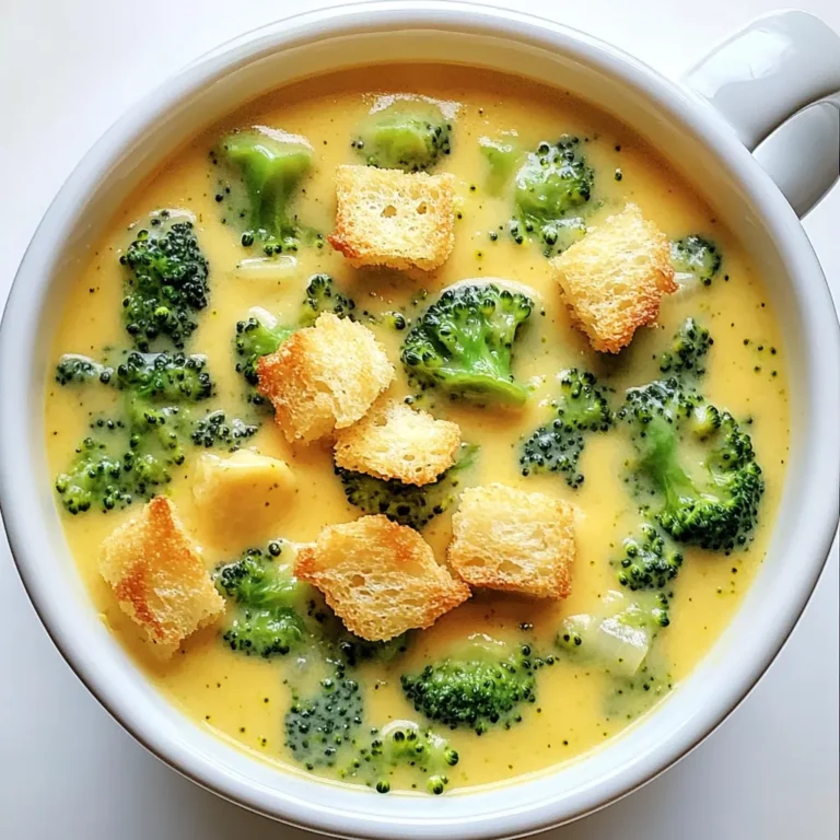 To make Cheesy Broccoli Cheddar Soup, you will need: - 4 cups fresh broccoli florets, chopped into bite-sized pieces - 1 medium onion, finely diced - 3 cloves garlic, minced - 4 cups vegetable broth (preferably low-sodium) - 2 cups shredded sharp cheddar cheese - 1 cup whole milk - 1/2 cup heavy cream - 1/4 cup all-purpose flour - 1 teaspoon Dijon mustard - 1/2 teaspoon ground nutmeg - Salt and freshly cracked black pepper to taste - 2 tablespoons extra virgin olive oil For garnish, you can use: - Homemade or store-bought croutons When choosing ingredients, fresh broccoli is best for flavor and texture. Sharp cheddar cheese brings a strong taste. Using low-sodium broth helps control the saltiness of the soup. You can also swap heavy cream with a lighter option if you prefer. To start, heat 2 tablespoons of extra virgin olive oil in a large pot over medium heat. Once the oil shimmers, add 1 finely diced onion. Sauté the onion for about 5 minutes. It should become soft and see-through. Next, add 3 minced cloves of garlic. Sauté for another minute. This will give your soup a wonderful aroma. Now it’s time to create a roux. Sprinkle 1/4 cup of all-purpose flour over the onion and garlic. Mix it well so that it combines. Cook this mixture for about 2-3 minutes. You want it to turn a light golden color. Stir constantly to avoid sticking. After your roux is ready, slowly pour in 4 cups of vegetable broth. Whisk while you pour to prevent lumps. Bring this mixture to a gentle simmer. Now, add 4 cups of chopped broccoli florets. Cook for 10-12 minutes. The broccoli should be bright green and tender but still firm. Next, it’s time to blend. Use an immersion blender to puree the mixture to your desired smoothness. You can leave it a bit chunky for texture. Lower the heat, then mix in 1 cup of whole milk, 1/2 cup of heavy cream, 1 teaspoon of Dijon mustard, and 1/2 teaspoon of ground nutmeg. Stir everything until well combined. Finally, add 2 cups of shredded sharp cheddar cheese. Let it melt on low heat. Taste your soup and add salt and freshly cracked black pepper to your liking. You can adjust the seasoning until it’s just right. Enjoy your cheesy broccoli cheddar soup! To get the right texture, you can blend the soup smooth or keep it chunky. If you want a smooth soup, use an immersion blender. This tool lets you blend right in the pot. For a chunkier soup, blend only half. You can also use a regular blender in batches. Just let the soup cool a bit first to avoid splashes. You can add extra flavor with spices. Try a pinch of cayenne pepper or paprika for warmth. A dash of garlic powder can also boost taste. If you want to switch the cheese, go for Gruyère or Monterey Jack. They melt well and add a nice twist. When serving, ladle the soup into bowls. For a nice touch, swirl in some cream on top. A sprinkle of fresh parsley adds color. If you like crunch, top with croutons. Place them right before serving to keep them crisp. This makes your soup look appealing and inviting. {{image_4}} You can make your cheesy broccoli cheddar soup even better by adding some fun ingredients. Here are a few ideas: - Protein additions: You can toss in cooked chicken or white beans. Chicken adds heartiness, while beans give you fiber and plant protein. - Alternative vegetables: Try adding cauliflower or spinach. Cauliflower makes the soup creamier, and spinach adds a pop of color and nutrients. These add-ins can make your soup more filling and boost the health factor. If you have special dietary needs, you can still enjoy this soup. Here are some easy swaps: - Vegan and lactose-free swaps: Use plant-based cheese and almond milk in place of dairy. This keeps the taste creamy without the dairy. - Gluten-free options: Substitute all-purpose flour with cornstarch or a gluten-free flour blend. This way, everyone can enjoy the soup without worries. These changes let you enjoy this comforting dish, no matter your diet. To store your Cheesy Broccoli Cheddar Soup, first let it cool. Place it in an airtight container. This soup stays fresh in the fridge for up to three days. Make sure to keep it sealed well. If you want to enjoy it later, check for any signs of spoilage before eating. To freeze the soup, let it cool completely first. Pour it into freezer-safe containers, leaving space at the top. This allows for expansion. You can freeze it for up to three months. When you’re ready to eat it, take the soup out of the freezer. Move it to the fridge and let it thaw overnight. If you need it faster, you can thaw it in a microwave. Reheat it on the stove over medium heat. Stir until it’s hot throughout. If it seems too thick, add a splash of milk or broth to thin it out. Can I make this soup in advance? Yes, you can make this soup ahead of time. Store it in the fridge in an airtight container. It stays fresh for about 3-4 days. When ready to eat, just reheat it on the stove until warm. Is it possible to make this soup without cheese? Yes, you can make it without cheese. To keep it creamy, use more milk or a dairy substitute. You might miss the cheese flavor, but you can add nutritional yeast for a cheesy taste. Is this soup healthy? This soup has healthy ingredients like broccoli and low-sodium broth. It provides vitamins and fiber. However, it also has cream and cheese, which add calories and fat. Enjoy it in moderation. What is the calorie count per serving? Each serving has about 300 calories. This number may change based on your chosen ingredients and portion sizes. Check labels for more accurate counts. What to do if the soup is too thick/thin? If the soup is too thick, add more broth or milk bit by bit until it reaches your desired consistency. If it's too thin, simmer it longer to let it reduce, or mix in more flour to thicken. How to fix an overly salty soup? To fix salty soup, add more milk or cream to balance the saltiness. You can also add more broccoli or potatoes to absorb some salt. Taste as you go for the best results. In this post, I shared how to make a tasty cheesy broccoli cheddar soup. We covered ingredients, cooking steps, and helpful tips. You learned about variations and how to store leftovers. Remember, you can customize this soup to fit your needs. Making this soup is easy and fun. Whether you want it smooth or chunky, you have options. With a few tweaks, you can make it vegan or gluten-free. Enjoy making this dish and sharing it with others!