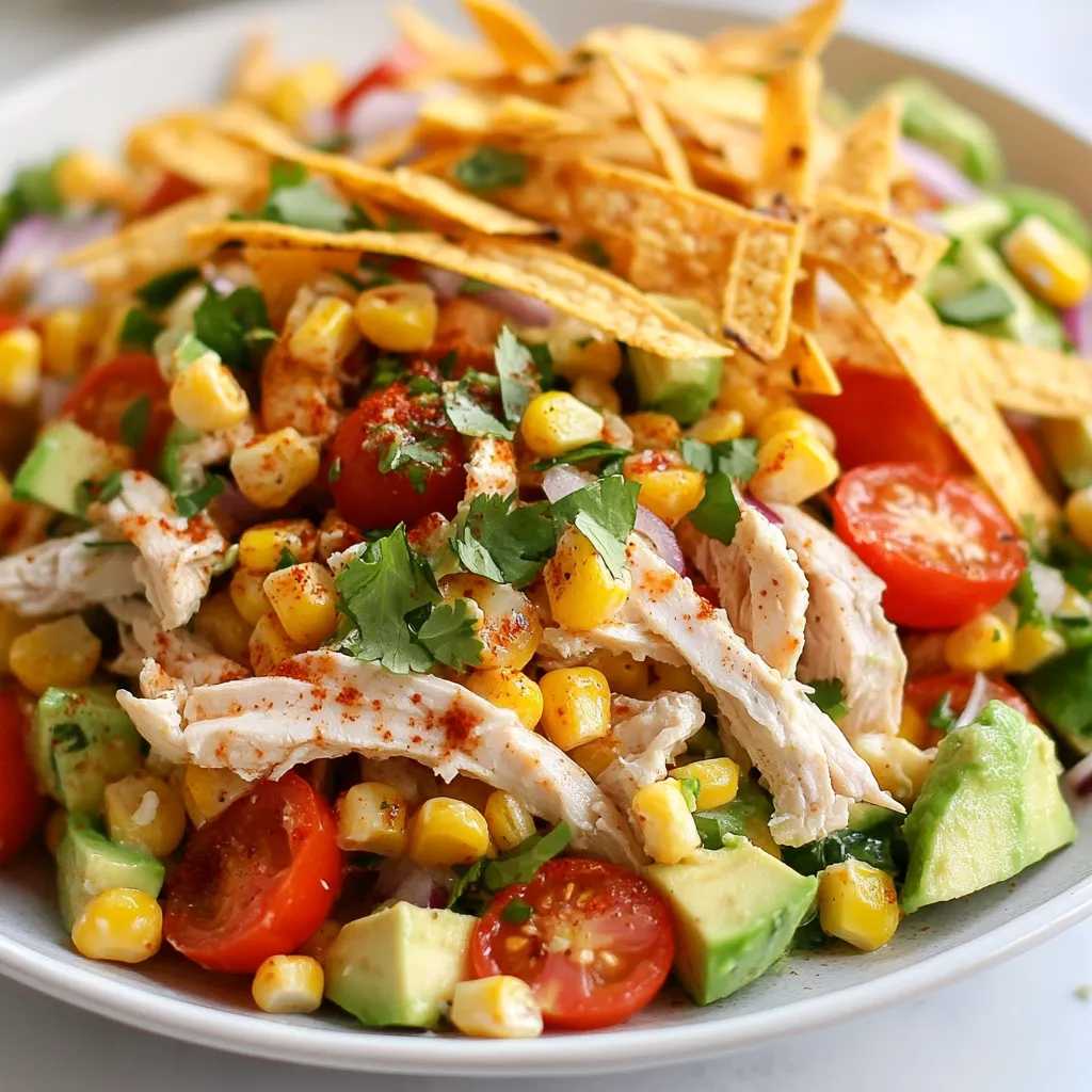 - 2 cups cooked chicken breast, shredded - 2 ears of fresh corn, husked and grilled (or 1 cup frozen corn, thawed) - 1 red bell pepper, diced - 1 ripe avocado, diced - 1 cup cherry tomatoes, halved - 1/4 cup red onion, finely chopped - 1/2 cup fresh cilantro, chopped - Crunchy tortilla strips (for garnish) The main ingredients create a lively mix of flavors and textures. The cooked chicken breast brings protein and heartiness. Fresh corn, grilled or thawed, adds a sweet taste. Diced red bell pepper offers color and crunch. Diced avocado brings creaminess. Cherry tomatoes add a burst of juiciness. Red onion gives a sharp bite, while cilantro adds freshness. The tortilla strips add the perfect crunch on top. - 1/2 cup creamy Greek yogurt - 1 tablespoon fresh lime juice - 1 teaspoon chili powder - Salt and pepper to taste The dressing plays a key role in tying all the flavors together. Creamy Greek yogurt provides a rich base. Fresh lime juice adds tanginess. Chili powder gives a mild kick. Finally, salt and pepper enhance the overall taste. This dressing makes the salad bright and flavorful. {{ingredient_image_2}} To start, you need to prepare the corn. If you have fresh corn, preheat your grill to medium-high heat. Grill the two ears of corn for about 10 minutes. Turn them often until they are lightly charred. After grilling, let them cool for a bit. Once cooled, cut the kernels off the cob. If you use frozen corn, it’s easy too! Heat a skillet over medium heat. Add one cup of thawed corn and cook for about 5 to 7 minutes. Sauté until it is warm and slightly caramelized. Allow the corn to cool completely before adding it to the salad. Now, let’s mix the dressing. In a small bowl, whisk together half a cup of creamy Greek yogurt, one tablespoon of fresh lime juice, and one teaspoon of chili powder. Add a good pinch of salt and pepper to taste. Mix well until everything is smooth and combined. Next, it’s time to combine the salad. In a large mixing bowl, add the following ingredients: 2 cups of shredded cooked chicken, the grilled corn kernels, one diced red bell pepper, one diced ripe avocado, one cup of halved cherry tomatoes, 1/4 cup of finely chopped red onion, and 1/2 cup of chopped fresh cilantro. Mix gently to combine all the ingredients without mashing the avocado. Finally, let’s dress the salad. Pour the dressing over the salad mixture. Using a spatula or large spoon, gently fold everything together. Make sure all the ingredients are coated in the dressing. Taste the salad and adjust the flavors as needed. You can add more salt, pepper, or lime juice if you like. When serving, transfer the salad to a decorative bowl or platter. Just before serving, sprinkle crunchy tortilla strips on top for a tasty crunch. Enjoy your fresh and flavorful street corn chicken salad! For great chicken, use cooked chicken breast. Shred it into bite-sized pieces. Season with salt and pepper. If you want more flavor, add garlic powder or smoked paprika. You can grill the chicken for extra taste. Just cook it until it reaches 165°F. This keeps it juicy and delicious. Balancing flavors is key. The sweetness of corn pairs well with the creamy yogurt. Use lime juice to add brightness. Add diced red bell pepper for crunch. The fresh cilantro brings a pop of flavor too. Taste as you mix. Adjust salt, pepper, or lime juice to suit your taste. You want every bite to make your taste buds happy. Make your salad look vibrant. Serve it on a large platter to impress. Top it with crunchy tortilla strips for a fun texture. Add more fresh cilantro and lime wedges around the edges. This not only looks great but also invites guests to add a squeeze of lime. A colorful salad is a tasty salad! Pro Tips Use Fresh Ingredients: Opt for fresh corn and ripe avocados for the best flavor and texture in your salad. Adjust the Spice Level: Feel free to increase or decrease the chili powder based on your spice preference. Make Ahead: Prepare the salad ingredients in advance, but add the dressing and tortilla strips just before serving to maintain freshness. Garnish Wisely: Use extra cilantro and lime wedges for garnishing to enhance the visual appeal and flavor profile of the salad. {{image_4}} You can change the protein in this salad to fit your taste. - Other meat options: Try grilled shrimp or diced turkey for a new twist. These meats will add different textures and flavors to the salad. You can also use rotisserie chicken for a quick option. - Vegetarian alternatives: If you want a veggie version, use black beans or chickpeas. These add protein and make the salad filling. You can also include tofu for a tasty choice. Spices can change how your salad tastes. - Adjusting spices and herbs: If you like it spicy, add more chili powder or diced jalapeños. You can also use smoked paprika for a deeper flavor. For a fresh taste, try adding lime zest or fresh mint. These small changes can make a big impact. Fresh ingredients can brighten your salad. - Incorporating fresh veggies or fruits: Depending on the season, you can add different veggies. In summer, try ripe peaches or cucumbers for sweetness. In fall, diced apples or roasted butternut squash will add warmth and flavor. Fresh herbs like basil or dill can make the salad taste vibrant and alive. These variations let you make the salad your own. Enjoy exploring new flavors and textures! To store your Street Corn Chicken Salad, place it in an airtight container. Make sure to cool the salad completely before sealing it. This helps keep the flavors fresh and prevents extra moisture. When properly stored, it can last in the fridge for about 3 days. Always check for any off smells or changes in texture before eating leftovers. If you want to freeze the salad, it’s best to store the dressing separately. This keeps the salad fresh when you thaw it. For freezing, place the salad in a freezer-safe container. It will last for about 2 months in the freezer. When you’re ready to eat it, thaw it overnight in the fridge. Reheat the chicken in a skillet or microwave, then mix it back into the salad. Street Corn Chicken Salad lasts about 3 days in the fridge. If stored properly, it can stay fresh for up to 2 months in the freezer. After this time, the quality may drop. Always check for any signs of spoilage before consuming. Yes, you can use canned corn. It's quick and easy. Just drain and rinse the corn. Canned corn has a softer texture. It may lack some of the fresh flavor. If you prefer a crunchier bite, fresh or frozen corn is better. Street corn chicken salad lasts about 3 to 5 days in the fridge. Store it in an airtight container. This keeps it fresh and safe to eat. If you notice any changes in smell or texture, it's best to toss it. You can add many tasty things! Here are some ideas: - Black beans for extra protein. - Jalapeños for a spicy kick. - Cotija cheese for a salty flavor. - Chopped green onions for a fresh taste. - Lime wedges for extra zing. These additions can make your salad even more exciting! This blog post covered how to make a delicious street corn chicken salad. We explored each step, from preparing corn to mixing the dressing and serving suggestions. You learned tips for perfecting flavors and presentation. We also discussed fun variations, storage info, and answered common questions. Remember, enjoy experimenting with different ingredients and flavors. Create your own unique twist on this salad. You’ll impress your friends and family every time!