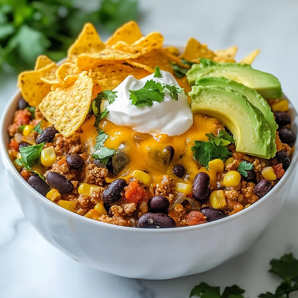 To make a delicious Crockpot Taco Casserole, you need a few key ingredients. Here’s the list: - 1 pound ground beef (or turkey) - 1 can (15 oz) black beans, drained and rinsed - 1 can (15 oz) kidney beans, drained and rinsed - 1 can (15 oz) corn, drained - 1 can (10 oz) diced tomatoes with green chilies - 1 packet (1 oz) taco seasoning - 1 cup shredded cheese (cheddar or Mexican blend) - 1 cup tortilla chips, crushed - 1 cup salsa Each ingredient adds its own flavor and texture. Ground beef or turkey provides protein and heartiness. The black beans and kidney beans add fiber and richness. Corn brings sweetness, and diced tomatoes add moisture. Taco seasoning gives it that classic taco taste. Salsa ties everything together, making the dish flavorful and zesty. The shredded cheese melts beautifully, creating a creamy top. Finally, crushed tortilla chips add crunch and make it fun to eat. Don’t forget optional toppings like sour cream, diced avocado, and fresh cilantro to enhance your dish even more! {{ingredient_image_2}} Browning the Ground Beef or Turkey Start by heating a large skillet over medium heat. Add 1 pound of ground beef or turkey. Cook the meat until it turns brown, which takes about 6 to 8 minutes. Stir it often to break it up. This step gives your casserole great flavor. Draining Excess Fat Once the meat is brown, take a slotted spoon and transfer it to a bowl. Drain any extra fat from the skillet. This keeps your casserole from being too greasy. Adding Beans, Tomatoes, and Seasoning Now, add the cooked meat to your crockpot. Next, add 1 can of black beans, 1 can of kidney beans, and 1 can of corn. Make sure they are all drained. Then, include 1 can of diced tomatoes with green chilies and 1 packet of taco seasoning. Stir everything well so the flavors mix. Mixing in Salsa Pour 1 cup of salsa over the mixture in the crockpot. Gently stir again until the salsa is spread evenly throughout the ingredients. This adds a nice kick to your dish. Cooking Times on Low and High Cover the crockpot with its lid. Set it to cook on low for 4 to 6 hours or high for 2 to 3 hours. This allows all the layers to heat through and blend together. Importance of Covered Cooking Keeping the lid on is key. It helps the casserole cook evenly and keeps the moisture inside. This makes sure every bite is juicy and tasty. Stirring in Tortilla Chips and Cheese About 30 minutes before serving, take 1 cup of crushed tortilla chips and stir them into the mixture. Add half of your shredded cheese at this point, mixing well until combined. This adds a nice crunch and flavor. Allowing Cheese to Melt Top the casserole with the rest of the shredded cheese. Cover the crockpot again and let it sit for 15 to 20 minutes. This melts the cheese perfectly, making it gooey and delicious. Substitutions for Beans and Meat You can swap the black and kidney beans for any beans you like. Try pinto beans or chickpeas for a new taste. If you prefer a different meat, ground turkey works great too. It gives a lighter flavor and less fat. Adding Vegetables for Extra Nutrition Want to boost the nutrition? Add diced bell peppers, zucchini, or spinach. These veggies blend well and add color. They also provide more vitamins and minerals. Just chop them small and mix them in with the beans and meat. Suggested Seasonings To make your casserole pop, try adding garlic powder or cumin. A dash of chili powder can also add a nice kick. Just a pinch can make a big difference in taste. Mix these spices in with the taco seasoning for extra flavor depth. Importance of Quality Salsa Never underestimate the power of salsa! A good quality salsa brings freshness. Choose a salsa with chunky tomatoes and vibrant flavors. It can really elevate your dish. Avoid bland options; they won't add the zest you want. Techniques for Presentation Serve your casserole in bright bowls for a fun look. A sprinkle of fresh cilantro adds a nice green touch. You can also create layers with the toppings, which makes it more appealing. This way, each bite looks as good as it tastes! Recommended Toppings for Extra Flavor Top your casserole with sour cream for creaminess. Diced avocado adds a rich flavor. For those who love spice, sliced jalapeños are a must. Each topping gives a unique taste, making every bite exciting. Pro Tips Use Lean Meat: Opt for lean ground beef or turkey to reduce the fat content in your casserole while still maintaining flavor. Layering Flavors: Consider adding a splash of lime juice or some chopped bell peppers for an extra layer of flavor and freshness. Customize Your Heat: Adjust the level of spiciness by choosing different brands of salsa or adding fresh jalapeños based on your preference. Make it Vegetarian: Substitute the meat with additional beans or lentils for a hearty vegetarian version that’s just as satisfying. {{image_4}} Want a meat-free option? You can use plant-based proteins. Try lentils or black bean crumbles. These choices add protein and keep the dish hearty. You can even mix different beans for fun flavors. Adding more vegetables is another great idea. Chopped bell peppers, corn, or zucchini work well. These vegetables boost nutrition and color. Just chop them small so they cook evenly in the crockpot. If you enjoy heat, add extra jalapeños. You can slice them and stir them into the mix. For a stronger kick, try using spicy salsa or taco seasoning. This extra spice adds bold flavor to each bite. Consider adding diced green chilies too. They bring a nice zing without overwhelming the dish. Adjust the spice level to fit your taste. Looking to cut carbs? Replacing tortilla chips is an easy fix. You can use crushed pork rinds instead. They add crunch without the carbs. Using zucchini or cauliflower rice is another smart option. These veggies create a great base for your casserole. They soak up the flavors and keep the dish light. Just be sure to chop them small for even cooking. After you enjoy your Crockpot Taco Casserole, store any leftovers in the fridge. Use an airtight container to keep it fresh. Leftovers should be eaten within three to four days. This ensures you enjoy the best taste and safety. If you want to save some for later, freezing is a great option. Use a freezer-safe container or a heavy-duty freezer bag. Leave some space for expansion. When you’re ready to eat, thaw it in the fridge overnight. To reheat, place it in a pot over low heat. Stir often until it warms up. You can also microwave it. Just heat it in short bursts, stirring in between. This keeps the casserole tasty and safe to eat. Yes, you can use frozen meat. However, you should thaw it before cooking. The best way to thaw meat is to place it in the fridge overnight. If you’re short on time, you can use the microwave. Just make sure to cook it right after thawing. Using thawed meat helps it cook evenly in the crockpot. To spice up your taco casserole, add more heat with jalapeños or hot sauce. You can also use a spicy taco seasoning mix. Another option is to add diced green chilies or crushed red pepper flakes. Each of these will bring a nice kick to your dish and please those who love spicy food. Cheddar cheese or a Mexican blend works best for this recipe. Both types melt nicely and add great flavor. Cheddar gives a sharp taste, while the Mexican blend adds creaminess. Using freshly shredded cheese will help it melt better than pre-shredded cheese. Yes, you can prepare this dish in advance. You can chop all the ingredients and mix them in the crockpot a day before. Just keep it in the fridge until you are ready to cook. This saves time and helps the flavors mix. You can also cook it ahead of time and reheat it later. This dish is easy and fun to make. We learned how to prepare a tasty casserole with ground meat, beans, and cheese. You can customize it to fit your tastes. Add veggies for nutrition or spice it up with jalapeños. Proper storage helps keep leftovers fresh, too. With many options and tips, this recipe offers joy in cooking. You can impress friends and family with this hearty meal. Enjoy making it!